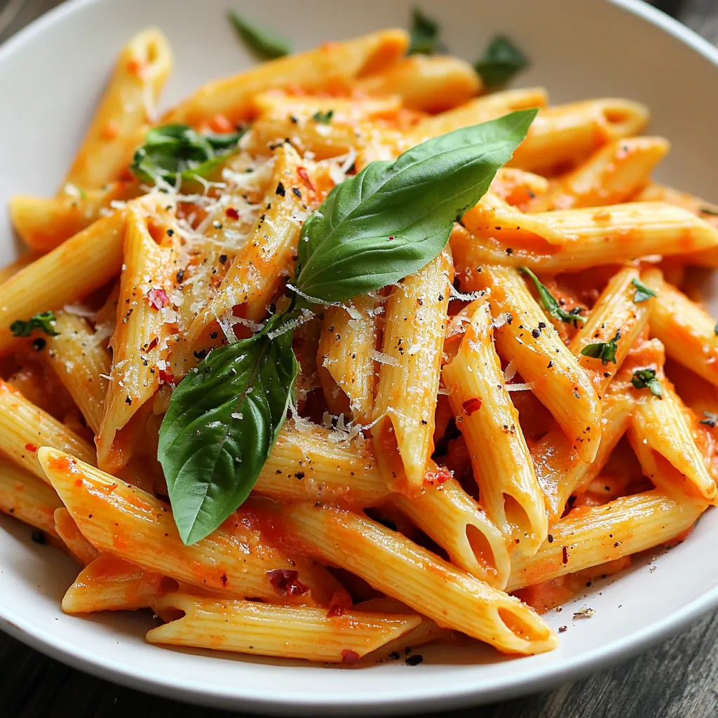 To make Gigi Hadid's spicy vodka pasta, gather these ingredients: - 12 oz (340g) penne pasta - 2 tablespoons extra virgin olive oil - 2 cloves garlic, minced - 1 small onion, finely chopped - 1 teaspoon red pepper flakes - 1 can (15 oz) crushed tomatoes - 1/2 cup heavy cream (or coconut cream) - 1/2 cup grated Parmesan cheese - Salt and freshly ground black pepper - Fresh basil leaves, for garnish If you have dietary needs, there are easy swaps: - Use gluten-free penne pasta for a gluten-free option. - Replace heavy cream with coconut cream for a dairy-free dish. - Nutritional yeast can replace Parmesan cheese for a vegan option. For the best flavor, use quality brands: - Pasta: Barilla or De Cecco for reliable penne. - Olive Oil: California Olive Ranch or Colavita for great taste. - Tomatoes: San Marzano for rich flavor in crushed tomatoes. - Cheese: BelGioioso for fresh Parmesan cheese. Choosing these brands can elevate your dish and ensure a tasty meal. {{ingredient_image_2}} First, grab a big pot. Fill it with water and add a pinch of salt. Bring it to a boil. Once it bubbles, add 12 ounces of penne pasta. Cook it until it is al dente, which means it should be firm but not hard. This usually takes about 10-12 minutes. Remember to save one cup of that pasta water before draining it. Set the pasta aside for later. Next, use that same pot to make your sauce. Pour in 2 tablespoons of extra virgin olive oil over medium heat. Add 2 minced cloves of garlic and 1 small finely chopped onion. Stir them for about 3-4 minutes. You want the onions to become clear and smell good. This is key for flavor! Now, it’s time to spice things up! Add 1 teaspoon of red pepper flakes. Stir for a minute to let the heat come out. Pour in 15 ounces of crushed tomatoes and mix it all together. Turn up the heat a bit. Let it simmer for 7-10 minutes. You want the sauce to thicken a little. After that, lower the heat and add ½ cup of heavy cream. Stir until it turns a nice pink. If it's too thick, add some of that pasta water you saved. Finally, fold in ½ cup of grated Parmesan cheese. Mix until it melts. Add salt and black pepper to taste. Toss in the cooked penne pasta, mixing well to coat every piece. Now, you're ready to serve! To change the spice in Gigi Hadid's spicy vodka pasta, focus on the red pepper flakes. Start with 1 teaspoon as the recipe suggests. If you like more heat, add more flakes. You can also use fresh chilies for a different kick. Remember, spice can build up, so taste as you go. This way, you find the heat that suits you best. The key to a creamy sauce lies in the heavy cream. Add it slowly and stir well. If the sauce is too thick, use some reserved pasta water. This water helps loosen the sauce without losing flavor. For a vegan twist, coconut cream works great too. It gives a rich texture and a hint of sweetness. For serving, I love using shallow bowls. This lets the sauce shine on top of the pasta. Fresh basil leaves add color and freshness. A sprinkle of extra Parmesan cheese is a must for flavor. If you want to make it fancy, drizzle a little olive oil on top. You can pair this pasta with a fresh salad or garlic bread for a full meal. Pro Tips Adjust the Spice Level: Feel free to modify the amount of red pepper flakes based on your spice tolerance. You can start with less and add more as needed to suit your taste. Cheese Variations: For a different flavor profile, try using Pecorino Romano cheese instead of Parmesan. It adds a unique sharpness to the dish. Fresh Herbs: If you have fresh herbs on hand, consider adding a handful of chopped parsley or oregano along with the basil for an extra layer of flavor. Make Ahead: This pasta dish can be made ahead of time. Just store it in an airtight container in the fridge and reheat gently over low heat, adding a splash of pasta water to loosen the sauce. {{image_4}} You can make this dish vegan and dairy-free. Swap the heavy cream for coconut cream. It gives a rich taste without dairy. Use nutritional yeast instead of Parmesan for a cheesy flavor. This keeps it creamy and delicious! Want to add more protein? Chicken and shrimp work great here. Cook the chicken or shrimp in the pot before adding garlic and onions. This adds flavor to your sauce. You could also use plant-based proteins like chickpeas for a hearty twist. If you need gluten-free pasta, many brands offer great choices. Look for penne made from brown rice or quinoa. These options taste good and hold the sauce well. They make this dish safe for those with gluten issues. To keep your Gigi Hadid spicy vodka pasta fresh, let it cool down first. Place it in an airtight container. This helps keep the pasta from drying out. Store it in the fridge for up to three days. If you want to enjoy it later, freezing is a great option. When you reheat leftovers, use a skillet for best results. Add a splash of water or extra cream to keep it moist. Heat it on low, stirring often. This helps to warm it without making it dry. You can also use the microwave, but cover it with a damp paper towel to trap steam. To freeze, pack the pasta in an airtight container. It can stay in the freezer for up to three months. When you’re ready to eat, thaw it overnight in the fridge. Reheat it gently, as mentioned above, to keep the creaminess intact. Enjoy your delicious pasta whenever you want! Gigi Hadid's spicy vodka pasta stands out for its creamy texture and bold flavors. She uses a mix of crushed tomatoes and heavy cream, creating a rich sauce. The red pepper flakes add a kick, making it fun to eat. This dish is easy to make, yet it feels fancy. You can serve it for a quick weeknight meal or a dinner party. The use of fresh basil gives it a nice touch, adding color and aroma. Yes, you can use other pasta shapes! While penne is the star, any short pasta works well. Rigatoni, fusilli, or farfalle can hold the sauce nicely. Just make sure to adjust the cooking time based on the pasta you choose. Remember to save some cooking water to mix with the sauce, no matter what pasta you pick. To amp up the heat, add more red pepper flakes. Start with one more teaspoon and taste as you go. You can also use spicy sausage or add a dash of hot sauce. If you want a smoky flavor, try adding smoked paprika. For a fresh twist, toss in some chopped fresh chili peppers. Just remember to balance the heat with the creaminess of the sauce! You learned about the key ingredients and easy steps to cook Gigi Hadid's pasta. We explored substitutions, tips for texture, and storage methods. Remember, you can customize this dish to fit your taste. Try different proteins or adjust the spices to make it your own. This recipe works for various diets too. Enjoy creating this dish in your kitchen!