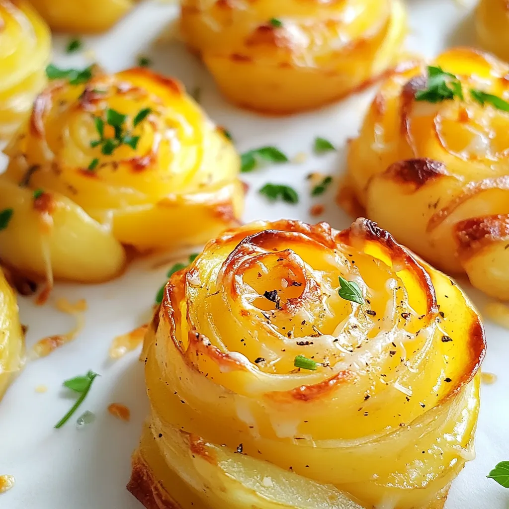 - Potatoes (Yukon Gold or red) - Olive oil and seasonings - Optional ingredient: Grated cheese To make potato roses, start with the right ingredients. I recommend using Yukon Gold or red potatoes. These types give a great flavor and texture. You will need four medium-sized potatoes for this recipe. Always wash and peel them well before slicing. Next, you need olive oil. This oil adds flavor and helps the potatoes crisp up nicely. You will also need seasonings to bring out the best taste. Use 1 teaspoon of garlic powder, dried thyme, and paprika each. Add salt and black pepper to your liking. If you love cheese, consider adding grated cheese. About 1 cup works well for a cheesy twist. It melts beautifully and enhances each bite. Gather these ingredients, and you are ready to create an impressive dish! {{ingredient_image_2}} 1. First, preheat your oven to 425°F (220°C). This ensures your potato roses cook evenly. 2. Next, prepare your muffin tin. Line it with greased aluminum foil or silicone liners. This will help hold the shape of the roses. 3. Now, wash and peel the potatoes. Make sure they are clean and free of any dirt. 1. Using a mandoline slicer or a sharp knife, slice the potatoes into thin rounds. Aim for about 1/8 inch thick. This thickness helps them cook well and look great. 2. In a large bowl, mix the potato slices with olive oil. Add garlic powder, dried thyme, paprika, and a pinch of salt and pepper. Toss gently until all slices are coated. 1. Start rolling the first potato slice into a tight spiral. Place this rolled slice in the center of a muffin tin cup. 2. Add more potato slices around the first roll. Layer them carefully to create the rose shape. Fill the cup but leave space for the potatoes to expand. 3. If you love cheese, sprinkle grated cheese on top of each rose. This adds a tasty twist. 4. Now, place the muffin tin in the oven and bake for 30-35 minutes. The potatoes should be tender and crispy at the edges. 5. After baking, take the muffin tin out of the oven. Let the potato roses cool for a few minutes. Then, gently lift them out of the cups. 6. For a fresh touch, garnish the potato roses with chopped parsley before serving. Enjoy this beautiful dish! For the best potato roses, I recommend using Yukon Gold or red potatoes. These types have a creamy texture and rich flavor. They hold their shape well when sliced and baked. Avoid starchy potatoes like Russets, as they may break apart. Choose potatoes that are firm and smooth for the best results. Uniform slicing is key for great potato roses. When you cut the potatoes into even rounds, they cook evenly and look beautiful. Use a mandoline slicer if you have one; it makes cutting thin slices easy. Aim for about 1/8 inch thick. This consistency helps your roses stay nice and neat in the muffin tin. While the basic seasoning is tasty, feel free to get creative! Here are some ideas to boost flavor: - Swap out garlic powder for onion powder. - Try adding fresh herbs like rosemary or basil. - For a spicy kick, add a bit of cayenne pepper. - Mix in some grated cheese with the potatoes for extra richness. - Experiment with different spices like cumin or dill. These small changes can make your potato roses truly unique and delightful! Pro Tips Choose the Right Potatoes: Opt for waxy varieties like Yukon Gold or red potatoes for a creamy texture and better shape retention when baking. Uniform Slices: Use a mandoline slicer for perfectly thin and even potato slices; this ensures they cook evenly and create a beautiful rose shape. Layering Techniques: When assembling the potato roses, stagger the slices to create a full and visually appealing flower shape, ensuring each layer is secured with the previous one. Cool Before Serving: Allow the potato roses to cool slightly before removing them from the muffin tin; this helps them hold their shape better and improves texture. {{image_4}} You can add many types of cheese to your potato roses. Each cheese brings a unique twist. Here are some options: - Cheddar: A rich and sharp flavor that melts well. - Gruyère: This cheese adds a nutty taste and creamy texture. - Mozzarella: For a stretchy, mild cheese that adds a lovely pull. - Feta: Crumbled on top, it gives a salty kick. - Parmesan: A sprinkle adds a nice, sharp finish. Feel free to mix and match cheeses for a fun flavor blend. You can change the taste of potato roses by adding herbs and spices. Here are some ideas: - Rosemary: This herb adds a fragrant, woodsy note. - Basil: Fresh basil gives a bright and sweet flavor. - Onion powder: A great way to add depth without fresh onions. - Chili flakes: For a spicy kick, add a pinch. - Lemon zest: Brightens the dish with a fresh citrus taste. Experiment with these to create your own flavor profile. Potato roses are perfect for many occasions. Here are some great ideas: - Dinner parties: They impress guests with their beauty. - Family meals: A fun side dish that everyone will love. - Holiday gatherings: Their shape adds a festive touch. - Potlucks: They are easy to transport and share. - Picnics: They hold up well and taste great at room temperature. These occasions make potato roses a delightful choice for any meal. To keep your potato roses fresh, store them in an airtight container. Place them in the fridge if you have leftovers. They can last for 3 to 4 days. Make sure they cool down before putting them away. This helps keep the texture right. If you want to keep them longer, consider freezing. When you reheat potato roses, you want to keep them crispy. Preheat your oven to 350°F (175°C). Place the potato roses on a baking sheet. Heat them for about 10 to 15 minutes. This method helps restore their crispiness. You can also use an air fryer at 350°F for about 5 minutes. This gives a nice crunch too. Yes, you can freeze potato roses! After they cool, place them on a baking sheet. Freeze them for 1 to 2 hours until solid. Then transfer them to a freezer bag. They can last up to 2 months in the freezer. To enjoy later, just reheat directly from the freezer. This keeps them tasty and fun! Yes, you can make Potato Roses ahead of time. Here are some tips for pre-preparation: - Slice the Potatoes Early: You can slice your potatoes and store them in water. This keeps them fresh and prevents browning. - Pre-Seasoning: Toss the potato slices in olive oil and seasonings ahead of time. This adds flavor and saves time. - Assemble and Chill: You can assemble the roses in the muffin tin. Cover and chill them in the fridge until you are ready to bake. To get those crispy edges, follow these techniques for optimal baking: - High Oven Temperature: Bake at 425°F (220°C) to ensure crispness. - Thin Slices: Make sure your potato slices are very thin, about 1/8 inch. Thin slices cook evenly and crisp up nicely. - Single Layer in Muffin Cups: Avoid overcrowding in the muffin cups. This allows heat to circulate and creates that perfect crunch. Potato Roses pair well with many dishes. Here are some suggested side dishes and pairings: - Salad: A fresh green salad brightens the meal. - Grilled Meat: Serve with grilled chicken or fish for a hearty dinner. - Dipping Sauces: Try sour cream or garlic aioli for a tasty dip. In this post, we explored making delicious potato roses step by step. You learned about the right potatoes, how to prepare them, and tips for flavor and texture. Remember to slice evenly and use fresh herbs for the best taste. Consider cheese for an added twist. These tasty treats can impress at any gathering. With the right storage and reheating methods, you can enjoy leftovers too. I hope you feel inspired to create your own potato roses. Happy cooking!