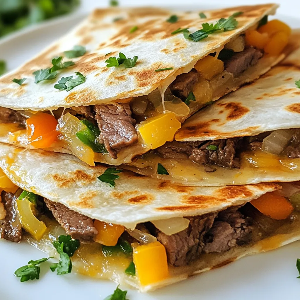 To make Philly cheesesteak quesadillas, gather these simple ingredients: - 1 lb beef steak (sirloin or ribeye), thinly sliced - 1 medium onion, thinly sliced - 1 bell pepper (choose green or red), thinly sliced - 2 cups shredded provolone cheese - 4 large flour tortillas - 2 tablespoons olive oil, divided - 1 teaspoon garlic powder - 1 teaspoon Worcestershire sauce (optional) - Salt and freshly ground black pepper to taste Each ingredient plays a role in creating that classic cheesesteak flavor. The beef gives it a hearty base, while the cheese adds creaminess. Onions and peppers bring sweetness and crunch. Flour tortillas hold everything together and make it easy to eat. Olive oil keeps things cooking smoothly, and seasonings boost the taste. You can adjust ingredients based on your likes or what you have at home. Enjoy mixing and matching to find your perfect blend! {{ingredient_image_2}} Start by heating a skillet over medium-high heat. Add 1 tablespoon of olive oil. When the oil shimmers, add your thinly sliced beef steak. Season it with salt, pepper, and garlic powder. Sear the beef for 3 to 4 minutes. Stir occasionally until it's browned but still tender. Once done, take the beef out of the skillet and set it aside on a plate. In the same skillet, add the remaining tablespoon of olive oil. Toss in the sliced onions and bell peppers. Sauté them for about 5 minutes. Cook until they soften and become fragrant. If you like, you can drizzle Worcestershire sauce over the veggies for more flavor. Once your vegetables are ready, return the cooked beef to the skillet. Stir everything together well. Cook for another 1 to 2 minutes. This helps the flavors mix nicely. When finished, take the skillet off the heat. Grab one flour tortilla and lay it flat. Sprinkle half of it with a good amount of shredded provolone cheese. On top of the cheese, add a portion of the beef and vegetable mix. Then, sprinkle a bit more cheese on top. Fold the tortilla in half, covering the filling. Repeat this step with the other tortillas and filling. Wipe the skillet clean with a paper towel and put it back on medium heat. Carefully place your assembled quesadilla in the skillet. Cook each side for about 3 to 4 minutes. You want the tortilla to be golden and crispy, and the cheese inside to melt. If they stick, add a bit more olive oil. Once they’re cooked to a perfect golden color, take the quesadillas out of the skillet. Let them rest for a minute. This helps the cheese set a little. Cut each quesadilla into wedges for easy serving. Enjoy them with salsa or sour cream! To make great quesadillas, cooking time matters. Cook the beef just enough to brown it. Overcooking makes it tough. Aim for 3 to 4 minutes on medium-high heat. Stir the beef often. This helps it cook evenly. After cooking, let it rest. This keeps the juices locked in. For the veggies, sauté them until soft. Five minutes is usually perfect. Make sure they smell great! Selecting the right beef is key. Sirloin and ribeye are both tasty choices. Sirloin is leaner, while ribeye is richer and more flavorful. Thinly slice the beef against the grain. This helps keep it tender. If you have a choice, ribeye adds extra juiciness. The right cheese makes a big difference. Provolone melts beautifully and adds great flavor. Use shredded cheese for quick melting. Spread it evenly in your quesadilla. For extra creaminess, mix in some mozzarella or cheddar. When cooking, keep the heat medium. Too high will burn the tortillas before the cheese melts. Flip the quesadilla carefully, and let it cook until golden. Enjoy that perfect cheesy pull when you slice it! Pro Tips Choose the Right Cut: For the best flavor and tenderness, use sirloin or ribeye steak. These cuts are perfect for quick cooking and give a juicy bite. Don’t Overcrowd the Skillet: When cooking the beef and vegetables, ensure the skillet isn't overcrowded. This allows for even cooking and prevents steaming. Let it Rest: After cooking, let the quesadillas rest for a minute before slicing. This helps the cheese set and makes for cleaner cuts. Experiment with Cheese: While provolone is traditional, feel free to mix in other cheeses like mozzarella or cheddar for a unique flavor profile! {{image_4}} You can switch up the cheese in your quesadillas. Provolone is great, but try mozzarella for a milder taste. Cheddar brings sharpness, while pepper jack adds a spicy kick. Each cheese melts well and changes the flavor. Feel free to mix cheeses for a unique twist. Want to add more veggies? Mushrooms, zucchini, or spinach work well in this recipe. They add nutrition and flavor. If you prefer, skip the onion or bell pepper. You can use any vegetable you enjoy. Just sauté until they are soft before mixing with the beef. If you love heat, add hot peppers to your filling. Jalapeños or banana peppers can bring extra spice. Chop them finely and mix them with the beef and veggies. For a milder option, use roasted red peppers. They give flavor without the heat. You can keep leftover quesadillas in the fridge. Place them in an airtight container. They stay fresh for up to three days. To prevent sogginess, separate layers with parchment paper. This helps keep the quesadillas crisp. To freeze quesadillas, let them cool completely. Wrap each one in plastic wrap or aluminum foil. Then, place them in a freezer bag. They can last for up to three months. When you're ready to eat, thaw them in the fridge overnight. Reheat quesadillas in a skillet for best results. Heat the skillet over medium heat. Place the quesadilla in the skillet and cover it with a lid. Cook for about 3-4 minutes on each side. The cheese should melt and the tortilla should crisp up. You can also use a microwave. Just heat for 30 seconds to 1 minute, but the texture won’t be as good. You can serve these quesadillas with many tasty sides. Try salsa for a fresh kick. A dollop of sour cream adds creaminess. Guacamole brings a rich flavor too. You can also pair them with a simple salad. A side of chips adds crunch and fun. To make these quesadillas healthier, use lean meat like chicken or turkey. You can add more veggies, like spinach or mushrooms, to boost nutrients. Choose whole grain tortillas for extra fiber. Using less cheese or a lighter cheese can cut down fat. Yes, you can use corn tortillas instead of flour. They will add a different texture and flavor. Just make sure to heat them slightly before filling. This helps them stay flexible and prevents cracking when you fold them. To prevent sticking, use a non-stick skillet if possible. Preheat the skillet well before adding the quesadillas. Adding a little olive oil helps create a barrier. If they start to stick, add more oil as needed. Always use a spatula to carefully flip them. You learned how to make delicious Philly cheesesteak quesadillas from scratch. We covered ingredients, step-by-step cooking, and tips for great results. You also discovered fun variations to customize your dish. Remember, using quality beef and cheese makes a big difference in taste. Enjoy your homemade meal and don’t forget to share with friends! These quesadillas are sure to impress.
