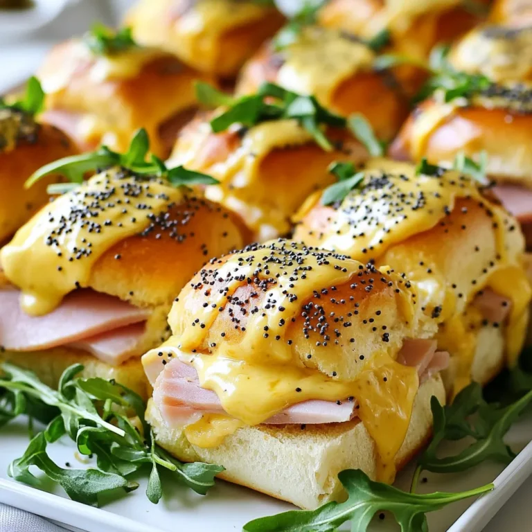 For these tasty sliders, you will need: - 12 slider buns - 1 pound sliced ham - 8 ounces Havarti cheese, sliced - 1/4 cup unsalted butter, melted - 1 tablespoon Dijon mustard - 1/2 teaspoon garlic powder - 1 teaspoon poppy seeds - Salt and pepper to taste - Fresh arugula or spinach for garnish These ingredients create a savory blend. Each item plays a key role in flavor and texture. You can switch out some ingredients if needed: - Slider buns: Use whole wheat buns or gluten-free options for a healthier choice. - Sliced ham: Turkey or chicken can work well if you want a lighter flavor. - Havarti cheese: Try gouda or mozzarella for a different cheese taste. - Unsalted butter: Olive oil or a dairy-free spread can replace the butter. - Dijon mustard: Yellow mustard or honey mustard adds a nice touch too. These swaps let you adjust the sliders to fit your taste or dietary needs. Serve these sliders with fun sides to make a meal: - Pair them with a fresh salad for a light option. - Serve with sweet potato fries for a twist on tradition. - Add dipping sauces like honey mustard or barbecue for extra flavor. These ideas make your slider meal even more enjoyable. Explore different combinations to find what you love! {{ingredient_image_2}} First, set your oven to 350°F (175°C). This heat helps cook the sliders evenly. While the oven warms, grab a baking dish. Coat it lightly with cooking spray or butter. This step keeps the sliders from sticking. In a small bowl, melt 1/4 cup of unsalted butter. Add 1 tablespoon of Dijon mustard to the melted butter. Then, mix in 1/2 teaspoon of garlic powder. Finally, add a pinch of salt and pepper. Whisk all the ingredients until they blend well. This mixture gives the sliders a tasty top. Take your slider buns and slice them in half. Keep the top and bottom halves attached. Place the bottom halves in the greased baking dish. Start layering by adding half of the sliced ham. Make sure to cover every bun. Next, add a generous layer of Havarti cheese on the ham. Then, add the rest of the ham on top. Gently place the top halves of the buns over the stacked ham and cheese. Drizzle the mustard butter mixture on top of the buns. Sprinkle poppy seeds over the sliders for extra flavor. Cover the dish with aluminum foil. Bake for 15 minutes. This keeps the cheese melty and warms the ham. After 15 minutes, remove the foil. Bake for an extra 5-10 minutes. Look for bubbling cheese and golden-brown tops. When done, take the dish out and let it cool for a few minutes. Use a spatula to lift the sliders carefully. Garnish with fresh arugula or spinach. Slice the sliders for serving, and enjoy! To get that perfect melt with Havarti cheese, you need to use low heat. Bake your sliders at 350°F (175°C) for the right time. Cover them with foil for the first part of baking. This keeps the heat in and helps the cheese melt nicely. After 15 minutes, take off the foil to let the top brown. The cheese should be gooey and stretchy. If you want more flavor, mix in some shredded cheese with the Havarti. Want to add a kick to your sliders? You can tweak the spices to fit your taste. Add a pinch of cayenne pepper for heat. If you love herbs, sprinkle in some dried oregano or thyme. For a sweet touch, mix in a bit of honey with your mustard. Always taste the mustard butter mixture before you add it to the sliders. Adjust the salt and pepper to your liking as well. Moist sliders are key to a tasty bite. Make sure to cover the baking dish with foil while baking. This traps steam, keeping the sliders soft. Use unsalted butter for the mixture, as it adds richness without overpowering. Serve sliders right after baking for the best texture. If you have leftovers, store them in an airtight container to keep them from drying out. A little extra melted butter on top before serving can also help add moisture back in. Pro Tips Use Fresh Ingredients: Always opt for high-quality, fresh ham and cheese for the best flavor and texture in your sliders. Customize Your Cheese: While Havarti is delicious, feel free to experiment with other cheeses like Swiss or Gruyère for different flavor profiles. Make Ahead: You can prepare the sliders in advance and store them in the refrigerator. Just pop them in the oven when you're ready to serve! Experiment with Toppings: Don't hesitate to add other toppings like caramelized onions or sliced jalapeños for an extra kick of flavor. {{image_4}} You can switch up the cheese in your sliders for fun. Cheddar offers a sharp taste. Swiss cheese adds a nutty flavor. Provolone melts well and has a mild taste. Pepper jack gives a spicy kick. Each cheese brings its own unique flavor, making your sliders special. Want to mix it up? Add layers of veggies like roasted peppers or sautéed onions. Fresh spinach or arugula gives a nice crunch. You could also use turkey or chicken instead of ham. This way, you can customize your sliders to fit your cravings. To make gluten-free sliders, use gluten-free buns or lettuce wraps. Look for brands that offer gluten-free options. For a low-carb version, skip the buns and use slices of cucumber or bell pepper. This keeps the taste while making it healthier. To keep your leftover sliders fresh, place them in an airtight container. If you don’t have one, wrap them tightly in plastic wrap. This helps prevent the buns from getting dry. Store them in the fridge for up to three days. If you want to keep them longer, consider freezing. When you’re ready to enjoy your sliders again, preheat your oven to 350°F (175°C). Place the sliders on a baking sheet. Cover them with foil to keep them moist. Heat for about 10 to 15 minutes. This method keeps the cheese melty and the buns soft. You can also use a microwave for quick reheating. Just heat them for about 30 seconds, but know the buns might get a bit chewy. If you want to freeze your sliders, assemble them without baking. Wrap each slider in plastic wrap, then place them in a freezer bag. They will last for up to three months. When you’re ready to bake, remove the sliders from the freezer, let them thaw in the fridge overnight, and then bake as directed. This way, you can enjoy fresh, warm sliders anytime! Yes, you can! These sliders are great with other meats. Try turkey or chicken for a leaner option. Roast beef adds a nice flavor, too. You can use any deli meat you like. Just make sure the meat pairs well with Havarti cheese. This cheese melts nicely and balances flavors. You can prepare the sliders a few hours in advance. Assemble them as the recipe says, but do not bake them yet. Cover the dish with plastic wrap and keep it in the fridge. When you're ready, bake the sliders straight from the fridge. Just add a few extra minutes to the bake time for best results. Dipping sauces can really enhance your sliders. Honey mustard brings a sweet and tangy kick. Barbecue sauce adds a smoky flavor that goes well with ham. You can also try ranch dressing for a creamy dip. For a zesty option, sriracha mayo mixes heat with creaminess. Pick your favorite and enjoy! In this blog post, we covered how to make delicious Ham and Havarti Sliders. You learned about the key ingredients, easy steps for baking, and tips for perfecting the sliders. We also explored variations and how to store leftovers. Remember, these sliders can be customized to fit your taste. Think about different cheeses or meats to try. Making these sliders is fun and allows for creativity. Enjoy every bite and share with others!