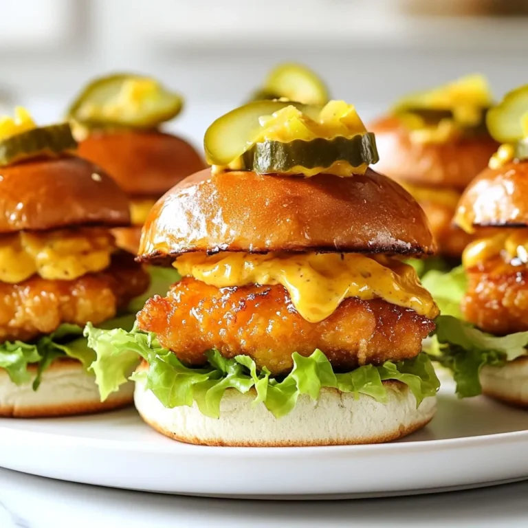 For these tasty Bang Bang Chicken Sliders, you need: - 1 lb ground chicken - 1/2 cup panko breadcrumbs - 1/4 cup green onions, finely chopped - 1 teaspoon garlic powder - 1 teaspoon ginger powder - 1/2 teaspoon salt - 1/4 teaspoon black pepper - 1/2 teaspoon red pepper flakes (optional, for extra heat) - Mini slider buns (choose between brioche or whole wheat) The seasonings are key for flavor. The garlic and ginger powder add a nice zing. Salt and black pepper help balance the taste. Red pepper flakes give it a kick if you like heat. Don’t skip the panko breadcrumbs; they keep the sliders juicy and tender. Top your sliders with fresh lettuce leaves for crunch. Pickles add a nice tang. For extra flavor, drizzle on the Bang Bang sauce. You can also serve these sliders with sweet potato fries or a fresh salad. This makes a fun meal for any occasion! {{ingredient_image_2}} First, grab a large mixing bowl. Add 1 pound of ground chicken. Next, toss in 1/2 cup of panko breadcrumbs. Then, add 1/4 cup of finely chopped green onions. Sprinkle in 1 teaspoon of garlic powder and 1 teaspoon of ginger powder. Don’t forget 1/2 teaspoon of salt and 1/4 teaspoon of black pepper. If you like heat, add 1/2 teaspoon of red pepper flakes. Use your hands or a spatula to mix gently. Be careful not to overmix. This helps keep your sliders tender. Now, preheat your grill or a non-stick skillet over medium heat. While it heats, form the chicken mixture into small patties. Aim for patties about 2 inches wide and 1/2 inch thick. Once hot, place your patties on the grill or skillet. Cook each side for about 4-5 minutes. Make sure they reach an internal temperature of 165°F. You want them golden-brown and cooked through. In a small bowl, whisk together 1 tablespoon of mayonnaise, 1 tablespoon of sweet chili sauce, and 1 tablespoon of Sriracha. Taste the sauce and adjust the heat by adding more Sriracha if you want. This spicy Bang Bang sauce adds a great kick to your sliders. To keep your sliders tender, do not overmix the chicken. Mix just until combined. This helps maintain moisture. Use fresh ground chicken for the best taste. You can also add a bit of grated cheese for extra flavor and juiciness. Start with a small amount of Sriracha when making the Bang Bang sauce. You can always add more if you like it spicy. Taste as you go. Sweet chili sauce adds sweetness that balances the heat. If you want a milder sauce, skip the red pepper flakes in the chicken mix. Arrange your sliders on a platter for a fun look. Add some fresh green onions on top for color. You can serve them with sweet potato fries or a light salad. For extra crunch, add crispy pickles on top. This makes each bite even better! Pro Tips Keep It Tender: Avoid overmixing the chicken mixture to ensure your sliders remain juicy and tender. Perfect Patty Size: Form your patties to be slightly smaller than your buns to allow for some shrinkage during cooking. Customize the Heat: Adjust the amount of Sriracha in your Bang Bang sauce to match your desired spice level. Garnish for Appeal: Add extra green onions and pickles on the serving platter for a vibrant and inviting presentation. {{image_4}} You can swap ground chicken for other meats. Ground turkey works well and stays juicy. If you like beef, use ground beef with similar seasonings. For a lighter option, try ground pork. Each choice brings a unique taste to your sliders. To make these sliders vegetarian, use black beans or chickpeas. Mash them and mix in breadcrumbs and spices. For a vegan option, try a store-bought meat substitute. You can also use grilled portobello mushrooms for a hearty option. Just ensure they are well-seasoned for the best flavor. Add different herbs and spices to create new flavors. Try chopped cilantro for a fresh taste. Mix in some diced jalapeños for heat. You can also blend in shredded cheese for creaminess. Experiment with different sauces to find your favorite. A touch of lime juice can brighten the flavors too. To store leftover sliders, place them in an airtight container. This keeps them fresh for up to three days in the fridge. If you have extra Bang Bang sauce, store it separately to keep the sliders from getting soggy. When it’s time to enjoy your leftovers, reheat the sliders in the oven. Set the oven to 350°F (175°C). Place the sliders on a baking sheet and cover them with foil. Heat for about 10-15 minutes until warm. You can also use a microwave, but this might make the buns soft. To freeze sliders, wrap each one tightly in plastic wrap. Then, place them in a freezer bag. They can last up to three months in the freezer. When ready to eat, thaw in the fridge overnight. Reheat in the oven for the best taste! Bang Bang Chicken comes from Chinese cuisine. It is a spicy chicken dish that often uses a sauce made with chili oil. The name "Bang Bang" comes from a wooden stick used to pound the chicken. Sliders are mini sandwiches that make this dish easy to enjoy. The sliders mix the original flavors in a fun way. Yes, you can prepare the chicken mixture a day in advance. Just mix all the ingredients and store them in the fridge. This saves time on the day you plan to serve them. You can also cook the patties ahead and warm them later. Just keep them in an airtight container. You can add more red pepper flakes to the chicken mix for extra heat. Try mixing in diced jalapeños or chili paste for a bolder flavor. For the sauce, use more Sriracha if you want a kick. You can also add fresh herbs like cilantro for a fresh taste. Brioche buns are soft, sweet, and perfect for Bang Bang Chicken Sliders. They pair well with the spicy flavors. Whole wheat buns are a healthier choice and add a nutty taste. Choose buns that are sturdy enough to hold the filling without falling apart. Bang Bang Chicken Sliders are a tasty treat that mix fun flavors with ease. We covered the main ingredients and their importance. You learned how to prepare, cook, and make the sauce for the sliders. Plus, I shared tips to keep them tender and adjust the spice. Various options let you switch proteins or go vegetarian. Lastly, I outlined how to store and reheat leftovers. Now, you're ready to impress friends and family with your delicious sliders! Enjoy your cooking adventure and make it your own!