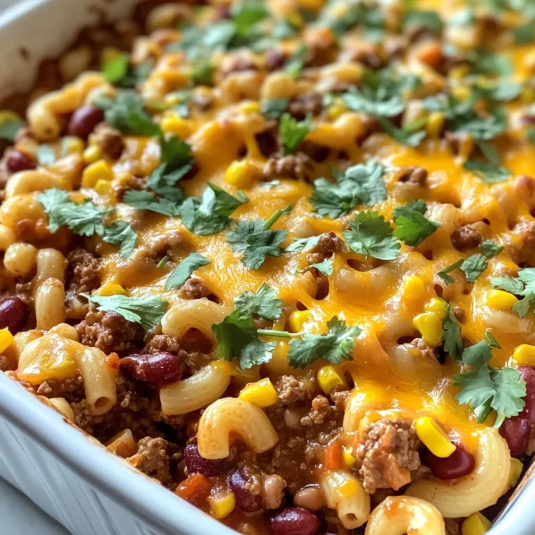 - 1 pound ground beef - 1 cup onion, finely diced - 2 cloves garlic, minced - 1 can (15 oz) kidney beans, rinsed and drained - 1 can (15 oz) diced tomatoes with green chilies - 1 cup corn kernels (fresh, frozen, or canned) - 1 cup uncooked elbow macaroni - 1 tablespoon chili powder - 1 teaspoon ground cumin - Salt and black pepper to taste - 1 cup shredded sharp cheddar cheese - Fresh cilantro or parsley, finely chopped for garnish For Hobo Beef Casserole, I love using fresh, quality ingredients. Ground beef forms the base and adds rich flavor. I always choose lean ground beef to keep it healthy. The diced onion and minced garlic brighten the dish and create a lovely aroma as they cook. Canned goods like kidney beans, diced tomatoes, and corn provide texture and bulk. They make this dish easy and quick. I often use frozen corn, as it’s just as tasty and convenient. The elbow macaroni adds heartiness to every bite. Spices play a crucial role here. Chili powder gives warmth, while ground cumin adds a nice depth. Salt and black pepper balance the flavors, making each bite delicious. For toppings, I recommend a generous sprinkle of sharp cheddar cheese for that gooey, melty goodness. Fresh cilantro or parsley on top not only looks nice but also adds a pop of flavor. These ingredients come together to make a cozy, hearty meal that warms your heart. {{ingredient_image_2}} 1. First, preheat your oven to 350°F (175°C). This step is key for even cooking. 2. In a large skillet over medium-high heat, brown 1 pound of ground beef. Cook for about 5-7 minutes until it turns brown. 3. Once the beef is cooked, drain any excess fat. Be sure to keep the tasty bits in the skillet. 1. Next, add 1 cup of finely diced onion and 2 cloves of minced garlic to the skillet. Sauté for about 3-4 minutes. You want the onion to be soft and see-through. 2. Now, stir in 1 can of rinsed kidney beans, 1 can of diced tomatoes with green chilies, 1 cup of corn, and 1 cup of uncooked elbow macaroni. 3. Pour in 2 cups of beef broth. Season with 1 tablespoon of chili powder, 1 teaspoon of ground cumin, and salt and black pepper to taste. Mix until well combined. 1. Increase the heat slightly and let the mixture simmer for about 5 minutes. Stir occasionally to blend the flavors. 2. Carefully transfer the mixture into a greased 9x13-inch baking dish. Spread it out evenly. 3. Cover the dish tightly with aluminum foil. This helps keep moisture in. Bake in the preheated oven for 25 minutes. 4. After 25 minutes, take off the foil and sprinkle 1 cup of shredded sharp cheddar cheese over the top. 5. Put it back in the oven and bake uncovered for another 10-15 minutes. The cheese should melt and bubble. 6. Once it's done, let it cool for a few minutes before serving. Garnish with fresh cilantro or parsley for a bright touch. To perfectly brown ground beef, use medium-high heat. This helps the meat sear well. Break it into smaller pieces with a spatula. Cook until it's brown, about 5-7 minutes. Drain excess fat, but leave the tasty bits in the pan. This adds flavor to your dish. For even cooking, make sure to stir the casserole as it bakes. This helps distribute heat. Also, cover the dish with foil while baking. This keeps moisture in. Remove the foil near the end to let the cheese brown. To give your hobo beef casserole a kick, try adding more spices. Extra chili powder can heat things up. You can also add paprika or cayenne pepper for a new twist. Just a pinch can change the flavor profile! Consider incorporating different beans or veggies. You could swap kidney beans for black beans. Adding bell peppers or zucchini can boost nutrition and flavor. Mix it up based on your preferences! For side dishes, a simple green salad pairs well. It adds freshness to the hearty casserole. You can also serve warm bread or cornbread for a comforting meal. When serving, you can present the casserole right from the baking dish. This creates a rustic look. If you want to impress, scoop portions onto individual plates. Don’t forget to add a sprinkle of fresh cilantro or parsley on top for color and taste! Pro Tips Use Lean Beef: Opt for lean ground beef to reduce excess fat in the casserole while still keeping it flavorful. Vegetable Boost: Add extra vegetables like bell peppers or zucchini for added nutrition and color. Cheese Variations: Experiment with different types of cheese, such as Monterey Jack or pepper jack, for a unique twist on flavor. Make Ahead: This casserole can be made a day in advance; just keep it covered in the fridge and bake when ready to serve. {{image_4}} You can easily change the main protein in this dish. Try using ground turkey for a leaner option. You can also use plant-based meat for a vegetarian version. These swaps keep the dish tasty and satisfying. For pasta, elbow macaroni is great, but you may use rotini or penne. Just make sure to adjust cooking times based on the pasta you choose. Different shapes can add fun to your meal. If you need to make it gluten-free, swap the elbow macaroni for a gluten-free pasta. Many brands offer great options that taste just as good. You can also check that your beef broth is gluten-free. For low-sodium versions, use low-sodium beef broth and skip extra salt. Taste as you go to find the right balance. You can still enjoy the rich flavors without too much salt. You can change the flavor of this casserole to match your mood. For a Southwest twist, add some jalapeños or replace the cheese with pepper jack. If you lean toward Italian flavors, consider adding Italian seasoning or diced bell peppers. You might also sprinkle some mozzarella cheese on top. With these small changes, you can create a whole new dish from the same base recipe. To store leftovers, let the casserole cool first. Then, place it in an airtight container. This keeps the flavors fresh. I recommend using glass or plastic containers with tight lids. If you want to save space, divide it into smaller portions. This makes it easy to grab what you need later. Yes, you can freeze the casserole! To freeze, let it cool completely. Then, wrap it tightly in plastic wrap and aluminum foil. This helps prevent freezer burn. For reheating, thaw it overnight in the fridge. Then, bake it at 350°F until heated through, about 25-30 minutes. In the fridge, Hobo Beef Casserole lasts about 3-4 days. If you freeze it, it can last up to 3 months. Before eating, check for any signs of spoilage. Look for off smells or a change in texture. If anything seems off, it's best to toss it. Hobo beef casserole is a hearty dish made with ground beef, beans, and pasta. It has roots in the Great Depression when cooks used simple, affordable ingredients. This dish reflects the idea of comfort food, made to feed many with little effort. The mix of flavors creates a filling meal that warms the soul. Yes, you can make hobo beef casserole ahead of time. Here are some tips: - Prepare the casserole up to the point of baking. - Cover it well with plastic wrap or foil. - Store it in the fridge for up to two days. - When ready to bake, add an extra 10-15 minutes to the cooking time. You can check for doneness in a few easy ways: - Look for bubbling edges and melted cheese on top. - Insert a knife or fork into the center; it should come out hot. - The internal temperature should reach 165°F (74°C). These signs mean your hobo beef casserole is ready to enjoy! This blog post covered the essentials for making a delicious hobo beef casserole. We explored key ingredients like ground beef, spices, and tasty toppings. You learned step-by-step instructions to bake the perfect dish. I shared tips on improving flavors and suggested variations to suit different diets. Lastly, we discussed how to store leftovers properly. Make this recipe your own! Enjoy the process and share it with others. Your family will love it!