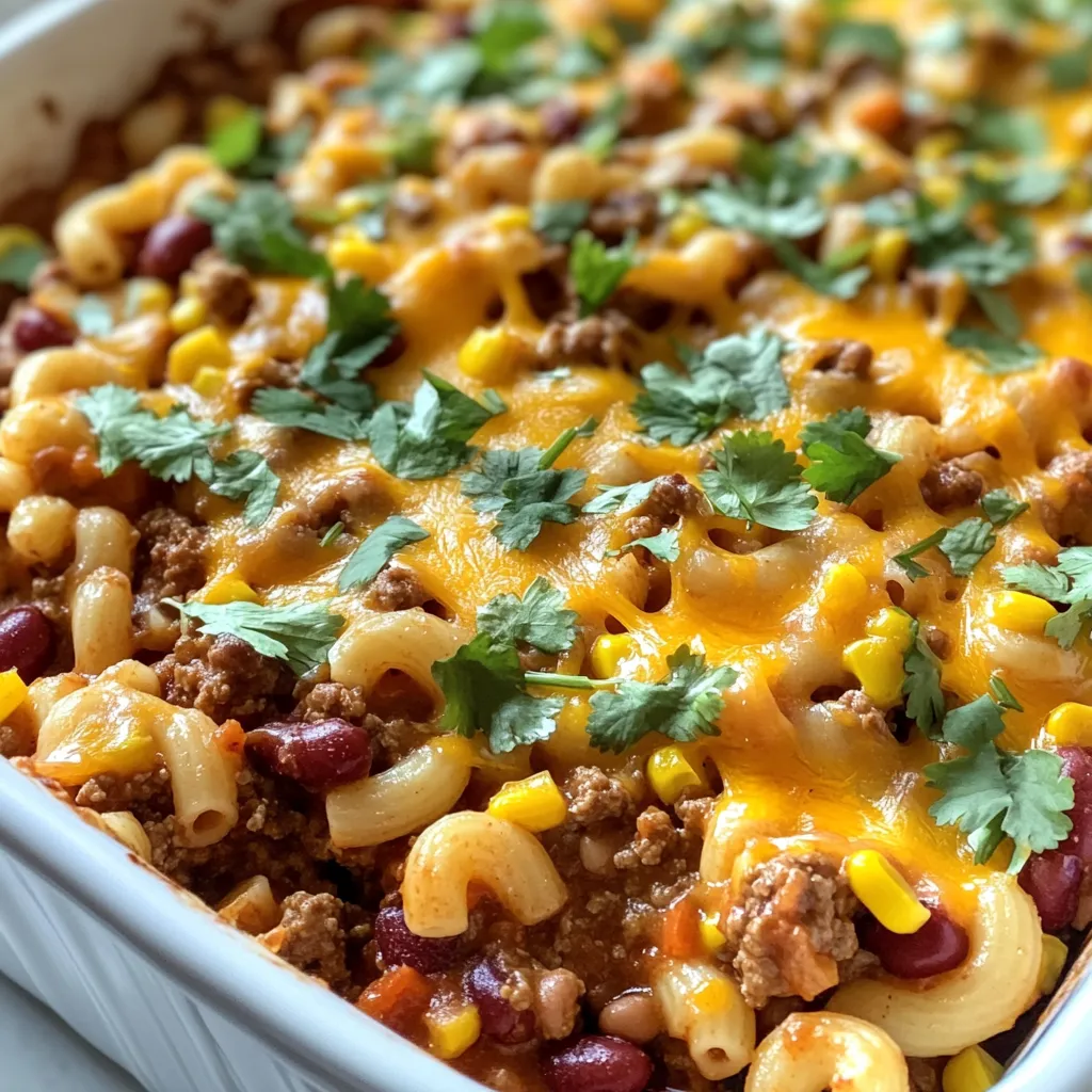 - 1 pound ground beef - 1 cup onion, finely diced - 2 cloves garlic, minced - 1 can (15 oz) kidney beans, rinsed and drained - 1 can (15 oz) diced tomatoes with green chilies - 1 cup corn kernels (fresh, frozen, or canned) - 1 cup uncooked elbow macaroni - 1 tablespoon chili powder - 1 teaspoon ground cumin - Salt and black pepper to taste - 1 cup shredded sharp cheddar cheese - Fresh cilantro or parsley, finely chopped for garnish For Hobo Beef Casserole, I love using fresh, quality ingredients. Ground beef forms the base and adds rich flavor. I always choose lean ground beef to keep it healthy. The diced onion and minced garlic brighten the dish and create a lovely aroma as they cook. Canned goods like kidney beans, diced tomatoes, and corn provide texture and bulk. They make this dish easy and quick. I often use frozen corn, as it’s just as tasty and convenient. The elbow macaroni adds heartiness to every bite. Spices play a crucial role here. Chili powder gives warmth, while ground cumin adds a nice depth. Salt and black pepper balance the flavors, making each bite delicious. For toppings, I recommend a generous sprinkle of sharp cheddar cheese for that gooey, melty goodness. Fresh cilantro or parsley on top not only looks nice but also adds a pop of flavor. These ingredients come together to make a cozy, hearty meal that warms your heart. {{ingredient_image_2}} 1. First, preheat your oven to 350°F (175°C). This step is key for even cooking. 2. In a large skillet over medium-high heat, brown 1 pound of ground beef. Cook for about 5-7 minutes until it turns brown. 3. Once the beef is cooked, drain any excess fat. Be sure to keep the tasty bits in the skillet. 1. Next, add 1 cup of finely diced onion and 2 cloves of minced garlic to the skillet. Sauté for about 3-4 minutes. You want the onion to be soft and see-through. 2. Now, stir in 1 can of rinsed kidney beans, 1 can of diced tomatoes with green chilies, 1 cup of corn, and 1 cup of uncooked elbow macaroni. 3. Pour in 2 cups of beef broth. Season with 1 tablespoon of chili powder, 1 teaspoon of ground cumin, and salt and black pepper to taste. Mix until well combined. 1. Increase the heat slightly and let the mixture simmer for about 5 minutes. Stir occasionally to blend the flavors. 2. Carefully transfer the mixture into a greased 9x13-inch baking dish. Spread it out evenly. 3. Cover the dish tightly with aluminum foil. This helps keep moisture in. Bake in the preheated oven for 25 minutes. 4. After 25 minutes, take off the foil and sprinkle 1 cup of shredded sharp cheddar cheese over the top. 5. Put it back in the oven and bake uncovered for another 10-15 minutes. The cheese should melt and bubble. 6. Once it's done, let it cool for a few minutes before serving. Garnish with fresh cilantro or parsley for a bright touch. To perfectly brown ground beef, use medium-high heat. This helps the meat sear well. Break it into smaller pieces with a spatula. Cook until it's brown, about 5-7 minutes. Drain excess fat, but leave the tasty bits in the pan. This adds flavor to your dish. For even cooking, make sure to stir the casserole as it bakes. This helps distribute heat. Also, cover the dish with foil while baking. This keeps moisture in. Remove the foil near the end to let the cheese brown. To give your hobo beef casserole a kick, try adding more spices. Extra chili powder can heat things up. You can also add paprika or cayenne pepper for a new twist. Just a pinch can change the flavor profile! Consider incorporating different beans or veggies. You could swap kidney beans for black beans. Adding bell peppers or zucchini can boost nutrition and flavor. Mix it up based on your preferences! For side dishes, a simple green salad pairs well. It adds freshness to the hearty casserole. You can also serve warm bread or cornbread for a comforting meal. When serving, you can present the casserole right from the baking dish. This creates a rustic look. If you want to impress, scoop portions onto individual plates. Don’t forget to add a sprinkle of fresh cilantro or parsley on top for color and taste! Pro Tips Use Lean Beef: Opt for lean ground beef to reduce excess fat in the casserole while still keeping it flavorful. Vegetable Boost: Add extra vegetables like bell peppers or zucchini for added nutrition and color. Cheese Variations: Experiment with different types of cheese, such as Monterey Jack or pepper jack, for a unique twist on flavor. Make Ahead: This casserole can be made a day in advance; just keep it covered in the fridge and bake when ready to serve. {{image_4}} You can easily change the main protein in this dish. Try using ground turkey for a leaner option. You can also use plant-based meat for a vegetarian version. These swaps keep the dish tasty and satisfying. For pasta, elbow macaroni is great, but you may use rotini or penne. Just make sure to adjust cooking times based on the pasta you choose. Different shapes can add fun to your meal. If you need to make it gluten-free, swap the elbow macaroni for a gluten-free pasta. Many brands offer great options that taste just as good. You can also check that your beef broth is gluten-free. For low-sodium versions, use low-sodium beef broth and skip extra salt. Taste as you go to find the right balance. You can still enjoy the rich flavors without too much salt. You can change the flavor of this casserole to match your mood. For a Southwest twist, add some jalapeños or replace the cheese with pepper jack. If you lean toward Italian flavors, consider adding Italian seasoning or diced bell peppers. You might also sprinkle some mozzarella cheese on top. With these small changes, you can create a whole new dish from the same base recipe. To store leftovers, let the casserole cool first. Then, place it in an airtight container. This keeps the flavors fresh. I recommend using glass or plastic containers with tight lids. If you want to save space, divide it into smaller portions. This makes it easy to grab what you need later. Yes, you can freeze the casserole! To freeze, let it cool completely. Then, wrap it tightly in plastic wrap and aluminum foil. This helps prevent freezer burn. For reheating, thaw it overnight in the fridge. Then, bake it at 350°F until heated through, about 25-30 minutes. In the fridge, Hobo Beef Casserole lasts about 3-4 days. If you freeze it, it can last up to 3 months. Before eating, check for any signs of spoilage. Look for off smells or a change in texture. If anything seems off, it's best to toss it. Hobo beef casserole is a hearty dish made with ground beef, beans, and pasta. It has roots in the Great Depression when cooks used simple, affordable ingredients. This dish reflects the idea of comfort food, made to feed many with little effort. The mix of flavors creates a filling meal that warms the soul. Yes, you can make hobo beef casserole ahead of time. Here are some tips: - Prepare the casserole up to the point of baking. - Cover it well with plastic wrap or foil. - Store it in the fridge for up to two days. - When ready to bake, add an extra 10-15 minutes to the cooking time. You can check for doneness in a few easy ways: - Look for bubbling edges and melted cheese on top. - Insert a knife or fork into the center; it should come out hot. - The internal temperature should reach 165°F (74°C). These signs mean your hobo beef casserole is ready to enjoy! This blog post covered the essentials for making a delicious hobo beef casserole. We explored key ingredients like ground beef, spices, and tasty toppings. You learned step-by-step instructions to bake the perfect dish. I shared tips on improving flavors and suggested variations to suit different diets. Lastly, we discussed how to store leftovers properly. Make this recipe your own! Enjoy the process and share it with others. Your family will love it!