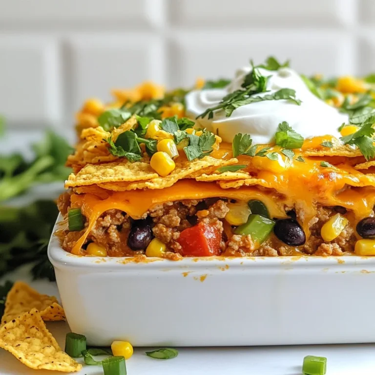To make a tasty cheesy taco casserole, gather these key ingredients: - 1 lb ground beef or turkey - 1 can (15 oz) black beans, drained and rinsed - 1 cup corn kernels (can be fresh, frozen, or canned) - 1 packet taco seasoning - 1 cup salsa (your choice of spiciness) - 2 cups shredded cheddar cheese - 2 cups tortilla chips, roughly crushed These ingredients work together to create a flavorful and satisfying dish. The ground meat adds protein, while the black beans and corn give it a hearty texture. The taco seasoning brings a burst of flavor, and the cheese makes everything creamy and rich. For added flavor and color, consider these garnishes: - 1/2 cup sour cream (for serving) - 1/4 cup green onions, thinly sliced (for garnish) - Fresh cilantro, chopped (for garnish) These garnishes not only enhance the look of your casserole but also bring fresh flavors to each bite. Sour cream adds creaminess, while green onions and cilantro give a bright finish. Pair your cheesy taco casserole with these sides for a complete meal: - Simple green salad - Guacamole - Mexican rice These sides complement the casserole well. A fresh salad balances the richness of the dish, while guacamole adds creaminess and flavor. Mexican rice provides a nice base for scooping up the casserole. {{ingredient_image_2}} Start by heating your oven to 350°F (175°C). This helps the casserole cook evenly. Next, take a large skillet. Add the ground beef or turkey, and cook it over medium heat. Stir often for about 6-8 minutes. You want the meat to turn brown. If you see extra fat, drain it. This keeps your dish light and tasty. Now, add the black beans, corn, taco seasoning, and salsa to the skillet. Mix everything well. Heat this for about 3-4 minutes. This step blends the flavors nicely. Get a 9x13 inch baking dish and lightly grease it. Spread half of the crushed tortilla chips at the bottom. This forms a solid base. Next, spoon the meat and bean mix over the chips. Make sure to spread it out evenly. Then, take 1 cup of shredded cheddar cheese and sprinkle it on top. We want a nice cheesy layer here! After that, add the rest of the crushed tortilla chips. Follow this with the remaining meat mix. Top it all off with the last bit of cheese. This creates a melty topping. Now it’s time to bake! Place your dish in the oven. Bake for 20-25 minutes. You want the cheese to melt and bubble up. It should have a nice golden layer. Once ready, take the casserole out and let it sit for about 5 minutes. This helps the layers firm up. When serving, add a dollop of sour cream to each plate. Finish with green onions and cilantro for a fresh touch. Enjoy this cheesy taco delight! You can make this dish your own! Here are some fun ideas: - Add Veggies: Toss in diced bell peppers or zucchini for extra color and nutrition. - Change the Protein: Use ground chicken or a meat substitute for a different flavor. - Spice it Up: Add jalapeños or hot sauce if you like heat. - Cheese Variety: Experiment with different cheeses like pepper jack or Monterey jack. Want to make it a bit lighter? Here are some tips: - Lean Meat: Choose lean ground turkey or chicken to reduce fat. - Low-Fat Cheese: Use reduced-fat cheese to cut down on calories. - Swap Sour Cream: Try Greek yogurt instead of sour cream for a healthier option. - Whole Grain Chips: Use baked tortilla chips or whole-grain options for more fiber. Get the best out of your casserole with these handy tips: - Preheat the Oven: Always preheat your oven to ensure even cooking. - Perfect Layering: Layer your ingredients evenly to avoid soggy spots. - Rest Before Serving: Let it sit for 5 minutes after baking. This helps the layers set. - Keep an Eye on It: Watch closely while baking. You want that cheese to bubble but not burn! Pro Tips Use Lean Meat: Opt for lean ground beef or turkey to reduce the overall fat content in your casserole, making it healthier without sacrificing flavor. Add Extra Veggies: Consider adding bell peppers, zucchini, or diced tomatoes to the meat mixture for an extra boost of nutrition and flavor. Experiment with Cheese: While cheddar is classic, try mixing in Monterey Jack or pepper jack for a different flavor profile and a bit of heat. Make Ahead: Prepare the casserole a day in advance and refrigerate it. Just pop it in the oven when you're ready to serve for a quick and easy meal. {{image_4}} You can easily make this dish meat-free. Replace the ground meat with 1 cup of chopped mushrooms or 1 cup of textured vegetable protein. Add more black beans or chickpeas for protein. Use vegetable broth instead of meat broth if needed. You still use the same taco seasoning and salsa. Layer it just like the meat version. The cheese melts beautifully, and you will love it! Do you like heat? Add diced jalapeños or a can of green chiles to the meat mixture. You can also use spicy salsa for extra kick. Consider swapping cheddar cheese for pepper jack cheese. This adds a nice spicy flavor. Adjust the spice level as you like. Serve with cooling sour cream to balance the heat. Want a low-carb option? Skip the tortilla chips. Instead, use cauliflower rice as your base. Cook the cauliflower rice until soft, then layer it in the dish. Follow the same steps for the meat mixture and cheese. This version is still creamy and satisfying. You won't miss the chips at all! To store leftovers, let the casserole cool completely. Place it in an airtight container. You can keep it in the fridge for up to three days. Make sure to cover it well. This keeps the flavors fresh and prevents drying out. When you want to reheat, preheat your oven to 350°F (175°C). Cover the casserole with foil to keep it moist. Heat it for about 20 minutes. You can also microwave it. Put a slice on a microwave-safe plate. Heat for 1-2 minutes, checking to ensure it's hot all the way through. You can freeze Cheesy Taco Casserole too! First, let it cool completely. Wrap it tightly in plastic wrap, then foil. This helps prevent freezer burn. You can freeze it for up to three months. When ready to eat, thaw it in the fridge overnight before reheating. Yes, you can make Cheesy Taco Casserole ahead of time. Prepare the casserole, but do not bake it. Cover the dish with foil or plastic wrap and store it in the fridge for up to 24 hours. When ready, bake it straight from the fridge. Just add a few extra minutes to the baking time. This makes meal prep easy and quick for busy days. You have many options to substitute ground beef. Ground turkey is a great choice. It offers a leaner option with similar taste. You can also use ground chicken or even plant-based meat alternatives if you want a vegetarian dish. Each substitute brings its own flavor, making it fun to experiment. Making a gluten-free Cheesy Taco Casserole is simple. Use gluten-free tortilla chips and check the taco seasoning for gluten-free labels. Most salsa is gluten-free, but always verify the ingredients. With these swaps, you can enjoy a tasty casserole without gluten. This article covered everything you need to know about making a cheesy taco casserole. You learned the main ingredients, optional garnishes, and great sides. I walked you through step-by-step cooking instructions and shared tips for perfect results. You also saw variations for different tastes and how to store leftovers. In conclusion, this casserole is fun to make and easy to adjust. Enjoy creating delicious meals that your whole family will love!