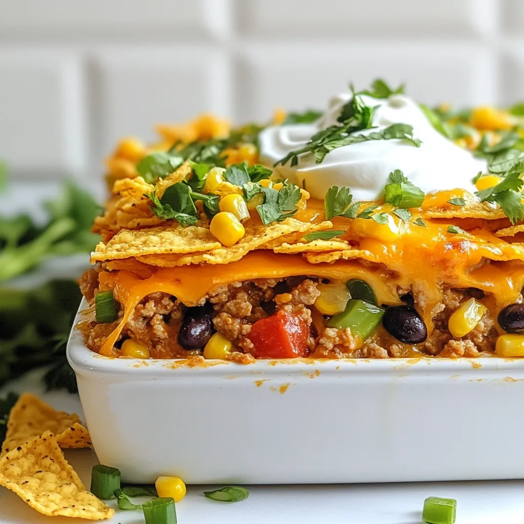 To make a tasty cheesy taco casserole, gather these key ingredients: - 1 lb ground beef or turkey - 1 can (15 oz) black beans, drained and rinsed - 1 cup corn kernels (can be fresh, frozen, or canned) - 1 packet taco seasoning - 1 cup salsa (your choice of spiciness) - 2 cups shredded cheddar cheese - 2 cups tortilla chips, roughly crushed These ingredients work together to create a flavorful and satisfying dish. The ground meat adds protein, while the black beans and corn give it a hearty texture. The taco seasoning brings a burst of flavor, and the cheese makes everything creamy and rich. For added flavor and color, consider these garnishes: - 1/2 cup sour cream (for serving) - 1/4 cup green onions, thinly sliced (for garnish) - Fresh cilantro, chopped (for garnish) These garnishes not only enhance the look of your casserole but also bring fresh flavors to each bite. Sour cream adds creaminess, while green onions and cilantro give a bright finish. Pair your cheesy taco casserole with these sides for a complete meal: - Simple green salad - Guacamole - Mexican rice These sides complement the casserole well. A fresh salad balances the richness of the dish, while guacamole adds creaminess and flavor. Mexican rice provides a nice base for scooping up the casserole. {{ingredient_image_2}} Start by heating your oven to 350°F (175°C). This helps the casserole cook evenly. Next, take a large skillet. Add the ground beef or turkey, and cook it over medium heat. Stir often for about 6-8 minutes. You want the meat to turn brown. If you see extra fat, drain it. This keeps your dish light and tasty. Now, add the black beans, corn, taco seasoning, and salsa to the skillet. Mix everything well. Heat this for about 3-4 minutes. This step blends the flavors nicely. Get a 9x13 inch baking dish and lightly grease it. Spread half of the crushed tortilla chips at the bottom. This forms a solid base. Next, spoon the meat and bean mix over the chips. Make sure to spread it out evenly. Then, take 1 cup of shredded cheddar cheese and sprinkle it on top. We want a nice cheesy layer here! After that, add the rest of the crushed tortilla chips. Follow this with the remaining meat mix. Top it all off with the last bit of cheese. This creates a melty topping. Now it’s time to bake! Place your dish in the oven. Bake for 20-25 minutes. You want the cheese to melt and bubble up. It should have a nice golden layer. Once ready, take the casserole out and let it sit for about 5 minutes. This helps the layers firm up. When serving, add a dollop of sour cream to each plate. Finish with green onions and cilantro for a fresh touch. Enjoy this cheesy taco delight! You can make this dish your own! Here are some fun ideas: - Add Veggies: Toss in diced bell peppers or zucchini for extra color and nutrition. - Change the Protein: Use ground chicken or a meat substitute for a different flavor. - Spice it Up: Add jalapeños or hot sauce if you like heat. - Cheese Variety: Experiment with different cheeses like pepper jack or Monterey jack. Want to make it a bit lighter? Here are some tips: - Lean Meat: Choose lean ground turkey or chicken to reduce fat. - Low-Fat Cheese: Use reduced-fat cheese to cut down on calories. - Swap Sour Cream: Try Greek yogurt instead of sour cream for a healthier option. - Whole Grain Chips: Use baked tortilla chips or whole-grain options for more fiber. Get the best out of your casserole with these handy tips: - Preheat the Oven: Always preheat your oven to ensure even cooking. - Perfect Layering: Layer your ingredients evenly to avoid soggy spots. - Rest Before Serving: Let it sit for 5 minutes after baking. This helps the layers set. - Keep an Eye on It: Watch closely while baking. You want that cheese to bubble but not burn! Pro Tips Use Lean Meat: Opt for lean ground beef or turkey to reduce the overall fat content in your casserole, making it healthier without sacrificing flavor. Add Extra Veggies: Consider adding bell peppers, zucchini, or diced tomatoes to the meat mixture for an extra boost of nutrition and flavor. Experiment with Cheese: While cheddar is classic, try mixing in Monterey Jack or pepper jack for a different flavor profile and a bit of heat. Make Ahead: Prepare the casserole a day in advance and refrigerate it. Just pop it in the oven when you're ready to serve for a quick and easy meal. {{image_4}} You can easily make this dish meat-free. Replace the ground meat with 1 cup of chopped mushrooms or 1 cup of textured vegetable protein. Add more black beans or chickpeas for protein. Use vegetable broth instead of meat broth if needed. You still use the same taco seasoning and salsa. Layer it just like the meat version. The cheese melts beautifully, and you will love it! Do you like heat? Add diced jalapeños or a can of green chiles to the meat mixture. You can also use spicy salsa for extra kick. Consider swapping cheddar cheese for pepper jack cheese. This adds a nice spicy flavor. Adjust the spice level as you like. Serve with cooling sour cream to balance the heat. Want a low-carb option? Skip the tortilla chips. Instead, use cauliflower rice as your base. Cook the cauliflower rice until soft, then layer it in the dish. Follow the same steps for the meat mixture and cheese. This version is still creamy and satisfying. You won't miss the chips at all! To store leftovers, let the casserole cool completely. Place it in an airtight container. You can keep it in the fridge for up to three days. Make sure to cover it well. This keeps the flavors fresh and prevents drying out. When you want to reheat, preheat your oven to 350°F (175°C). Cover the casserole with foil to keep it moist. Heat it for about 20 minutes. You can also microwave it. Put a slice on a microwave-safe plate. Heat for 1-2 minutes, checking to ensure it's hot all the way through. You can freeze Cheesy Taco Casserole too! First, let it cool completely. Wrap it tightly in plastic wrap, then foil. This helps prevent freezer burn. You can freeze it for up to three months. When ready to eat, thaw it in the fridge overnight before reheating. Yes, you can make Cheesy Taco Casserole ahead of time. Prepare the casserole, but do not bake it. Cover the dish with foil or plastic wrap and store it in the fridge for up to 24 hours. When ready, bake it straight from the fridge. Just add a few extra minutes to the baking time. This makes meal prep easy and quick for busy days. You have many options to substitute ground beef. Ground turkey is a great choice. It offers a leaner option with similar taste. You can also use ground chicken or even plant-based meat alternatives if you want a vegetarian dish. Each substitute brings its own flavor, making it fun to experiment. Making a gluten-free Cheesy Taco Casserole is simple. Use gluten-free tortilla chips and check the taco seasoning for gluten-free labels. Most salsa is gluten-free, but always verify the ingredients. With these swaps, you can enjoy a tasty casserole without gluten. This article covered everything you need to know about making a cheesy taco casserole. You learned the main ingredients, optional garnishes, and great sides. I walked you through step-by-step cooking instructions and shared tips for perfect results. You also saw variations for different tastes and how to store leftovers. In conclusion, this casserole is fun to make and easy to adjust. Enjoy creating delicious meals that your whole family will love!