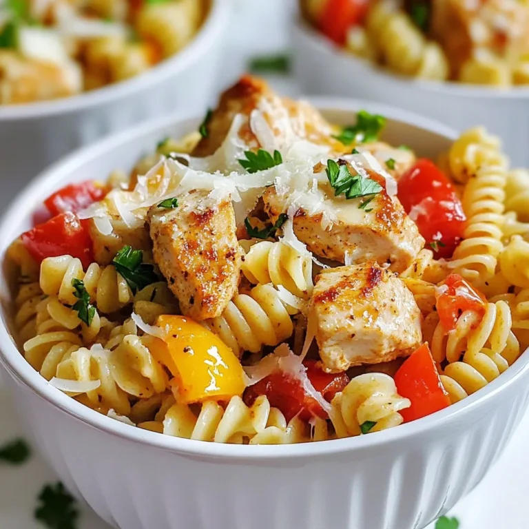 - 12 oz rotini pasta - 2 tbsp olive oil - 1 lb chicken breast, diced into bite-sized pieces - 1 tbsp Cajun seasoning - 1 tsp garlic powder - 4 cloves garlic, minced - 1 red bell pepper, diced into small cubes - 1 cup cherry tomatoes, halved - 1 cup heavy cream - 1 cup grated Parmesan cheese - Salt and black pepper to taste - Fresh parsley, chopped (for garnishing) Cajun Garlic Chicken Rotini needs a few key ingredients. You start with rotini pasta. It holds sauce well and adds nice texture. Next, you need chicken breast. Dicing it into small pieces helps it cook fast and stay juicy. Cajun seasoning adds that famous kick. It brings warmth and flavor to the dish. Garlic powder gives a subtle hint of garlic. You also want fresh garlic for a punchier taste. The red bell pepper brings sweetness and color. Cherry tomatoes add freshness and a juicy burst. Heavy cream makes the sauce rich and smooth. Grated Parmesan cheese adds a cheesy depth. Salt and black pepper balance all the flavors. Finally, fresh parsley brightens the dish as a garnish. Gather these ingredients before you start cooking. This will make the process smooth and enjoyable. Each ingredient plays a role in creating a dish that is both comforting and exciting. {{ingredient_image_2}} To start, fill a large pot with water. Add a good pinch of salt to it. Bring the water to a full boil. This usually takes about 5-7 minutes. Once boiling, add 12 oz of rotini pasta. Cook the pasta for 8-10 minutes, or until it's al dente. Stir it occasionally. When done, drain the pasta and set it aside. Keep a bit of the pasta water, just in case you need it later. Next, grab a large skillet. Heat 2 tablespoons of olive oil over medium-high heat. Once hot, add 1 pound of diced chicken breast. Sprinkle it with 1 tablespoon of Cajun seasoning, 1 teaspoon of garlic powder, salt, and black pepper. Cook the chicken for 5-7 minutes. Stir it often, making sure it cooks evenly. The chicken should be juicy and golden brown when done. Now, lower the heat to medium. Add 4 cloves of minced garlic, 1 diced red bell pepper, and 1 cup of halved cherry tomatoes to the skillet. Sauté these for 3-4 minutes. You want the bell pepper to soften and the tomatoes to release their juices. This adds great flavor to your dish. Pour in 1 cup of heavy cream while stirring. Mix it well with the chicken and veggies. Let this simmer for 2-3 minutes. This allows the sauce to thicken. After that, add the drained rotini to the skillet. Toss everything together until the pasta is coated. Gradually fold in 1 cup of grated Parmesan cheese. Stir continuously until the cheese melts into the sauce. If it seems too thick, add a splash of the reserved pasta water. Taste your Cajun Garlic Chicken Rotini. Adjust the seasoning with more salt or pepper if needed. Once you're happy with the taste, remove the skillet from the heat. To serve, garnish with fresh chopped parsley. This adds a nice color and flavor. You can also drizzle a bit of olive oil on top. Enjoy your meal! To enhance your Cajun garlic chicken rotini, spice levels matter. Start with one tablespoon of Cajun seasoning. If you crave more heat, add a pinch at a time. Taste as you go to find your sweet spot. Choosing the right Cajun seasoning is key. Look for a blend with paprika, cayenne, and herbs. I recommend trying different brands. Each one offers a unique flavor that can change your dish. For a thick and creamy sauce, let it simmer. Use heavy cream and allow it to cook down. This helps the sauce cling to the pasta. Pasta water is your secret weapon. Save a cup before draining. If the sauce is too thick, add a splash of that starchy water. It helps achieve the perfect consistency. Pair your rotini with crusty garlic bread. It’s perfect for soaking up the creamy sauce. You can also add a side salad with fresh greens for balance. For presentation, serve in deep bowls. Drizzle a bit of olive oil on top. Finish with extra Parmesan and fresh parsley. This adds color and makes the dish pop. Pro Tips Choose the Right Pasta: Opt for whole wheat or gluten-free rotini for a healthier twist, enhancing both nutrition and flavor. Enhance the Flavor: Marinate the chicken in Cajun seasoning and a splash of lemon juice for at least 30 minutes before cooking to deepen the flavors. Vegetable Variations: Feel free to add other vegetables like zucchini or spinach for extra color and nutrients. Perfectly Creamy Sauce: For a silkier texture, whisk in a tablespoon of cream cheese when adding the heavy cream. {{image_4}} You can easily swap chicken for other proteins. Shrimp works well in this dish. It cooks quickly and adds a nice flavor. You can also use sausage for a hearty touch. Chorizo brings a nice spice, while turkey is a lean option. Just adjust the cooking time for different proteins. For a meatless dish, replace chicken with veggies. Try using mushrooms for a meaty texture. Zucchini and spinach also add great flavors. Chickpeas or lentils can boost the protein. Always sauté the veggies until tender for the best taste. Want it spicier? Add more Cajun seasoning or a dash of hot sauce. Sliced jalapeños can also heat things up. If you prefer a milder dish, reduce the Cajun seasoning. Cream can help tone down the heat as well. Always taste as you go to find your perfect spice level. To keep your Cajun Garlic Chicken Rotini fresh, store it in an airtight container. Let it cool first to avoid steam buildup. Place it in the fridge within two hours after cooking. This dish stays good for about 3 to 4 days. If you want to save some for later, freezing is a great option. Allow the dish to cool completely. Then, scoop it into freezer-safe bags or containers. Remove as much air as possible before sealing. Your rotini can last up to 3 months in the freezer. When you're ready to enjoy your leftovers, there are a few good methods. You can use the microwave for quick reheating. Just cover the bowl with a damp paper towel. Heat in short bursts to avoid overcooking. You can also reheat it on the stove over low heat. Add a splash of water or cream to keep it moist. Stir often until it’s hot. Enjoy your meal! Cajun Garlic Chicken Rotini lasts about three to four days in the fridge. To keep it fresh, store it in an airtight container. Make sure to let it cool before sealing. Yes, you can make this dish without heavy cream. Use milk or a plant-based alternative instead. You can also add a bit of flour to thicken the sauce. If you don’t have Cajun seasoning, mix paprika, garlic powder, and cayenne pepper. This mix gives a nice kick. You can adjust the heat level to your taste. Rotini is a great choice for this dish. Its twists hold the sauce well, making each bite flavorful. You can also use penne or fusilli if you prefer. You learned how to make Cajun Garlic Chicken Rotini with simple steps and tasty tips. I shared ingredient details, cooking methods, and fun variations. This dish is easy to adapt for different diets and spice levels. Remember to taste as you go for the best flavor. Whether you enjoy it fresh or save it for later, it’s sure to please. Dive into this delicious dish, and let your cooking shine!