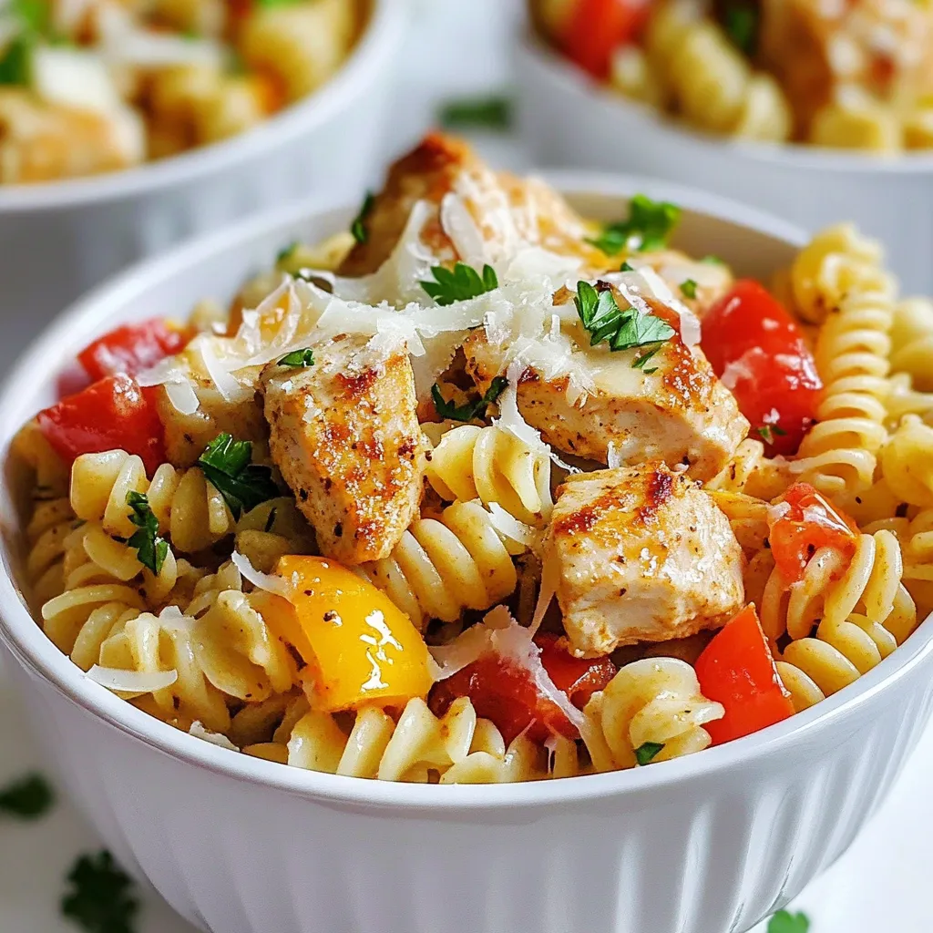 - 12 oz rotini pasta - 2 tbsp olive oil - 1 lb chicken breast, diced into bite-sized pieces - 1 tbsp Cajun seasoning - 1 tsp garlic powder - 4 cloves garlic, minced - 1 red bell pepper, diced into small cubes - 1 cup cherry tomatoes, halved - 1 cup heavy cream - 1 cup grated Parmesan cheese - Salt and black pepper to taste - Fresh parsley, chopped (for garnishing) Cajun Garlic Chicken Rotini needs a few key ingredients. You start with rotini pasta. It holds sauce well and adds nice texture. Next, you need chicken breast. Dicing it into small pieces helps it cook fast and stay juicy. Cajun seasoning adds that famous kick. It brings warmth and flavor to the dish. Garlic powder gives a subtle hint of garlic. You also want fresh garlic for a punchier taste. The red bell pepper brings sweetness and color. Cherry tomatoes add freshness and a juicy burst. Heavy cream makes the sauce rich and smooth. Grated Parmesan cheese adds a cheesy depth. Salt and black pepper balance all the flavors. Finally, fresh parsley brightens the dish as a garnish. Gather these ingredients before you start cooking. This will make the process smooth and enjoyable. Each ingredient plays a role in creating a dish that is both comforting and exciting. {{ingredient_image_2}} To start, fill a large pot with water. Add a good pinch of salt to it. Bring the water to a full boil. This usually takes about 5-7 minutes. Once boiling, add 12 oz of rotini pasta. Cook the pasta for 8-10 minutes, or until it's al dente. Stir it occasionally. When done, drain the pasta and set it aside. Keep a bit of the pasta water, just in case you need it later. Next, grab a large skillet. Heat 2 tablespoons of olive oil over medium-high heat. Once hot, add 1 pound of diced chicken breast. Sprinkle it with 1 tablespoon of Cajun seasoning, 1 teaspoon of garlic powder, salt, and black pepper. Cook the chicken for 5-7 minutes. Stir it often, making sure it cooks evenly. The chicken should be juicy and golden brown when done. Now, lower the heat to medium. Add 4 cloves of minced garlic, 1 diced red bell pepper, and 1 cup of halved cherry tomatoes to the skillet. Sauté these for 3-4 minutes. You want the bell pepper to soften and the tomatoes to release their juices. This adds great flavor to your dish. Pour in 1 cup of heavy cream while stirring. Mix it well with the chicken and veggies. Let this simmer for 2-3 minutes. This allows the sauce to thicken. After that, add the drained rotini to the skillet. Toss everything together until the pasta is coated. Gradually fold in 1 cup of grated Parmesan cheese. Stir continuously until the cheese melts into the sauce. If it seems too thick, add a splash of the reserved pasta water. Taste your Cajun Garlic Chicken Rotini. Adjust the seasoning with more salt or pepper if needed. Once you're happy with the taste, remove the skillet from the heat. To serve, garnish with fresh chopped parsley. This adds a nice color and flavor. You can also drizzle a bit of olive oil on top. Enjoy your meal! To enhance your Cajun garlic chicken rotini, spice levels matter. Start with one tablespoon of Cajun seasoning. If you crave more heat, add a pinch at a time. Taste as you go to find your sweet spot. Choosing the right Cajun seasoning is key. Look for a blend with paprika, cayenne, and herbs. I recommend trying different brands. Each one offers a unique flavor that can change your dish. For a thick and creamy sauce, let it simmer. Use heavy cream and allow it to cook down. This helps the sauce cling to the pasta. Pasta water is your secret weapon. Save a cup before draining. If the sauce is too thick, add a splash of that starchy water. It helps achieve the perfect consistency. Pair your rotini with crusty garlic bread. It’s perfect for soaking up the creamy sauce. You can also add a side salad with fresh greens for balance. For presentation, serve in deep bowls. Drizzle a bit of olive oil on top. Finish with extra Parmesan and fresh parsley. This adds color and makes the dish pop. Pro Tips Choose the Right Pasta: Opt for whole wheat or gluten-free rotini for a healthier twist, enhancing both nutrition and flavor. Enhance the Flavor: Marinate the chicken in Cajun seasoning and a splash of lemon juice for at least 30 minutes before cooking to deepen the flavors. Vegetable Variations: Feel free to add other vegetables like zucchini or spinach for extra color and nutrients. Perfectly Creamy Sauce: For a silkier texture, whisk in a tablespoon of cream cheese when adding the heavy cream. {{image_4}} You can easily swap chicken for other proteins. Shrimp works well in this dish. It cooks quickly and adds a nice flavor. You can also use sausage for a hearty touch. Chorizo brings a nice spice, while turkey is a lean option. Just adjust the cooking time for different proteins. For a meatless dish, replace chicken with veggies. Try using mushrooms for a meaty texture. Zucchini and spinach also add great flavors. Chickpeas or lentils can boost the protein. Always sauté the veggies until tender for the best taste. Want it spicier? Add more Cajun seasoning or a dash of hot sauce. Sliced jalapeños can also heat things up. If you prefer a milder dish, reduce the Cajun seasoning. Cream can help tone down the heat as well. Always taste as you go to find your perfect spice level. To keep your Cajun Garlic Chicken Rotini fresh, store it in an airtight container. Let it cool first to avoid steam buildup. Place it in the fridge within two hours after cooking. This dish stays good for about 3 to 4 days. If you want to save some for later, freezing is a great option. Allow the dish to cool completely. Then, scoop it into freezer-safe bags or containers. Remove as much air as possible before sealing. Your rotini can last up to 3 months in the freezer. When you're ready to enjoy your leftovers, there are a few good methods. You can use the microwave for quick reheating. Just cover the bowl with a damp paper towel. Heat in short bursts to avoid overcooking. You can also reheat it on the stove over low heat. Add a splash of water or cream to keep it moist. Stir often until it’s hot. Enjoy your meal! Cajun Garlic Chicken Rotini lasts about three to four days in the fridge. To keep it fresh, store it in an airtight container. Make sure to let it cool before sealing. Yes, you can make this dish without heavy cream. Use milk or a plant-based alternative instead. You can also add a bit of flour to thicken the sauce. If you don’t have Cajun seasoning, mix paprika, garlic powder, and cayenne pepper. This mix gives a nice kick. You can adjust the heat level to your taste. Rotini is a great choice for this dish. Its twists hold the sauce well, making each bite flavorful. You can also use penne or fusilli if you prefer. You learned how to make Cajun Garlic Chicken Rotini with simple steps and tasty tips. I shared ingredient details, cooking methods, and fun variations. This dish is easy to adapt for different diets and spice levels. Remember to taste as you go for the best flavor. Whether you enjoy it fresh or save it for later, it’s sure to please. Dive into this delicious dish, and let your cooking shine!