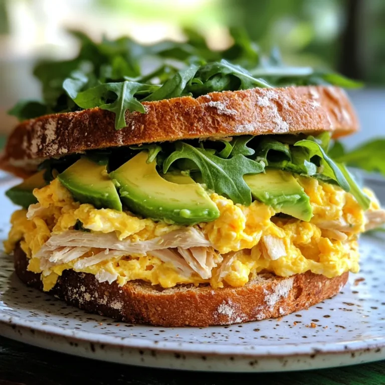 - 1 cup cooked chicken, shredded - 2 large eggs - 2 tablespoons mayonnaise - 1 teaspoon Dijon mustard - 1 tablespoon fresh chives, finely chopped - 1 tablespoon olive oil - 4 slices of whole grain bread - 1 ripe avocado, sliced - Handful of leafy greens (such as romaine or arugula) for garnish The main ingredients create a tasty sandwich. The shredded chicken gives it protein and flavor. Eggs add fluffiness and richness to each bite. Mayonnaise and Dijon mustard bring creaminess and a zing that makes it special. Fresh chives add a nice hint of onion. Olive oil gives a little extra taste when cooking the eggs. Whole grain bread adds fiber and texture. The avocado slices make it creamy, while leafy greens add freshness. - Salt - Pepper - Additional herbs or spices Seasoning is key to a great sandwich. Salt and pepper enhance the flavors in your chicken and eggs. You can add other herbs, like parsley or dill, for extra taste. These small touches make a big difference in flavor and satisfaction. - Mixing bowl - Skillet - Toaster - Cutting board - Knife Using the right tools helps you cook well. A mixing bowl is perfect for combining the chicken mix. A skillet is needed for scrambling the eggs. A toaster gives you perfectly golden bread. A cutting board and knife make it easy to slice the avocado and sandwich. {{ingredient_image_2}} To start, grab a medium bowl. Add 1 cup of shredded chicken. Then, mix in 2 tablespoons of mayonnaise and 1 teaspoon of Dijon mustard. Stir this well. You want every piece of chicken coated. Next, chop 1 tablespoon of fresh chives. This will add a wonderful flavor. Toss the chives into the bowl. Add a pinch of salt and pepper to taste. Stir again until all ingredients blend perfectly. For fluffy scrambled eggs, crack 2 large eggs into a bowl. Use a whisk to beat them lightly. Season the eggs with salt and pepper. Heat a skillet over medium heat and add 1 tablespoon of olive oil. Once hot, pour in the eggs. Stir gently and often. Cook until the eggs are fully set but still soft. Remove them from heat. This way, they stay fluffy and delicious. Now, let’s toast the bread. Use 4 slices of whole grain bread. You can toast them in a toaster or on a skillet. If using a skillet, keep it on medium heat. Toast until the bread is golden brown. This usually takes about 3-5 minutes. Watch closely to avoid burning. Perfectly toasted bread adds a nice crunch to your sandwich. To avoid soggy sandwiches, use fresh bread. Toast the bread until it's golden brown. This helps create a barrier against moisture. Ensure you do not overfill the sandwich. Balance the ingredients well for a perfect bite. Adding cheese or hot sauce can boost flavor. Try sharp cheddar or creamy goat cheese for a rich taste. A dash of your favorite hot sauce adds a nice kick. Consider using herbs like basil or parsley for fresh flavor. Serve the sandwich on a wooden board for a rustic look. You can also place it on a colorful plate to brighten up the meal. Garnish with a sprig of chives or a slice of avocado on the side. Leafy greens add a fresh touch and make the plate pop. Pro Tips Use Fresh Herbs: Incorporating fresh herbs like parsley or basil can elevate the flavor profile of your chicken egg sandwich. Perfectly Scrambled Eggs: For creamier scrambled eggs, add a splash of milk or cream while whisking the eggs before cooking. Avocado Ripeness: Ensure your avocado is perfectly ripe for the best flavor and creaminess; it should yield slightly when pressed. Customize Your Greens: Feel free to mix different leafy greens, such as spinach or kale, for added nutrition and texture in your sandwich. {{image_4}} You can make this sandwich healthier. Try using Greek yogurt instead of mayonnaise. Greek yogurt adds creaminess and cuts calories. It also boosts protein. If you want to lower carbs, use low-carb bread. This keeps the sandwich tasty without the extra carbs. Whole grain bread is a great choice for fiber. You can switch up the protein. A turkey egg sandwich is a wonderful choice. Just swap the chicken for cooked turkey. It tastes great and is still filling. If you prefer a vegetarian option, use chickpeas. Mash the chickpeas and mix them with yogurt or mustard. This gives you a hearty sandwich that is plant-based. Get creative with flavors. Try a Southwest-inspired chicken egg sandwich. Add jalapeños, avocado, and cilantro for a spicy twist. For a Mediterranean flavor, use feta cheese and olives. These ingredients add a nice briny taste. They pair well with the chicken and eggs. You can play with flavors to make your sandwich unique! To store leftover sandwiches, wrap them in plastic wrap or foil. This keeps them fresh. You can also use an airtight container. Make sure to put them in the fridge right away. This helps avoid any bacteria growth. Keep the sandwich in the fridge for up to three days. For keeping ingredients fresh, store the chicken mixture in a separate container. Use it within two days for the best taste. You should also keep the eggs and avocado separate until ready to eat. This keeps the bread from getting soggy. Yes, you can freeze the chicken mixture. Just place it in a freezer-safe bag or container. Make sure to remove as much air as possible. It can last up to three months in the freezer. To thaw, move the chicken mixture to the fridge overnight. Once thawed, give it a good stir before using. For reheating, warm it on the stove or microwave until hot. This will ensure you keep the best flavor and texture. In the fridge, the cooked chicken lasts about three to four days. Eggs should be used within a week of cooking. The whole grain bread keeps fresh for about five to seven days. Signs that the sandwich is no longer good include a foul smell or a slimy texture. If the avocado turns brown or mushy, it’s time to throw it out. Always trust your senses. If it looks or smells off, don’t eat it. A chicken egg sandwich is a tasty meal. It combines chicken and eggs in bread. The common ingredients are: - 1 cup cooked chicken, shredded - 2 large eggs - 2 tablespoons mayonnaise - 1 teaspoon Dijon mustard - 1 tablespoon fresh chives, finely chopped - 4 slices of whole grain bread - 1 ripe avocado, sliced - Leafy greens for garnish This sandwich is creamy, savory, and filling. You get protein from both chicken and eggs. The creamy mayo and mustard bring a nice zing. Fresh chives add a hint of onion flavor. The avocado gives it a creamy texture. Yes, you can make this sandwich in advance. Prepare the chicken mixture and store it in the fridge. You can also scramble the eggs ahead of time. Just keep them in a separate container. When you are ready to eat, toast the bread. Then assemble the sandwich for a fresh meal. Making it ahead saves time. It is perfect for busy mornings or quick lunches. You can pair this sandwich with many side dishes. Here are some tasty ideas: - A fresh garden salad - Tomato soup for a cozy touch - Sweet potato fries for a crunch - A fruit salad for a refreshing bite These sides complement the sandwich well. They add color and variety to your meal. Enjoying your sandwich with these dishes makes it even more delightful! This blog post showed you how to make a chicken egg sandwich. We covered key ingredients, including chicken, eggs, and various seasonings. I shared simple steps for mixing and scrambling, along with tips for perfect texture and flavor. You can even play with variations and storage options. Remember, the best sandwich combines taste and texture. With a few tweaks, you can make a dish that fits your diet. Embrace creativity in your cooking, and have fun with your meals! Enjoy your tasty creations!