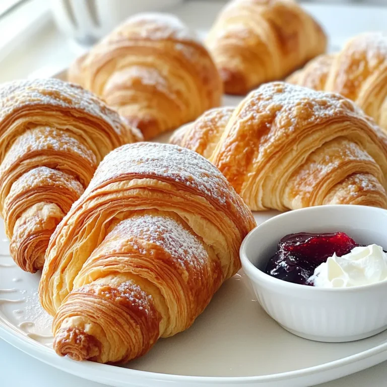 To make fluffy croissants, gather these key ingredients: - 4 cups all-purpose flour - 1/4 cup granulated sugar - 1 tablespoon salt - 1 tablespoon instant yeast - 1 cup whole milk, warm (approximately 110°F) - 1/2 cup unsalted butter, softened to room temperature - 1 1/2 cups unsalted butter, cold (for laminating) - 1 large egg (for egg wash) Using the best ingredients makes a big difference. Always choose high-quality all-purpose flour. It gives structure to the croissants. Look for fresh instant yeast. Old yeast can lead to flat croissants. Use real unsalted butter for the best flavor. It helps achieve that rich, flaky texture. Whole milk adds moisture. Warm milk activates the yeast. It is crucial for a good rise. If you have special diets, you can still enjoy croissants. For a dairy-free option, use vegan butter or coconut oil. Almond milk can replace whole milk, but ensure it's warm. For gluten-free, try a gluten-free flour blend. Just make sure it has xanthan gum to help with texture. To start, you need to activate the yeast. In a small bowl, mix warm milk and granulated sugar. Stir until the sugar dissolves. Next, sprinkle the instant yeast over the milk. Let it sit for 5-10 minutes. You want it to be frothy and bubbly. This shows the yeast is alive and ready to work. Now, it's time to make the dough. In a large bowl, combine all-purpose flour and salt. Create a well in the center of the flour. Pour in the activated yeast mixture and softened butter. Mix it with a wooden spoon or your hands. You want a shaggy dough to form. Transfer the dough to a floured surface. Knead it for 5-7 minutes. You should feel it become smooth and elastic. Shape the dough into a ball. Place it in a greased bowl and cover with a damp cloth. Let it rise in a warm spot for 1-1.5 hours. It should double in size. While the dough rises, prepare the butter block. Take cold butter and place it between two sheets of parchment paper. Use a rolling pin to pound and roll it into an 8x8 inch square. Chill this butter block in the fridge until it firms up. Once the dough has risen, gently punch it down. Turn it out onto a lightly floured surface. Roll the dough into a large rectangle, about 16x10 inches. Place the cold butter square in the center. Fold the dough edges over the butter and seal tightly. Roll out this sealed dough into a larger rectangle, about 24x10 inches. Fold the dough into thirds like a letter. Wrap it in plastic and refrigerate for 30 minutes. Repeat this rolling and folding two more times. After the final fold, roll the dough into a larger rectangle, about 30x10 inches. Cut the dough into triangles, each 5 inches wide at the base. Start rolling each triangle from the base to the tip to form the croissants. Place them seam side down on a lined baking sheet. Cover with a damp cloth and let them rise for about 1 hour. They should look puffy and expanded. Preheat your oven to 400°F (200°C). Beat an egg in a bowl and brush it over each croissant. This gives them a golden finish. Finally, bake the croissants for 15-20 minutes. They should puff up and turn a beautiful golden brown. Enjoy the joy of baking these fluffy croissants! To make your croissants light and fluffy, you must focus on the dough and the butter. Use strong all-purpose flour. This gives the dough strength and structure. When you knead, aim for a smooth and elastic texture. This means you’ve activated the gluten. The yeast must be fresh and active. Let it foam before mixing. This shows it is ready to work. Many home bakers rush the rising times. Don’t skip the first rise; let the dough double in size. If you don’t, the croissants will not get enough air. Be careful when rolling the butter into the dough. If it gets too warm, it melts, ruining the layers. Also, avoid cutting the dough too thick. Croissants need to be rolled thin for the best layers. Laminating the dough is key to flaky layers. Make sure the butter is cold and firm. Roll the dough out evenly. Fold it like a letter, keeping the edges sealed. Chill the dough between folds. This helps keep the butter cold. Repeat this process three times. Each fold creates more layers. Finally, when shaping, roll tightly from the base. This helps form the croissant shape. {{image_4}} Adding fillings to croissants is easy and fun. You can use chocolate, almond paste, or even fruit. To add chocolate, place a small piece inside each triangle before rolling. For almond, spread a thin layer of almond paste on the dough. These fillings create a burst of flavor with each bite. Savory croissants offer a tasty twist. You can fill them with cheese, ham, or spinach. To make a cheese croissant, sprinkle shredded cheese before rolling. For a ham version, add thin slices of ham. Each savory bite gives a new taste experience that pairs well with soups or salads. If you need vegan or gluten-free options, there are ways to adapt. Use vegan butter and almond milk instead of dairy. For gluten-free dough, replace all-purpose flour with a gluten-free blend. Follow the same steps, but expect different textures. These options let everyone enjoy croissants, no matter their diet. To keep your croissants fresh, store them in an airtight container. This helps prevent them from getting stale. If you have leftover croissants, place them at room temperature for up to two days. For longer storage, you can refrigerate them. To enjoy your croissants again, I recommend reheating them in the oven. Preheat your oven to 350°F (175°C). Place the croissants on a baking sheet and heat for about 5-10 minutes. This warms them up and brings back their crispiness. Avoid using the microwave, as it can make them soggy. Freezing croissants is a great way to save them for later. First, let the croissants cool completely. Then, wrap each one tightly in plastic wrap and place them in a freezer-safe bag. They will stay fresh for up to three months. When ready to eat, thaw them in the fridge overnight and reheat as mentioned above. It takes about 4 hours to make fluffy croissants. This time includes preparation, rising, and baking. You spend around 2 hours on prep and 2 hours for the dough to rise and bake. Yes, you can make the dough in advance. After you knead the dough, let it rise until doubled. Then, you can cover it and chill it in the fridge. This way, you can shape croissants later. The dough will be ready when you are. Croissants may not be flaky due to poor lamination. If the butter melts into the dough, it won’t create layers. Make sure the butter is cold and firm during the folding process. Also, keep the dough chilled between folds to maintain its structure. The secret to a light and airy croissant is in the layers. Proper lamination creates thin butter layers between the dough. This helps the croissant puff up while baking. Be gentle when rolling and folding. Don’t rush the process; patience is key. You can find the best fluffy croissants at local bakeries known for their pastries. Look for shops that use quality ingredients and traditional methods. If you’re near a French bakery, that’s a great place to start. You might also find good options at farmer’s markets. In this article, we explored the key ingredients for fluffy croissants, from essential components to quality choices. We walked through each step, from activating yeast to baking. I shared tips to avoid common mistakes and achieve perfect fluffiness. We discussed tasty variations, storage methods, and answered your most pressing questions. Mastering croissants takes practice but is worth it. Enjoy flaky, buttery treats that impress everyone. Now, roll up your sleeves and start baking!