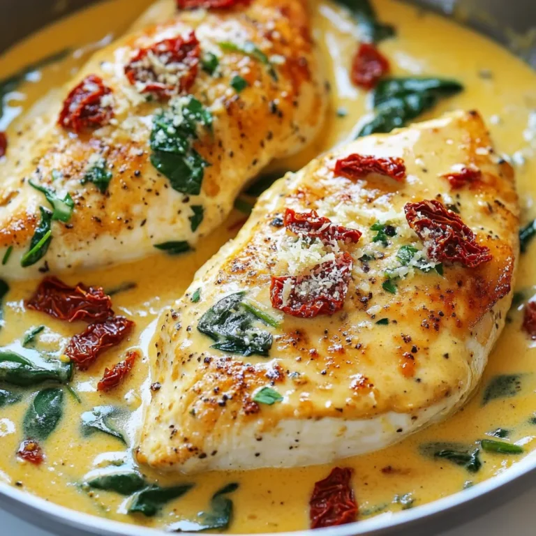 - 2 boneless, skinless chicken breasts - 1 cup Greek yogurt - 1/2 cup low-sodium chicken broth - 1 cup fresh spinach, chopped - 1/2 cup sun-dried tomatoes, roughly chopped - 2 cloves garlic, minced - 1 teaspoon dried basil - 1 teaspoon dried oregano - Salt and black pepper to taste - 1 tablespoon olive oil - 1/4 cup grated Parmesan cheese - Fresh parsley, chopped The main ingredients are the heart of this recipe. I love the chicken breasts because they stay juicy and cook evenly. Greek yogurt brings a creamy texture and a protein boost. Low-sodium chicken broth adds flavor without being too salty. For the additional ingredients, fresh spinach adds color and nutrients. Sun-dried tomatoes add a burst of sweetness. Garlic gives a strong, savory taste. Dried basil and oregano round out the flavor. Salt and pepper help bring all the tastes together. You can garnish the dish with grated Parmesan cheese for a salty kick. Fresh parsley adds a vibrant touch. These little details make a big difference in presentation and taste. {{ingredient_image_2}} - Seasoning the chicken Start by seasoning both sides of the chicken breasts. Use salt, black pepper, and dried basil. This mix boosts the flavor and makes each bite tasty. - Cooking the chicken Heat olive oil in a large skillet over medium heat. When the oil shimmers, add the seasoned chicken breasts. Cook them for about 6-7 minutes on each side. Look for a golden brown color. Make sure the chicken is cooked through. Once done, take the chicken out and put it on a plate to rest. - Sautéing garlic and sun-dried tomatoes In the same skillet, add minced garlic. Sauté for about one minute until it smells good. Watch closely so the garlic does not burn. Next, add the chopped sun-dried tomatoes. Cook for two more minutes while stirring often. - Incorporating chicken broth and Greek yogurt Pour in the low-sodium chicken broth and bring it to a gentle simmer. This step helps blend the flavors. Once it simmers, lower the heat. Gradually stir in the Greek yogurt. Mix until it is smooth. Let it simmer for about three minutes, stirring now and then to keep it creamy. - Adding spinach and chicken back to the skillet Toss in the chopped spinach and cook until it wilts. This usually takes about 2-3 minutes. Then, return the cooked chicken to the skillet. Nestle it in the creamy sauce and let it heat through for another two minutes. - Adjusting seasoning before serving Taste the sauce and adjust the seasoning if needed. Add more salt or pepper to suit your taste. When ready, serve the chicken on plates, drizzling it with the creamy sauce. Enjoy your meal! - To ensure chicken is cooked through, use a meat thermometer. The chicken should reach 165°F. - To avoid curdling Greek yogurt, add it off the heat. Mix it slowly into the sauce. - Adjust seasoning by tasting as you cook. Add more salt or pepper if needed. - Serve the chicken over quinoa or rice for extra flavor and texture. A lemon wedge adds brightness. - Lower calories by using non-fat Greek yogurt instead of regular yogurt. - Increase protein by adding a scoop of protein powder to the Greek yogurt sauce. Pro Tips Perfectly Cooked Chicken: Use a meat thermometer to ensure your chicken reaches an internal temperature of 165°F (75°C) for safe consumption and optimal juiciness. Enhance Flavor with Marinade: Marinating chicken breasts in Greek yogurt for at least 30 minutes before cooking can further tenderize the meat and infuse it with flavor. Customizable Creamy Sauce: Feel free to add additional vegetables such as bell peppers or mushrooms for a more colorful and nutritious sauce variation. Storage Tips: Store any leftovers in an airtight container in the refrigerator for up to 3 days. Reheat gently on the stove to maintain creaminess. {{image_4}} You can easily switch up the protein in this dish. If you prefer turkey, use turkey breasts instead of chicken. For a plant-based option, tofu works well too. Just make sure to press the tofu to remove excess moisture. This will help it absorb flavors better. Greek yogurt adds creaminess, but you can swap it for sour cream or cottage cheese. Each option brings its unique taste and texture. If you want a dairy-free choice, try using vegan yogurt made from coconut or almond milk. Enhancing the flavor of your creamy chicken is simple. Try adding herbs like thyme or rosemary. Fresh herbs can brighten the dish. You can also experiment with spices like paprika or cayenne for a little heat. Don’t forget about vegetables! Bell peppers or mushrooms can add depth. You can sauté them with the garlic for a tasty twist. Pair your creamy chicken with various sides. Quinoa or whole-grain rice makes a great base. You can also serve it with mashed potatoes for a comforting meal. If you’re watching carbs, consider serving it over steamed cauliflower rice or zucchini noodles. Both options are light and delicious. They soak up the creamy sauce nicely and keep the meal healthy. To keep your High Protein Creamy Chicken fresh, start with proper cooling. Allow the dish to cool down for about 30 minutes at room temperature. This helps avoid condensation in your storage containers. Use airtight containers to keep moisture in and air out. Glass containers work well as they do not stain and are easy to clean. When it’s time to enjoy leftovers, reheating is key. For the best results, use a stovetop method. Place the chicken in a skillet over low heat. Add a splash of chicken broth or a bit more Greek yogurt. Stir gently to prevent the sauce from separating. If you prefer using a microwave, cover the dish with a damp paper towel to keep the chicken moist. Heat in short bursts, stirring in between. In the fridge, your creamy chicken will last for about 3 days. Make sure to store it in an airtight container. If you want to keep it longer, consider freezing. It can be frozen for up to 3 months. When freezing, portion it out for easy meals later. Thaw it overnight in the fridge before reheating for the best flavor and texture. Can I use frozen chicken breasts for this recipe? Yes, you can use frozen chicken breasts. Just make sure to thaw them first. This helps the chicken cook evenly. If you cook from frozen, increase the cooking time. Aim for an internal temperature of 165°F to ensure safety. What can I substitute for Greek yogurt? You can use sour cream or plain yogurt. These options will keep the dish creamy. Another choice is cottage cheese, which adds protein but may change the texture slightly. Choose what you prefer based on taste and diet. How much protein is in each serving? Each serving provides about 40 grams of protein. Chicken breasts are a great source of protein. Greek yogurt also adds a nice boost, helping you meet your daily needs. Are there any dietary restrictions for this dish? This dish is generally gluten-free and low in carbs. However, it does contain dairy from the Greek yogurt and Parmesan cheese. If you're lactose intolerant or vegan, consider using dairy-free alternatives. Can this recipe be made in a slow cooker? Yes, you can make this in a slow cooker. Just add all the ingredients and cook on low for 4-6 hours. This method will make the chicken very tender and infuse flavors well. What cooking methods can be used for the chicken? You can grill, bake, or pan-sear the chicken. Grilling adds a nice char flavor. Baking is easy and hands-off. Pan-searing gives a golden crust. Choose the method that fits your time and taste. This post covered a delicious high-protein creamy chicken recipe. We discussed key ingredients, simple steps, and helpful tips. You now know how to create a tasty sauce using Greek yogurt and chicken broth. I also shared variations if you want to switch things up or adjust flavors. Remember, cooking can be fun and healthy. Feel free to experiment with ingredients and enjoy your meal! Healthy eating never tasted this good.