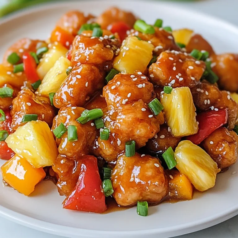 - 1 lb chicken breast, diced into bite-sized pieces - 1/2 cup mixed bell peppers (red and green), finely chopped - 1/2 cup fresh or canned pineapple chunks - 1/2 cup yellow onion, diced - 1/4 cup granulated sugar - 1/4 cup apple cider vinegar - 3 tablespoons ketchup - 1 tablespoon low-sodium soy sauce - 1 tablespoon cornstarch - 2 tablespoons vegetable oil - Salt and freshly ground black pepper to taste - Toasted sesame seeds and sliced green onions for garnish You can swap the chicken for tofu or shrimp. Both work well with this dish. If you don’t have apple cider vinegar, use rice vinegar instead. For a lower-sugar option, try using honey or a sugar substitute. You can also use frozen veggies if fresh ones are not available. This recipe is great for many diets. It is low in carbs and high in protein. If you want a gluten-free option, use a gluten-free soy sauce. The dish is also nut-free and can fit into a balanced meal plan. For vegan or vegetarian diets, use a plant-based protein and skip the chicken. Always check labels for allergens if needed. {{ingredient_image_2}} To start, get a mixing bowl. Add 1 pound of diced chicken breast. Sprinkle a pinch of salt and a few grinds of black pepper on top. Then, mix in 1 tablespoon of cornstarch. This helps the chicken stay juicy. Stir well until the chicken is coated. Let it sit for about 15 minutes. This step lets the chicken soak up all the flavors. Next, grab a small mixing bowl. In it, whisk together 1/4 cup of granulated sugar, 1/4 cup of apple cider vinegar, 3 tablespoons of ketchup, and 1 tablespoon of low-sodium soy sauce. Mix until the sugar dissolves. This creates a smooth and tangy sauce. Set this bowl aside for later. Now, take a large non-stick skillet. Heat 2 tablespoons of vegetable oil over medium-high heat. Once the oil is hot and shimmering, add the marinated chicken. Cook the chicken for about 5 to 7 minutes. Turn it occasionally to brown all sides. When it’s golden brown and cooked through, remove it from the skillet and set it on a plate. In the same skillet, add 1/2 cup of diced yellow onion, 1/2 cup of finely chopped mixed bell peppers, and 1/2 cup of pineapple chunks. Stir-fry these for about 3 to 4 minutes. You want the veggies to soften but still be crisp. This adds great texture to your dish. Return the cooked chicken to the skillet with the veggies. Pour the sweet and sour sauce over the mixture. Stir everything well so that each piece is coated in the sauce. Let it simmer for about 5 minutes. This step allows the flavors to combine and deepen. If you like a thicker sauce, this step is for you. Mix 1 teaspoon of cornstarch with 1 tablespoon of water in a small bowl. Make sure it’s smooth. Add this mixture to the skillet while stirring. Keep stirring until the sauce thickens to your liking. Once done, remove the skillet from the heat. Plate the sweet and sour chicken and add a generous sprinkle of toasted sesame seeds. Top it off with freshly sliced green onions. For a nice touch, serve it over jasmine rice or quinoa, and add a lime wedge on the side for extra flavor. To make sweet and sour chicken shine, balance is key. You want the right mix of sweet and sour. Use fresh pineapple for a juicy sweetness. The apple cider vinegar adds a tangy punch. Adjust the sugar to your taste. If you like it sweeter, add a bit more sugar. If you want it tangier, add more vinegar. This will help you find your favorite flavor profile. The texture of the chicken matters a lot. Marinate the chicken with cornstarch. This keeps it juicy and tender during cooking. Cook the chicken in hot oil for a golden crust. Avoid overcrowding the pan. This helps the chicken cook evenly. If you have to cook in batches, do it. This way, each piece stays crispy. Garnishes can elevate your dish. I love using toasted sesame seeds for crunch. Sliced green onions add a fresh taste. You can also add lime wedges for a zesty touch. Serve your sweet and sour chicken over jasmine rice. This helps soak up the sauce. For an extra pop of color, sprinkle some herbs on top. These small details make your dish look and taste amazing. Pro Tips Marinate for Flavor: Allowing the chicken to marinate for at least 15 minutes enhances its flavor and tenderness, making every bite juicy and delicious. Fresh Ingredients Matter: Using fresh vegetables and pineapple chunks will elevate the dish, providing a brighter flavor and better texture compared to canned options. Perfect Sauce Consistency: If you prefer a thicker sauce, mix cornstarch with water and add it gradually to the skillet while stirring until the desired thickness is reached. Garnish for Appeal: Don't skip the toasted sesame seeds and green onions; they not only add color but also provide a crunchy texture and additional flavor to the dish. {{image_4}} You can make this dish even better by adding more veggies. They add color, crunch, and nutrition. Try adding: - Broccoli florets - Snap peas - Carrots, sliced thin - Zucchini, diced You can mix and match veggies based on your taste or what you have at home. Just add them when you sauté the onions and bell peppers. If you want to switch things up, use different proteins. Here are some tasty options: - Shrimp: Cook quickly and soak up flavors well. - Tofu: A great choice for a vegetarian meal. Use firm tofu for the best texture. - Pork: Thinly slice pork tenderloin for a nice change. Adjust the cooking time based on the protein you choose. Chicken usually takes about 5-7 minutes, while shrimp cooks faster. The sweet and sour sauce is key to this dish. You can try new flavors too. Here are a few ideas: - Pineapple Juice: Replace the apple cider vinegar with pineapple juice for a sweeter taste. - Mango Chutney: Add a bit of mango chutney to the sauce for a fruity twist. - Chili Sauce: Mix in some chili sauce for a spicy kick. Feel free to experiment. Each sauce change will create a new dish. This keeps your sweet and sour chicken fresh and exciting! After enjoying your sweet and sour chicken, store any leftovers in an airtight container. This keeps the meal fresh and tasty. Place the container in the fridge. Your leftovers will last about three to four days. Make sure to let the dish cool before sealing it. This helps avoid condensation, which can make the dish soggy. When you’re ready to eat the leftovers, reheat them gently. You can use a microwave or a skillet. If using a microwave, place the chicken in a bowl and cover it with a damp paper towel. Heat it in short bursts, checking frequently to avoid overcooking. If you prefer a skillet, add a splash of water to the pan. Heat on low, stirring until warm. This keeps the chicken moist and the sauce flavorful. To freeze sweet and sour chicken, first, let it cool completely. Then, transfer it to a freezer-safe container. Leave some space at the top, as the sauce may expand when frozen. Label the container with the date. This dish can last in the freezer for up to three months. When you’re ready to eat, thaw it in the fridge overnight before reheating. Enjoy your homemade takeout anytime! Yes, you can use frozen chicken. Just make sure to thaw it completely before cooking. Thawing allows for even cooking and better flavor. I recommend placing the frozen chicken in the fridge overnight. If you’re short on time, you can use the microwave’s defrost setting. To add heat, you can mix in red pepper flakes or sriracha sauce. Start with a small amount and taste as you go. You can also use spicy bell peppers, like jalapeños, for a fresh kick. If you like garlic, adding fresh minced garlic can enhance the spice too. Sweet and sour chicken shines when served with fluffy jasmine rice or quinoa. You can also serve it with steamed broccoli or a simple salad. Both sides balance the sweet and tangy flavors nicely. For a fun twist, serve it with crispy spring rolls. Yes, you can make a vegetarian version using tofu or tempeh. Cube the tofu and marinate it just like the chicken. Follow the same cooking steps for the sauce and vegetables. This way, you keep that sweet and sour flavor while enjoying a plant-based meal. This blog post covered the key steps to making sweet and sour chicken. You learned about the ingredients, measurements, and diet tips. I shared clear instructions for marinating, cooking, and serving this dish. We explored tips for flavor balance and texture, plus fun variations to try. Finally, you learned how to store and reheat leftovers. This dish is simple, tasty, and enjoyable. Now, you can impress your family and friends with your new skills!