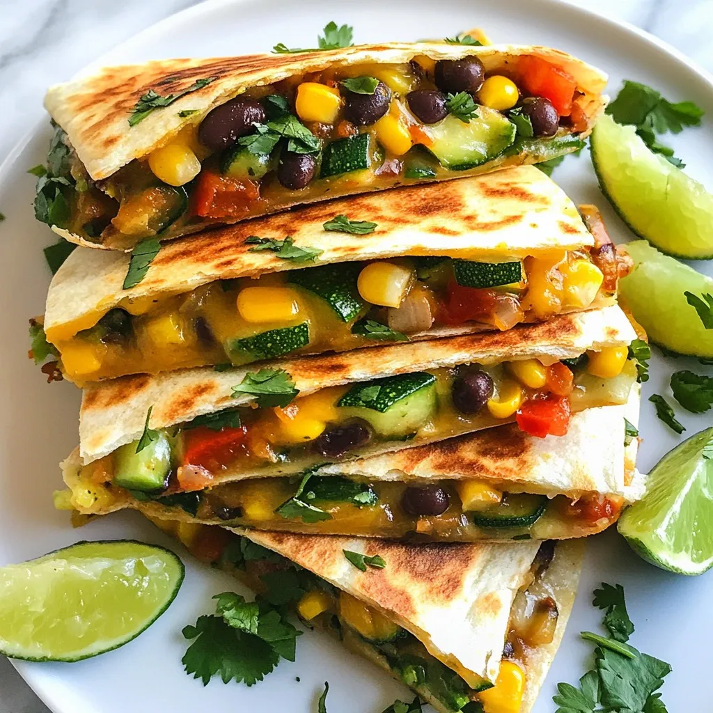 - 4 large flour tortillas - 1 cup black beans, drained and rinsed - 1 cup corn kernels (fresh, frozen, or canned) - 1 bell pepper, diced (choose any color you prefer) - 1 medium zucchini, diced - 1 cup fresh spinach leaves, roughly chopped - 1 teaspoon ground cumin - 1 teaspoon smoked paprika - 1 cup shredded cheese (cheddar, Monterey Jack, or a blend) - 2 tablespoons olive oil - Salt and pepper to taste - Fresh cilantro and lime wedges for serving Gathering fresh ingredients makes a big difference. Use good quality items for better taste. You can swap out some ingredients if needed. Here are a few ideas: - Use whole wheat tortillas for a healthier option. - Swap black beans with pinto beans or chickpeas. - Try diced tomatoes instead of corn for a twist. - Use kale or Swiss chard instead of spinach. - For cheese, try vegan cheese or leave it out for a dairy-free version. Feel free to mix and match based on what you have on hand. Fresh ingredients often taste better and have more nutrients. However, canned ingredients are quick and easy. Here’s how to choose: - Fresh corn will be sweeter than canned. - Canned beans are convenient and save time; just rinse them well. - Fresh bell peppers add crispness, while canned versions lack crunch. When using canned items, check for low-sodium options to keep it healthy. {{ingredient_image_2}} Start by heating 1 tablespoon of olive oil in a large skillet over medium heat. Add the diced bell pepper and zucchini. Cook these veggies for about 5 minutes. You want them to soften and smell great. Next, stir in the drained black beans and corn kernels. Toss in the chopped spinach too. Sprinkle in 1 teaspoon of ground cumin and 1 teaspoon of smoked paprika. Add salt and pepper to taste. Cook this mix for another 3-4 minutes. The spinach should wilt, and all flavors will blend well. Once done, take the skillet off the heat and let the filling cool a bit. Grab the same skillet and add the last tablespoon of olive oil. Heat it over medium heat. Place one flour tortilla in the skillet. On one half of the tortilla, sprinkle ¼ cup of shredded cheese. Then, add a generous scoop of your veggie mix. Top it with another ¼ cup of cheese. Carefully fold the tortilla in half. Make sure the filling is encased well. Let the quesadilla cook for 3-4 minutes. You want it golden brown and crispy on one side. Gently flip it over and cook the other side for another 3-4 minutes. Repeat this step with the other tortillas and filling. When they're all crispy and golden, take them out of the skillet. Cut them into wedges. Serve warm, adding fresh cilantro and lime wedges on the side for zing. To get a crispy quesadilla, use a good amount of oil. Heat your pan to medium. Too hot, and the outside burns before the inside cooks. Too low, and you end up with a soggy mess. Cook each side for about 3-4 minutes. Flip gently to keep the filling inside. This gives you a golden, crunchy quesadilla. Cheese makes quesadillas delicious! I love cheddar for its sharp flavor. Monterey Jack melts well and adds creaminess. You can also mix cheeses for a fun twist. Consider a blend of both for the best of both worlds. Remember, choose cheese you enjoy. It makes a big difference in taste. Seasoning is key for yummy quesadillas. Start with ground cumin and smoked paprika. They add warmth and depth. Don’t forget salt and pepper for balance. You can also try garlic powder or chili powder for a kick. Fresh cilantro brightens the flavor, so sprinkle some on top before serving. Lime wedges add zest and freshness, too. Pro Tips Use Fresh Ingredients: Fresh vegetables will enhance the flavor and texture of your quesadillas. Opt for seasonal produce when possible! Don’t Overfill: While it may be tempting to load up on the filling, overfilling can make it difficult to cook evenly and flip the quesadilla. Experiment with Cheese: Try different types of cheese for varied flavors; a blend of mozzarella and pepper jack can add a delightful creaminess and kick! Serve with Dips: Enhance your quesadilla experience by serving with dips like guacamole, salsa, or sour cream for added flavor and texture. {{image_4}} You can make your quesadillas heartier by adding proteins. Good options include chicken, beef, or shrimp. You can use cooked and shredded chicken or ground beef. If you want to keep it plant-based, try adding tofu or tempeh. Just make sure to season the proteins well before adding them to your mix. This will give your quesadillas more flavor and make them a filling meal. Feel free to mix and match your veggies. Great choices include mushrooms, sweet potatoes, or kale. You can also add red onions for a bit of zing. Mix different textures and colors to make your quesadillas pop. Plus, more veggies mean more nutrients. Don’t be afraid to experiment with what you have at home! While flour tortillas are classic, other options are tasty too. Try corn tortillas for a gluten-free version. Whole wheat tortillas add a nutty flavor and extra fiber. For a fun twist, use spinach or tomato tortillas for a splash of color. Each type of tortilla brings its own taste and texture, so have fun experimenting! Store leftover quesadillas in a sealed container. Place parchment paper between layers to prevent sticking. They will stay fresh for about 3 days in the fridge. Make sure they cool down first to avoid moisture build-up. To reheat, use a skillet on medium heat. Cook for about 3-4 minutes on each side until hot. You can also microwave them for a quick option. Heat on a microwave-safe plate for 1-2 minutes. This method may make them softer, but it’s fast! You can freeze quesadillas for a quick meal later. Wrap each one tightly in plastic wrap and then foil. They will last up to 2 months in the freezer. When ready to eat, thaw overnight in the fridge before reheating. This keeps them tasty and fresh. Yes, you can make Loaded Veggie Quesadillas ahead of time. Prepare the filling and cook the quesadillas. Let them cool, then store them in the fridge for up to two days. When you are ready to eat, reheat them in a skillet for a few minutes. This keeps them crispy and tasty. You have many great options to serve with Loaded Veggie Quesadillas. Here are some ideas: - Fresh salsa or pico de gallo - Guacamole or sliced avocados - Sour cream or Greek yogurt - A simple salad with lime dressing - Corn or bean salad for added crunch These sides add flavor and freshness to your meal. Yes, Loaded Veggie Quesadillas can be made vegan. Just swap the cheese for a plant-based cheese or skip it altogether. Use olive oil for cooking, and make sure your tortillas are free of animal products. This way, everyone can enjoy a delicious meal! Loaded veggie quesadillas allow you to enjoy tasty, healthy meals. We discussed essential ingredients and substitutions. You learned how to make the perfect filling and assemble your quesadillas. I shared tips to get that crispy texture and the best cheese choices. We explored fun variations, plus easy storage tips for leftovers. Now you can create delicious quesadillas anytime. Get creative with ingredients and enjoy!