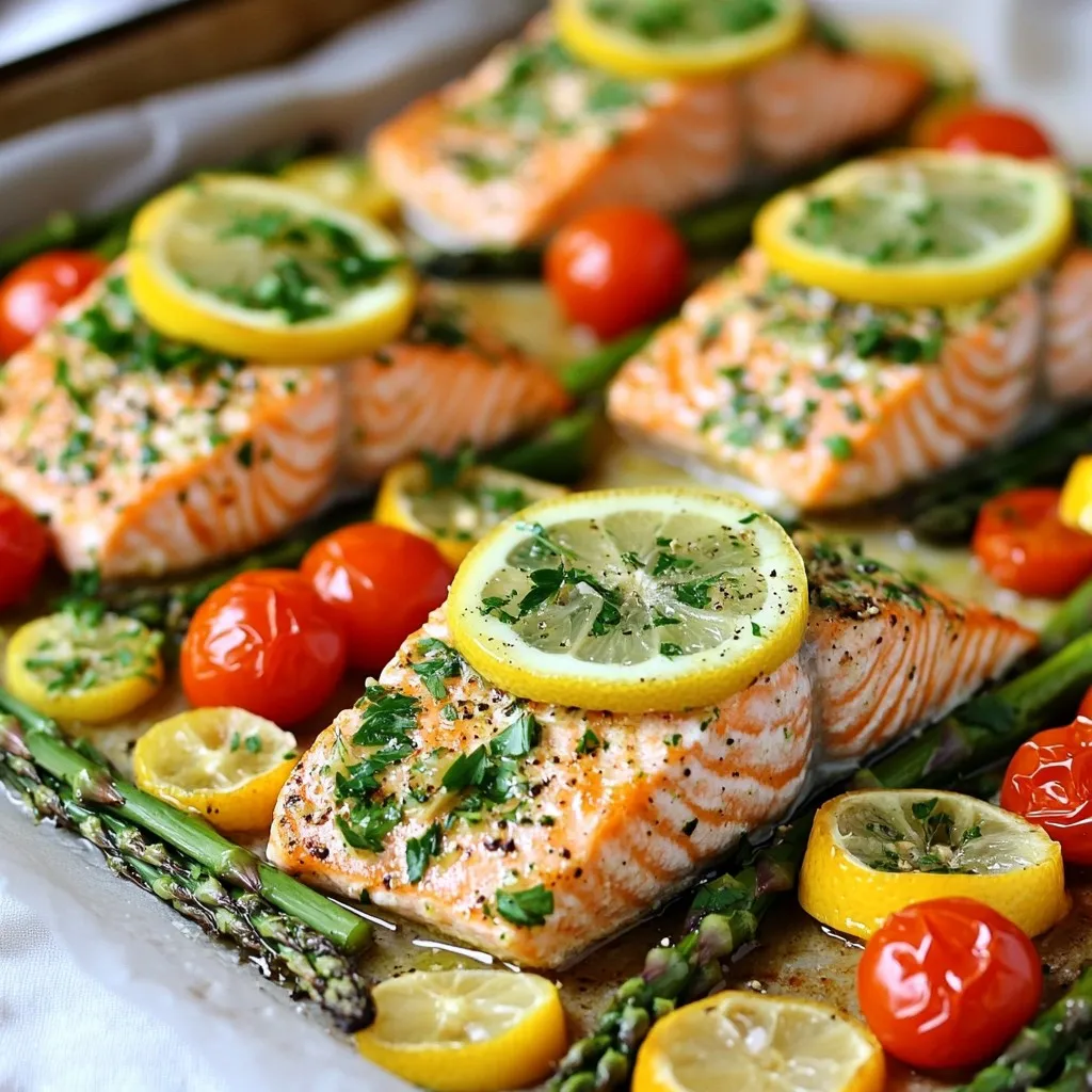 - 4 fresh salmon fillets - 2 tablespoons extra virgin olive oil - 2 lemons (one sliced into rounds, and the other juiced) Fresh salmon fillets are the star of this dish. They give you a rich taste and firm texture. Extra virgin olive oil adds a nice depth of flavor. It also helps the seasoning stick. Lemons brighten the dish and make it zingy. You need one lemon for juice and slices from the other. - 3 cloves garlic, finely minced - 1 teaspoon dried oregano - 1 teaspoon dried thyme - Sea salt and freshly cracked black pepper, to taste Garlic brings a warm, savory aroma. It pairs perfectly with salmon. Dried oregano and thyme add a herby taste that lifts the dish. Sea salt and black pepper enhance all the flavors. They help balance the zesty lemon and rich salmon. - 1 cup cherry tomatoes, halved - 1 cup asparagus spears, trimmed - Fresh parsley, finely chopped, for garnish Cherry tomatoes add sweetness and color. Their juices mix with the salmon for a tasty sauce. Asparagus gives a nice crunch and green freshness. Fresh parsley is the final touch. It adds a pop of color and a fresh taste when you sprinkle it on top. {{ingredient_image_2}} Start by preheating your oven to 400°F (200°C). This high heat helps cook the salmon quickly and evenly. To make cleanup easy, line a baking sheet with parchment paper. This way, your salmon and veggies won’t stick. In a small bowl, mix together two tablespoons of extra virgin olive oil, the juice of one lemon, and three minced garlic cloves. Add one teaspoon each of dried oregano and thyme. Don’t forget to sprinkle in sea salt and black pepper! Whisk everything until it blends well. This mixture gives the salmon a fresh and zesty flavor. Place four salmon fillets skin-side down on the baking sheet. Using a brush or spoon, coat the tops of each fillet with your lemon herb mix. Make sure every bit of salmon gets the tasty sauce. Next, take the sliced lemon rounds and arrange them on top of the fillets. The lemon slices will add a lovely aroma as they bake. In another section of the baking sheet, add one cup of halved cherry tomatoes and one cup of trimmed asparagus spears. Drizzle them with a little olive oil and season them with salt and pepper. This adds color and nutrients to your meal. Now, slide the baking sheet into your preheated oven. Bake for about 12 to 15 minutes. You’ll know your salmon is done when it flakes easily with a fork, and the veggies are tender. Keep an eye on it to avoid overcooking. If you check it, you’ll be sure to serve a perfect dish! Cooking salmon right is key to great texture. You want to cook it at 400°F for 12-15 minutes. This high heat helps keep the fish moist and flaky. Check it with a fork; if it flakes easily, it’s ready. Don’t overcook it, or it can dry out fast. Fresh herbs really boost flavor. They add bright notes to your dish. Use fresh parsley, thyme, or oregano for the best taste. Dried herbs work too, but fresh is better. You can also try marinades. A simple mix of olive oil, lemon, and garlic adds great depth. Experiment with spices like paprika or cumin for a fun twist. How you serve your dish matters. For a rustic look, keep the salmon and veggies on the baking sheet. This makes it easy and casual. For a plated option, arrange the food nicely. Add extra lemon slices on the side for color. A sprinkle of fresh parsley on top makes it pop. Enjoy your meal and impress your guests! Pro Tips Fresh Ingredients Matter: Always opt for fresh salmon and seasonal vegetables to enhance the flavor of your dish. Don’t Overcook: Keep an eye on your salmon; it should be cooked just until it flakes easily with a fork for the best texture. Lemon Zest Boost: For an extra zing, add some fresh lemon zest to the herb mixture before brushing it on the salmon. Meal Prep Friendly: This dish is perfect for meal prep—simply store leftovers in an airtight container for up to three days. {{image_4}} If you want a change from salmon, you can try other fish or seafood. Cod is a great option. It has a mild flavor and cooks well on a sheet pan. Tilapia also works nicely, as it is flaky and absorbs flavors well. For seafood lovers, shrimp can add a fun twist. Just remember to adjust the cooking time since shrimp cooks faster than fish fillets. You can mix up the veggies based on what is fresh or in season. Instead of asparagus, try broccoli or green beans. Both add great crunch and flavor. You can also use zucchini or bell peppers for a colorful touch. Just cut them into similar sizes for even cooking. Carrots are another good option; they add sweetness and pair well with lemon. Change the flavor by using different herbs or spices. Instead of oregano, try basil or dill for a fresh taste. You can add a pinch of red pepper flakes if you like heat. For a sweeter note, mix in some honey or maple syrup with the lemon juice. This adds a nice glaze to the salmon and veggies. Don't be afraid to experiment and find your favorite flavor combinations! To keep your salmon fresh, store leftovers in an airtight container. Place the salmon and veggies together, if possible. Refrigerate them within two hours of cooking. This helps prevent bacteria growth. Enjoy the leftovers within three days for the best taste and safety. When reheating salmon, keep it moist. Preheat your oven to 350°F (175°C). Place the salmon on a baking dish and cover it with foil. This helps trap moisture, so it doesn’t dry out. Heat for about 10 minutes or until warmed through. You can also use a microwave. Just cover the salmon with a damp paper towel to keep it moist. Freezing the dish is easy. Wrap the salmon and veggies tightly in plastic wrap or aluminum foil. Then place them in a freezer-safe bag. Make sure to remove as much air as possible. Label the bag with the date. You can freeze the dish for up to three months. When ready to eat, thaw in the fridge overnight. Then reheat using the tips above for the best results. You can tell salmon is done when it flakes easily with a fork. The flesh should change from a bright pink to a more opaque color. A good rule is to cook it for about 12 to 15 minutes at 400°F. If you have a meat thermometer, the internal temperature should reach 145°F. Let it rest for a minute before you serve it. This gives the juices time to settle. Yes, you can use frozen salmon fillets. However, it is best to thaw them first. Place the fillets in the fridge overnight for safe thawing. If you need to cook them right away, you can also run them under cold water for about 30 minutes. Once thawed, pat them dry before you coat them with the lemon herb mixture. This helps the flavors stick better. Sheet pan salmon goes well with many sides. Here are a few ideas: - Roasted vegetables: You can add bell peppers, zucchini, or Brussels sprouts. - Salads: A simple green salad with lemon vinaigrette works well. - Grains: Serve with quinoa, rice, or couscous for a filling meal. - Potatoes: Mashed or roasted potatoes are tasty too. Mix and match to find your favorite combinations! This blog post covered how to create a delicious sheet pan salmon meal. We discussed key ingredients like fresh salmon, olive oil, and vibrant veggies. You learned the step-by-step process, along with useful tips for flavor and presentation. I shared variations for alternative proteins and vegetables to keep it fresh. Finally, we highlighted best practices for storage and reheating. Embrace these ideas to make cooking easier and enjoyable. You’ll impress anyone at your table with this tasty dish. Happy cooking!