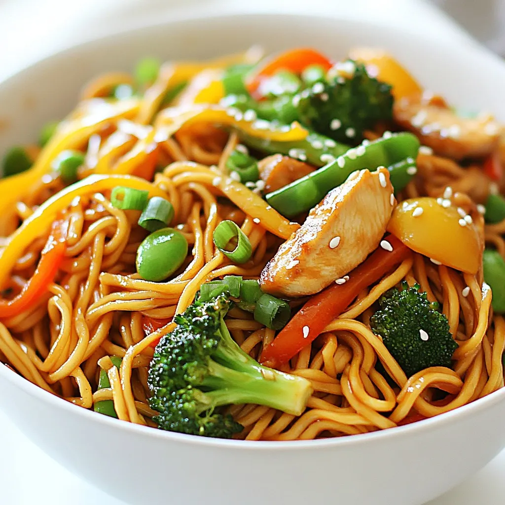 To make Easy Chicken Lo Mein, gather these main ingredients: - 8 oz lo mein noodles - 1 lb boneless, skinless chicken breast, thinly sliced - 2 tablespoons soy sauce - 1 tablespoon oyster sauce - 1 teaspoon sesame oil - 2 cloves garlic, minced - 1 inch ginger, grated - 1 cup broccoli florets - 1 cup bell peppers, sliced (any color) - 1 cup snap peas - 3 green onions, chopped - 2 tablespoons vegetable oil - Salt and pepper, to taste These ingredients create a savory and tasty dish. The chicken adds protein, while the noodles give a lovely base. The mix of fresh vegetables makes this meal colorful and healthy. You can enhance your chicken lo mein with these optional toppings: - Crushed red pepper flakes - Sesame seeds - Fresh cilantro - Chopped peanuts These toppings can add crunch and flavor. Feel free to use what you like best. If you can't find some ingredients, here are easy swaps: - Use spaghetti or rice noodles instead of lo mein noodles. - Swap chicken for shrimp, tofu, or beef. - Use low-sodium soy sauce for a healthier option. - Try other veggies like carrots or cabbage based on your taste. These substitutions will keep your lo mein fun and fresh. Enjoy making it your own! {{ingredient_image_2}} First, bring a pot of salted water to a boil. Add 8 oz of lo mein noodles. Cook for 3-5 minutes until they are al dente. Drain the noodles and set them aside. Take 1 lb of thinly sliced chicken breast. In a bowl, mix the chicken with 2 tablespoons of soy sauce, 1 tablespoon of oyster sauce, and 1 teaspoon of sesame oil. Add 2 cloves of minced garlic and 1 inch of grated ginger. Stir well and let it marinate for 15 minutes. In a large skillet or wok, heat 1 tablespoon of vegetable oil over medium-high heat. Add 1 cup of broccoli florets, 1 cup of sliced bell peppers, and 1 cup of snap peas. Stir-fry for 4-5 minutes. The vegetables should look bright and crisp, then remove them from the pan. In the same skillet, add another tablespoon of vegetable oil. Once hot, add the marinated chicken. Cook for 5-7 minutes, stirring often. The chicken should be golden brown and fully cooked. Return the stir-fried vegetables to the skillet. Add the drained lo mein noodles next. Toss everything together to ensure the noodles and chicken are well mixed and coated with sauce. Season the dish with salt and pepper to your taste. Stir for an extra minute to heat everything through. Serve hot, garnished with chopped green onions for a fresh finish. Enjoy your meal! To cook perfect lo mein noodles, start with a large pot of salted water. Bring it to a rolling boil. Add the noodles to the pot. Cook them for 3 to 5 minutes. The noodles should be firm but not hard. Drain the noodles well and set them aside. This step keeps the noodles from getting mushy. For great flavor, marinate your chicken for at least 15 minutes. Use soy sauce, oyster sauce, sesame oil, minced garlic, and grated ginger. Mix these well with the chicken. This blend adds depth to the dish. Letting the chicken soak in these flavors makes every bite tasty. When stir-frying, heat your skillet over medium-high heat first. Add a tablespoon of vegetable oil. Once hot, toss in the broccoli, bell peppers, and snap peas. Stir-fry for about 4 to 5 minutes. The veggies should be bright and crunchy. Don’t overcook them. This keeps them fresh and full of color. To boost the flavor of your lo mein, add a splash of soy sauce while mixing. You can also toss in some chopped green onions at the end. This adds a fresh taste to your dish. If you like heat, consider adding a few red pepper flakes. These small changes make your meal more exciting. Pro Tips Marinate for Maximum Flavor: Allow the chicken to marinate for at least 15 minutes, or even longer if you have the time. This helps the flavors penetrate the meat, resulting in a more delicious dish. Cook Noodles Al Dente: Be sure to cook the lo mein noodles just until al dente. They will continue to cook when you stir-fry them with the chicken and vegetables, so you want them to have a bit of bite to them. Use High Heat for Stir-Frying: When stir-frying, make sure your skillet or wok is hot enough. This helps to achieve that perfect sear on the chicken and keeps the vegetables crisp. Customize Your Veggies: Feel free to swap out or add other vegetables based on your preferences or what you have on hand. Carrots, mushrooms, and baby corn are excellent additions to lo mein! {{image_4}} You can easily make a vegetarian lo mein. Just skip the chicken and use tofu instead. Tofu adds protein and a nice texture. Use the same sauces to keep the flavor strong. Add more veggies like carrots, mushrooms, and zucchini. These add color and crunch to your dish. If you need a gluten-free dish, choose rice noodles. They have a similar texture and taste. Check that your soy sauce is gluten-free too. Tamari is a great choice. You can still use all the veggies and flavors from the original recipe. Feel free to switch up the proteins. Shrimp or beef work well in this dish. Just adjust the cooking time for each protein. You can also mix in different veggies. Try bok choy, baby corn, or snap peas for variety. Keep it colorful and fun! To store leftover Easy Chicken Lo Mein, let it cool first. This prevents moisture build-up, which can make your noodles soggy. Use an airtight container for storage. Make sure to keep it in the fridge. It will stay fresh for about 3 to 4 days. When it’s time to reheat your Chicken Lo Mein, the stovetop is best. Heat a non-stick skillet over medium heat. Add a splash of water or broth to prevent sticking. Toss in the lo mein and stir for about 5 minutes. This keeps your dish tasty and moist. You can also use a microwave. Just cover it and heat in short bursts, stirring in between. If you want to freeze Chicken Lo Mein, use a freezer-safe container. Allow it to cool completely before sealing. It can last up to 3 months in the freezer. When ready to eat, thaw it overnight in the fridge. Then reheat it as described above. This way, you can enjoy a quick meal any day! Yes, you can prepare Easy Chicken Lo Mein ahead of time. Cook the dish and let it cool. Store it in an airtight container in the fridge. Reheat when you’re ready to eat. You can try different sauces. Some great options include teriyaki sauce, hoisin sauce, or a spicy chili sauce. Each will add a unique flavor twist to your dish. To add spice, you can mix in crushed red pepper flakes or sriracha sauce. You can also use spicy soy sauce for a zesty kick. Start with a little, then adjust to your taste. Lo mein noodles are soft and chewy. They are cooked and then tossed with sauce. Chow mein noodles are crispy and fried. They get a crunchy texture and are less saucy. Chicken Lo Mein lasts about 3 to 4 days in the fridge. Make sure to store it in a sealed container. This keeps it fresh and safe to eat later. Yes, you can cook without oil. Use broth or water instead to stir-fry the chicken and veggies. This method will keep it lighter while still being tasty. Easy Chicken Lo Mein combines simple ingredients, quick steps, and tasty options. You learned how to cook noodles, marinate chicken, and stir-fry veggies. Remember, you can customize flavors using sauces, proteins, and veggies. Store leftovers properly to enjoy later. Whether you prefer vegetarian or gluten-free, there are choices for you. This dish is fun to make and perfect for any night. Now, you can create your own delicious Easy Chicken Lo Mein at home!