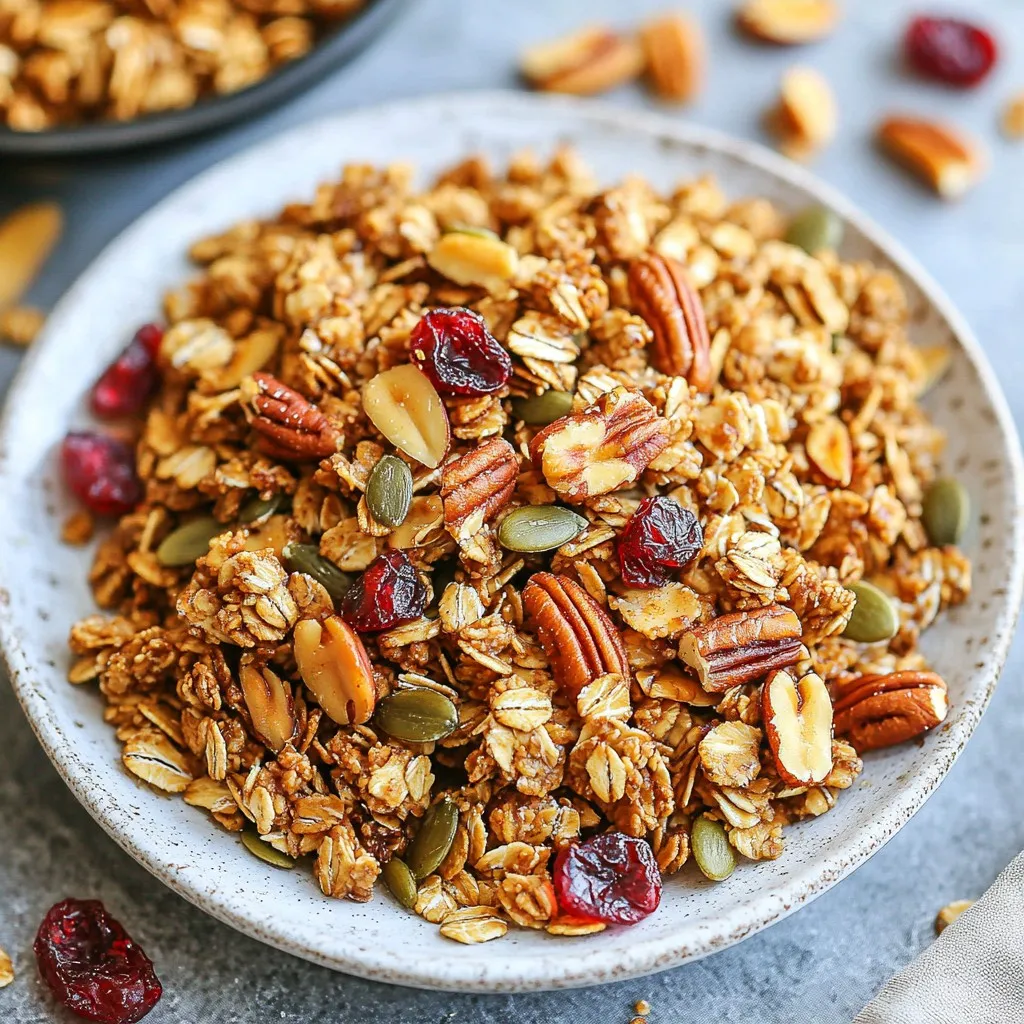 Here’s what you need to make this delicious Maple Pecan Granola: - 3 cups rolled oats - 1 cup pecans, roughly chopped - 1/2 cup almonds, sliced - 1/2 cup pumpkin seeds - 1/2 cup shredded coconut (unsweetened) - 1/2 teaspoon salt - 1 teaspoon ground cinnamon - 1/2 cup pure maple syrup - 1/4 cup coconut oil, melted - 1 teaspoon pure vanilla extract - 1/2 cup dried cranberries (optional) Each ingredient plays a key role. Rolled oats form the base and add fiber. Pecans bring a rich, nutty taste. Almonds add crunch and healthy fats. Pumpkin seeds offer a boost of protein. Shredded coconut gives a sweet, chewy texture. Salt and cinnamon enhance the flavor. Maple syrup acts as a natural sweetener. Coconut oil adds moisture and richness. Vanilla extract brings warmth. Dried cranberries, if used, add a sweet pop. By using fresh, high-quality ingredients, you'll make granola that tastes great and supports your health. Feel free to switch out nuts or seeds to match your taste! {{ingredient_image_2}} 1. Preheating the oven: First, set your oven to 350°F (175°C). This step is key for even baking. Line a large baking sheet with parchment paper. This helps prevent sticking and makes cleanup easy. 2. Mixing dry ingredients: In a large bowl, combine the rolled oats, chopped pecans, sliced almonds, pumpkin seeds, shredded coconut, salt, and ground cinnamon. Stir well to mix all the dry ingredients. Make sure everything is well blended for the best flavor. 3. Preparing the wet mixture: In a small bowl, whisk together the pure maple syrup, melted coconut oil, and pure vanilla extract. Mix until the wet ingredients are smooth and fully combined. This mixture will add sweetness and moisture to your granola. 4. Combining wet and dry ingredients: Pour the wet mixture over the dry ingredients. Use a spatula to mix everything together. Make sure all the dry ingredients are coated well with the syrupy mix. This helps the granola clump together when baking. 5. Spread and bake granola: Transfer the combined mixture onto the prepared baking sheet. Spread it out evenly. If you want chunkier granola, gently press down with a spatula. 6. Bake: Place the baking sheet in your preheated oven. Bake for 25-30 minutes. Stir the granola halfway through baking. This ensures even cooking. Look for a golden brown color and a lovely aroma. 7. Cooling process: After baking, take the baking sheet out of the oven. Let the granola cool completely on the sheet. This cooling step is important for that perfect crunchy texture. 8. Adding optional cranberries: If you like, add the dried cranberries after cooling. Gently toss them into the granola so they mix well. This adds a sweet and chewy element to your crunchy treat. 9. Store: Once cooled, store your granola in an airtight container. Keep it at room temperature for the best freshness. Enjoy your homemade granola for up to two weeks! To get the best crunch, let your granola cool completely after baking. This cooling time allows it to harden. If you skip this step, your granola might stay soft. Adjust your bake time for a lovely golden color. If you want it darker, add a few more minutes. Stir the granola halfway through baking for even color. For chunkier granola, press down on the mixture before baking. This helps it stick together better. You can mix things up by adding different nuts or seeds. Try walnuts, sunflower seeds, or pistachios. If you want a different sweetness, swap maple syrup for honey or agave. This change gives unique flavors. You can also add spices like nutmeg or cardamom to boost taste. A pinch of these spices can make your granola more exciting. Pro Tips Use Fresh Ingredients: Always use fresh and high-quality nuts, seeds, and oats for the best flavor and texture in your granola. Experiment with Flavors: Feel free to add spices like nutmeg or cardamom, or even a hint of cocoa powder to create your unique twist on this granola recipe. Customize the Sweetness: Adjust the amount of maple syrup to your taste preference; you can reduce it slightly for a less sweet granola. Storage Matters: For maximum freshness, store your granola in an airtight container in a cool, dry place, and consider refrigerating it in warmer climates. {{image_4}} - Using an airtight container: Store your granola in an airtight container. This keeps it fresh and crunchy. I love using glass jars for a nice look. - Optimal storage time: You can keep your granola for up to two weeks. After that, it may lose some crunch. - Ideal room temperature conditions: Keep it in a cool, dry place. Avoid direct sunlight or heat sources. - Tips for reviving stale granola: If your granola gets stale, don’t worry! Spread it on a baking sheet and bake at 350°F (175°C) for 5-10 minutes. This helps regain its crunch. - Recommended methods for reheating: You can also warm it in the microwave. Heat it for 20-30 seconds in a bowl. Just make sure it doesn’t get soggy. Oats, nuts, and seeds are great for you. They provide many health benefits. Oats are high in fiber. Fiber helps keep you full and aids digestion. Nuts like pecans and almonds add healthy fats. These fats are good for your heart. Pumpkin seeds also offer protein and minerals. They boost your immune system and energy. This granola is rich in fiber and protein. You get about 5 grams of protein per serving. This helps build muscles and keeps you strong. Plus, it is a low sugar option. Using pure maple syrup keeps the sweetness natural. You can enjoy this granola without the sugar crash. A good serving size is about 1/2 cup. This gives you enough crunch without overdoing it. You can pair the granola with yogurt or milk. This adds creaminess and more nutrients. You can top it with fresh fruits for extra flavor. Enjoying it this way makes a satisfying breakfast or snack. How can I make my granola crunchier? To make your granola crunchier, ensure you cool it completely after baking. Pressing it down before baking helps form clusters. Stir halfway through baking for even cooking. Can I use different types of sweeteners? Yes, you can use honey, agave, or brown sugar instead of maple syrup. Each sweetener gives a unique flavor and texture. What is the shelf life of homemade granola? Homemade granola lasts about two weeks at room temperature in an airtight container. If stored in the fridge, it can last longer. Is this granola gluten-free? Yes, this granola is gluten-free if you use certified gluten-free oats. Always check labels to ensure no gluten is present. What are some creative ways to enjoy granola? You can enjoy granola in many ways! Try it with yogurt, milk, or as a topping for smoothie bowls. Mix it into baked goods or snack on it alone for a quick treat. This blog post covered how to make tasty homemade granola. You learned about essential ingredients like oats, nuts, and seeds. I explained clear steps for mixing and baking your granola, plus tips for that perfect crunch. Remember, using the right storage keeps it fresh longer. This granola is healthy, packed with nutrients, and easy to customize. Enjoy exploring flavors and making breakfast fun! Now, you can create your own delicious granola at home.