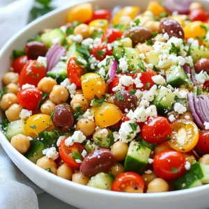 - 1 can (15 oz) chickpeas, fully drained and rinsed - 1 cup cherry tomatoes, halved for a burst of sweetness - 1 medium cucumber, diced for crunch - 1 bell pepper (your choice of color), diced for vibrancy - 1/2 medium red onion, finely chopped for a subtle bite - 1/4 cup Kalamata olives, pitted and sliced for a briny kick - 1/4 cup feta cheese, crumbled for creaminess - 2 tablespoons fresh parsley, finely chopped for freshness - 3 tablespoons extra virgin olive oil for richness - 2 tablespoons fresh lemon juice for zesty brightness - 1 teaspoon dried oregano for an aromatic touch - Salt and freshly ground pepper to taste This salad comes alive with fresh, vibrant flavors. Each ingredient plays a key role. The chickpeas provide protein and fiber, making this dish hearty. Cherry tomatoes add a sweet burst, while cucumber gives a nice crunch. The bell pepper adds color and flavor, and red onion adds a slight zing. Kalamata olives bring a salty, briny taste. Feta cheese gives a creamy texture that balances the crisp veggies. Fresh parsley adds brightness and a pop of green. The olive oil and lemon juice create a smooth dressing that ties everything together. Dried oregano brings an aromatic note, while salt and pepper enhance all the flavors. Gather these ingredients to create a dish that is fresh and satisfying. You can find most of these at your local grocery store. Once you have everything, you can start making this delightful salad. {{ingredient_image_2}} First, grab a large mixing bowl. Add 1 can of chickpeas, which you have rinsed and drained. Then toss in 1 cup of halved cherry tomatoes for sweetness. Next, add 1 medium diced cucumber for crunch and 1 diced bell pepper for color. Chop 1/2 of a red onion finely and mix it in. Now, slice 1/4 cup of Kalamata olives and add them to the bowl. Finish this step by adding 2 tablespoons of fresh parsley, chopped finely. Gently stir everything together so the flavors start to blend. In a separate small bowl, whisk together 3 tablespoons of extra virgin olive oil and 2 tablespoons of fresh lemon juice. Sprinkle in 1 teaspoon of dried oregano, and add salt and pepper to taste. Mix this until it is smooth. This dressing brings a zesty kick to the salad. Now, drizzle the dressing over your salad mixture. Use a spatula or large spoon to toss it gently. Be careful not to mash the chickpeas! Once well mixed, sprinkle 1/4 cup of crumbled feta cheese on top. Carefully fold it in for an even mix without breaking the cheese too much. Taste the salad to see if it needs more salt or lemon juice. Let the salad sit at room temperature for 15-20 minutes. This waiting time helps the flavors blend beautifully, making each bite delicious. To perfect the flavor of your Mediterranean Chickpea Salad, start by adjusting the seasoning. After mixing the salad, taste it. If it needs more flavor, add salt, pepper, or lemon juice. This simple step can make a big difference. The resting time is also key. Allow the salad to sit for 15-20 minutes before serving. This time lets the flavors blend beautifully. Each bite will burst with freshness and taste. Presentation is just as important as flavor. Serve the salad in a large, colorful bowl. This will draw attention at any meal or gathering. You can also portion it into small dishes for individual servings. For garnishing, add more parsley on top. A lemon wedge on the side adds a nice touch. This not only enhances the look but also gives a hint of extra zest when served. Pro Tips Chickpea Quality: Use high-quality canned chickpeas for the best flavor. If you have time, cooking dried chickpeas will enhance the taste and texture. Vegetable Freshness: Opt for fresh, in-season vegetables to maximize flavor and nutrition. A mix of colors not only looks appealing but also provides a variety of nutrients. Flavor Infusion: Let the salad sit for at least 15-20 minutes before serving. This allows the ingredients to meld together, resulting in a more flavorful dish. Feta Cheese Alternatives: If you're looking for a lighter option, consider using crumbled goat cheese or a dairy-free feta for a similar creamy texture. {{image_4}} You can switch ingredients in the Mediterranean Chickpea Salad. This keeps it fresh and fun. For example, try using black beans instead of chickpeas. This adds a different flavor. You can also swap in diced zucchini or shredded carrots for a crunch. If you want greens, add baby spinach or arugula. If you need a dairy-free option, use vegan feta or omit the cheese. It still tastes great without it. You can also use avocado for creaminess. It adds healthy fats and flavor. The dressing is key to this salad's taste. You can change up the herbs to match your mood. Try fresh basil or mint for a twist. These herbs bring a bright flavor and aroma. You can also use a splash of balsamic vinegar for a tangy touch. Want some heat? Add a pinch of red pepper flakes or a dash of hot sauce. This gives the salad a nice kick. For a sweeter note, consider adding a little honey or maple syrup. It balances the tangy lemon juice well. To keep your Mediterranean Chickpea Salad fresh, store it in a tight container. Refrigerate it right after serving. This will help keep the flavors intact. You can enjoy the salad for up to three days. However, for the best taste, eat it within two days. After that, the veggies may lose their crunch. You don&rsquo;t need to heat this salad. It tastes great cold! Just take it out of the fridge, stir it gently, and serve. If you want, add a splash of lemon juice to brighten the flavors again. This will make the salad feel fresh and new, even on the second day. This salad is packed with nutrients. One serving has about 220 calories. It is rich in protein, fiber, and healthy fats. Here are some key benefits of the main ingredients: - Chickpeas: High in protein and fiber, good for heart health. - Cherry tomatoes: Full of vitamins A and C, good for skin health. - Cucumber: Hydrating and low in calories, helps keep you full. - Bell pepper: Rich in antioxidants, boosts the immune system. - Red onion: Contains quercetin, which has anti-inflammatory properties. - Kalamata olives: Provide healthy fats, good for heart health. - Feta cheese: Adds protein and calcium, supports bone health. - Extra virgin olive oil: High in monounsaturated fats, supports heart health. Each bite not only tastes great but also supports a healthy lifestyle. Yes, you can make this salad ahead of time! I suggest preparing it up to 24 hours in advance. Just keep it in the fridge. The flavors will blend nicely, making it even tastier. To keep it fresh, don't add feta cheese until just before serving. This way, it stays creamy and delicious. Absolutely! This Mediterranean Chickpea Salad is both gluten-free and vegan. It uses chickpeas and fresh veggies, making it safe for many diets. The feta cheese can be swapped for a vegan option if needed. This salad fits well into various eating styles, from plant-based to gluten-free diets. Enjoy it without worry! Mediterranean Chickpea Salad combines fresh ingredients with bold flavors. You need chickpeas, vegetables, olives, and feta. Mixing these gives you a nutritious base. Whisking olive oil and lemon juice creates a tasty dressing. Letting the salad sit helps the flavors meld. You can customize this salad easily with different veggies or dressings. Follow storage tips to keep it fresh. This dish is not just healthy; it&rsquo;s also appealing and quick to make. Enjoy the joy of easy cooking and fresh eating!