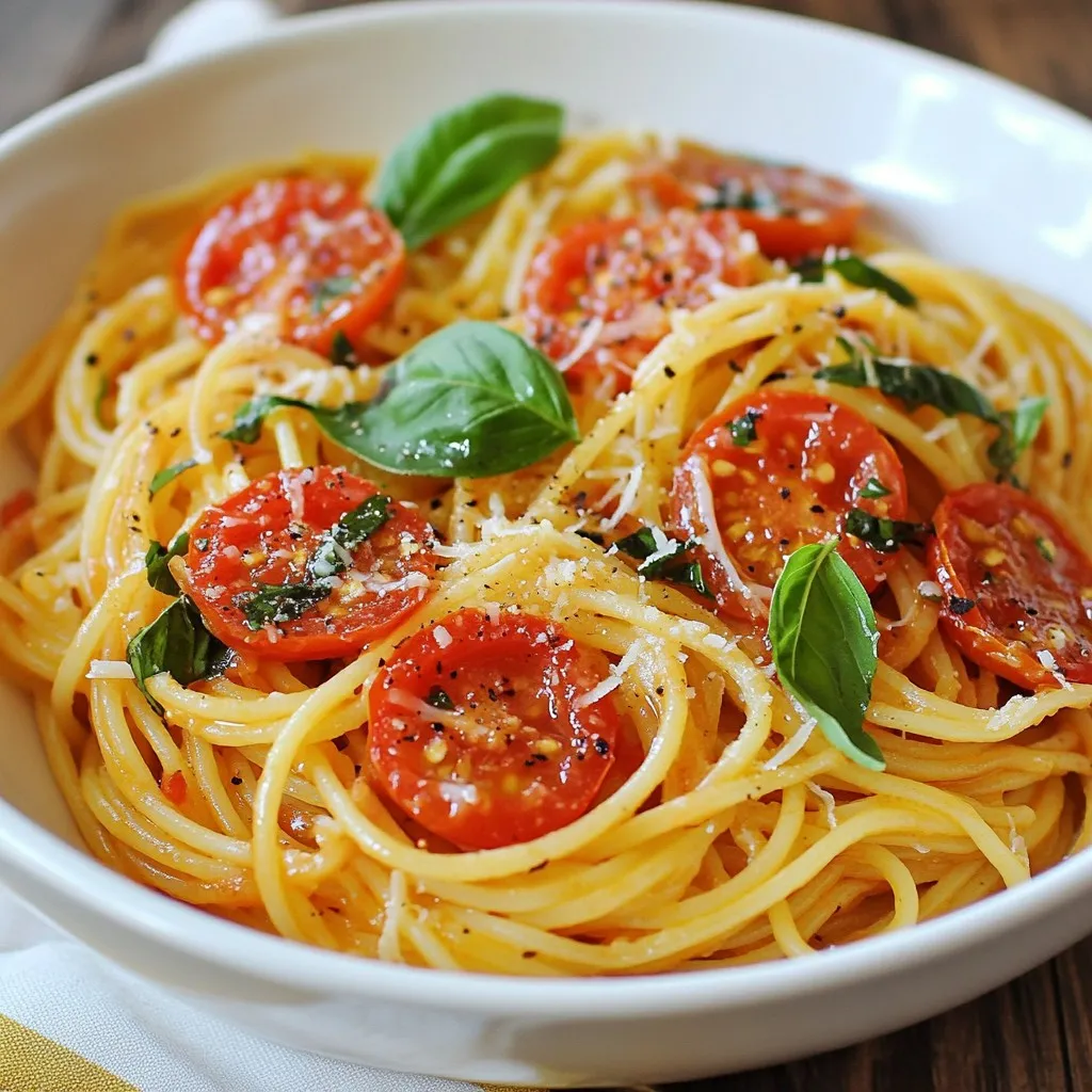 To make this tasty dish, you need just a few key items: - 200g spaghetti or your pasta of choice - 3 tablespoons extra virgin olive oil - 4 cloves of garlic, thinly sliced - 400g canned diced tomatoes (preferably Italian) - 1 teaspoon red pepper flakes (adjust to taste for heat) - 1 teaspoon dried oregano - Salt and freshly ground black pepper to taste - Fresh basil leaves, for garnish - Grated Parmesan cheese (optional, for serving) These ingredients create a bright and flavorful sauce. The garlic adds depth, while the tomatoes bring freshness. The red pepper flakes give it just the right kick. If you want to step up the flavor, consider these extras: - A splash of balsamic vinegar for sweetness - Olives or capers for briny notes - Spinach or arugula for a fresh touch - Lemon zest for brightness - Crushed nuts for crunch These additions can transform the dish. They add layers of taste and texture that make your meal unique. Not all ingredients need to be set in stone. Here are some swaps: - Use whole wheat or gluten-free pasta for dietary needs - Substitute garlic with shallots for a milder taste - Swap canned tomatoes for fresh ones during peak season - Use fresh herbs instead of dried for a vibrant flavor - Opt for nutritional yeast instead of Parmesan for a vegan option Feel free to mix and match! Cooking is about making it work for you. Use what you have and enjoy the process! {{ingredient_image_2}} Start by boiling a large pot of salted water. This step is key for good flavor. When the water boils, add 200g of spaghetti or your favorite pasta. Cook it according to the package instructions. Aim for al dente, which means firm but not hard. Reserve ½ cup of the starchy water before draining the pasta. Set it aside while you make the sauce. In a large skillet, heat 3 tablespoons of extra virgin olive oil over medium heat. Once the oil shimmers, add 4 thinly sliced garlic cloves. Sauté them for 1-2 minutes. Stir them often to avoid burning. You want the garlic to smell great and turn a light golden color. Burning the garlic can make your dish bitter, so keep an eye on it. Pour in 400g of canned diced tomatoes. I prefer using Italian tomatoes for their rich flavor. Stir to combine the tomatoes with the garlic. Let the mixture simmer gently for about 5 minutes. This simmering time helps the flavors blend. After that, add 1 teaspoon of red pepper flakes and 1 teaspoon of dried oregano. Season with salt and freshly ground black pepper to your taste. If the sauce seems thick, add some reserved pasta water until it’s just right. Now that your pasta is ready, add it directly into the skillet. Toss the pasta with the tomato-garlic sauce until it’s well coated. If it looks dry, pour in more of the reserved pasta water. This helps the sauce cling better to the pasta. Make sure everything is mixed well. Serve your pasta hot. For a beautiful finish, garnish with fresh basil leaves. If you want to add extra flavor, sprinkle some grated Parmesan cheese on top. Plate the pasta in shallow bowls, twirling it into neat nests. Drizzle a bit more olive oil over the top and add a few whole basil leaves for a pop of color. Enjoy your Minute Tomato Garlic Pasta! To cook pasta just right, follow these steps: - Use a large pot with plenty of water. - Add a lot of salt; it should taste like the sea. - Bring the water to a rolling boil before adding pasta. - Stir the pasta after adding it to prevent sticking. - Cook until al dente, which means it should still have a slight bite. - Save half a cup of pasta water before draining. This water helps bind the sauce later. Garlic is key for great taste. Here’s how to use it: - Slice fresh garlic thinly for a stronger flavor. - Cook it in olive oil over medium heat. - Watch it closely; cook until it’s light golden, about 1-2 minutes. - If it burns, the taste turns bitter. - Don’t rush this step! Good garlic adds depth to the sauce. Want to control the heat? Here’s what to do: - Start with one teaspoon of red pepper flakes. - Taste the sauce as you cook. - If you want more heat, add more flakes slowly. - Remember, you can always add, but can’t take away! - For milder flavors, skip the red pepper or use less. Pro Tips Use High-Quality Olive Oil: A good quality extra virgin olive oil will not only enhance the flavor of the dish but also add a rich, aromatic finish to the pasta. Don't Overcook the Pasta: Aim for al dente, as the pasta will continue to cook slightly when mixed with the sauce. This will help maintain its texture. Customize the Heat Level: Adjust the amount of red pepper flakes according to your taste preference. Start with a small amount and increase as needed. Reserve Pasta Water: The starchy reserved pasta water is a great way to adjust the consistency of the sauce and helps it cling better to the pasta. {{image_4}} To make creamy tomato garlic pasta, add ½ cup of heavy cream or half-and-half. Stir it in after you simmer the tomato sauce. This gives the dish a rich, smooth texture. The cream balances the acid from the tomatoes. I love this variation for a cozy dinner. Want to boost the nutrition? Add vegetables! Spinach, zucchini, or bell peppers work well. Sauté them with the garlic for extra flavor. You can also toss in some cooked mushrooms. They add earthiness and depth to the dish. This makes the pasta not just tasty, but also colorful and healthy. For a filling meal, consider adding protein. Grilled chicken or shrimp pairs perfectly with the sauce. Simply cook them separately and toss them in at the end. If you prefer meatless options, try chickpeas or lentils. They add texture and keep you satisfied. Enjoy the flavors while making it a complete meal! After enjoying your Minute Tomato Garlic Pasta, store any leftovers in a sealed container. Let the pasta cool down to room temperature before sealing it. Keep it in the fridge for up to three days. Make sure to label the container with the date to keep track. When you want to eat the leftover pasta, add a splash of water or olive oil. This helps bring moisture back to the dish. Place the pasta in a pan over medium heat. Stir it often until it’s warm. You can also use a microwave. Heat it in short bursts, stirring in between, until it's hot. You can freeze this pasta dish for later. First, let it cool completely. Then, portion it into freezer-safe bags or containers. Squeeze out the air before sealing to help prevent freezer burn. It can stay frozen for up to three months. When ready to eat, thaw it overnight in the fridge before reheating. Yes, you can make this dish ahead of time. Cook the pasta and sauce separately. Store them in airtight containers in the fridge. When ready to eat, just reheat them together in a skillet. Add a splash of pasta water for a fresh taste. I recommend using spaghetti for this recipe. It pairs well with the sauce. However, you can use any pasta you like. Penne, fusilli, or linguine also work great. Just make sure to cook it al dente for the best texture. To stop garlic from burning, cook it over medium heat. Watch it closely as it cooks. Stir every 30 seconds for even cooking. If you notice it browning too fast, lower the heat right away. Perfectly golden garlic adds great flavor. Yes, you can easily make this dish vegan. Simply omit the Parmesan cheese. You can also use nutritional yeast for a cheesy flavor. This keeps the dish plant-based while still being delicious and satisfying. You can serve this pasta with a fresh side salad. A simple green salad with vinaigrette pairs well. Garlic bread is another great choice. If you want protein, add grilled chicken or shrimp on top. These options enhance your meal and make it filling. This blog post covered how to make Minute Tomato Garlic Pasta. We discussed essential and optional ingredients, plus substitutions. I shared step-by-step instructions and helpful tips for cooking. We also explored tasty variations, storage info, and answered common questions. Try this simple recipe for a quick yet delicious meal. With a few tweaks, it can fit any taste. Remember, cooking is fun. Enjoy adding your own flair to this dish!