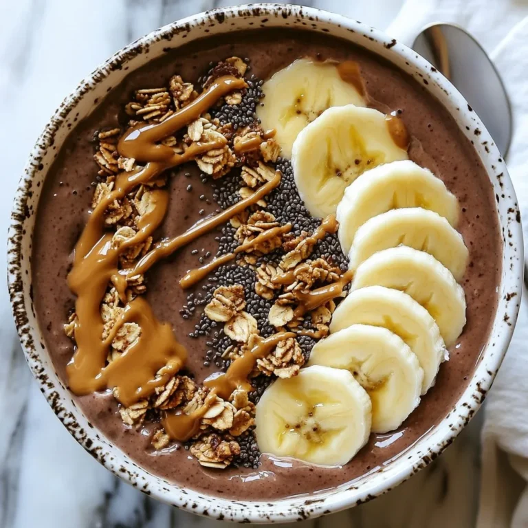 - 1 ripe frozen banana - 1 cup unsweetened almond milk - 2 tablespoons natural peanut butter - 2 tablespoons unsweetened cocoa powder These main ingredients make this smoothie bowl creamy and rich. The ripe frozen banana gives it a lovely sweetness. Almond milk adds a smooth texture, while peanut butter delivers that nutty flavor we all love. The cocoa powder brings a deep chocolaty taste that makes this bowl feel like a treat. - 1 tablespoon honey or maple syrup - 1/2 teaspoon pure vanilla extract Sweeteners like honey or maple syrup help balance the cocoa's bitterness. You can adjust the sweetness based on your taste. A touch of pure vanilla extract adds warmth and depth to the flavor. This simple addition makes your smoothie bowl even more delicious. - Sliced fresh bananas - Crunchy granola - Nutrient-rich chia seeds - Extra drizzle of peanut butter Toppings are where you can get creative! Sliced fresh bananas add a nice texture and extra flavor. Crunchy granola gives a satisfying crunch that contrasts beautifully with the smooth base. Chia seeds are tiny powerhouses of nutrition, adding fiber and omega-3s. Finally, a drizzle of extra peanut butter enhances that nutty goodness and makes it look stunning! {{ingredient_image_2}} To start, gather your ingredients. Place the ripe frozen banana, almond milk, natural peanut butter, unsweetened cocoa powder, honey or maple syrup, and pure vanilla extract into your blender. Blend on high until the mixture is smooth and creamy. You may need to stop and scrape down the sides to mix well. If it feels too thick, add a splash of almond milk. Blend again until it reaches your desired texture. To ensure even mixing, always start with the liquid ingredients at the bottom. This helps the blades move freely. If your mixture is not blending well, try pulsing the blender a few times. Adjust the thickness by adding almond milk a little at a time until you achieve the perfect consistency. Each blender is different, so trust your instincts! After blending, carefully pour your smoothie into a bowl. Aim for a smooth surface. You can use the back of a spoon to help shape it nicely. Now, it’s time to make it pretty! Arrange your toppings. Start with sliced fresh bananas around the edge. Add a generous layer of crunchy granola for texture. Sprinkle some chia seeds for a health boost. Finally, finish with a drizzle of peanut butter on top. Enjoy your creation right away! Using a ripe frozen banana makes a big difference. A ripe banana is sweet and creamy. It blends well, giving your smoothie bowl a smooth texture. If you can, freeze the banana when it is very ripe. This adds natural sweetness and a nice cold touch to your bowl. To adjust sweetness, taste your smoothie mix before serving. You can add more honey or maple syrup to suit your taste. If you want a different flavor, try adding a splash of nut milk or a bit of nut butter. You can also switch the peanut butter for almond or cashew butter if you have allergies. A high-speed blender works best for this smoothie bowl. It breaks down everything smoothly and quickly. If you only have a regular blender, that’s okay too! Just blend longer and be patient. For the best texture, stop to scrape the sides often. If it’s too thick, add a splash more almond milk to get it just right. Pro Tips Use Frozen Bananas: Frozen bananas create a creamier texture and a colder smoothie bowl, making it more refreshing. Adjust Sweetness: Feel free to tweak the amount of honey or maple syrup based on your personal taste or dietary needs. Experiment with Toppings: Customize your bowl with various toppings such as nuts, seeds, or berries for added flavor and nutrition. Blend Thoroughly: Ensure your smoothie is well-blended for a smooth consistency; scrape down the sides of the blender as needed. {{image_4}} If you want a dairy-free option, use coconut milk or oat milk. Coconut milk adds a creamy texture and a hint of tropical flavor. Oat milk is a great choice for a mild taste. Both options blend well with the other ingredients. This makes your smoothie bowl rich and smooth without any dairy. To boost protein, add protein powder or Greek yogurt. Protein powder gives your smoothie a solid kick of protein. It is easy to mix in and comes in many flavors. Greek yogurt adds creaminess and a tangy taste. Both options help keep you full longer and support muscle health. Don’t hesitate to play with flavors! Use different nut butters like almond or cashew. Each nut butter brings its own unique taste. You can also add fruits like strawberries or blueberries for a fruity twist. These changes make your smoothie bowl fun and different every time. Store any leftovers in a sealed container. Place your smoothie bowl in the fridge. It can stay fresh for one day. Cover it tightly to keep it from getting too thick. You might need to stir it before eating. Always check the smell and texture before enjoying. You can freeze the smoothie mixture for later use. Pour the smoothie into ice cube trays or bags. This method makes it easy to blend later. When ready, blend the frozen cubes with a splash of milk. This way, you can enjoy a cold treat anytime. Use glass or BPA-free plastic containers for storage. These materials preserve flavor and nutrients best. Choose a container with a tight lid. This also makes it easy to serve when you’re ready to eat. If you plan to take it on the go, opt for a spill-proof container. Yes, you can use fresh bananas, but frozen bananas give a creamier texture. Frozen bananas make the smoothie bowl cold and thick. This makes it more enjoyable and satisfying. If you use fresh bananas, you might need to add ice to get the right texture. To make this smoothie bowl vegan, simply replace honey with maple syrup. Maple syrup is a great option for sweetness. You can also use agave syrup if you like. Both options work well and keep the bowl plant-based. You can add many superfoods to boost nutrients. Try chia seeds for fiber and omega-3s. You can also add spinach for vitamins without changing the taste. Other great options are flax seeds or protein powder. These add health benefits while keeping the flavor delicious. To recap, this blog post covers how to make a delicious smoothie bowl. We talked about key ingredients like frozen banana, almond milk, and peanut butter, along with toppings that make your bowl shine. I shared step-by-step instructions to guide you through blending and serving. You can also find tips for variations and storage. Smoothie bowls are fun and easy to customize. Experiment with ingredients to find your perfect combo. Enjoy your tasty and healthy creation!