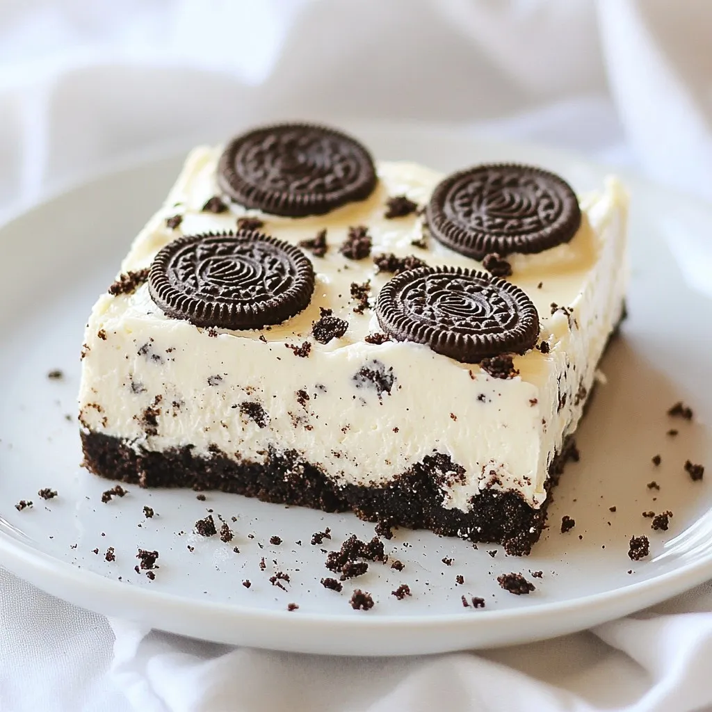 - 24 Oreo cookies, finely crushed - 1/4 cup unsalted butter, melted - 16 oz cream cheese, softened to room temperature - 1 cup powdered sugar, sifted - 1 teaspoon pure vanilla extract - 1 cup heavy whipping cream, cold - 10 Oreo cookies, roughly chopped - Additional crushed Oreo cookies, for topping - Oreo cookies: These cookies form the base and add rich chocolate flavor. The fine crumbs mix well with butter to create a firm crust. - Unsalted butter: This binds the Oreo crumbs together. It adds moisture and keeps the crust from being too dry. - Cream cheese: This is the star of the filling. Softened cream cheese provides a smooth, creamy texture that is essential for cheesecake. - Powdered sugar: It sweetens the filling while ensuring it remains smooth. Sifting the sugar helps avoid lumps. - Vanilla extract: This adds a warm, rich flavor to the cheesecake. It enhances the sweetness and balances the taste. - Heavy whipping cream: This provides lightness to the filling. Whipping the cream creates air, giving the cheesecake a fluffy texture. - Additional chopped Oreos: These add texture and flavor. They give you a delightful surprise in every bite. - Cream cheese: Look for Philadelphia or other well-known brands for a reliable taste. You can also try a dairy-free option like Tofutti. - Oreo cookies: Regular Oreos work great, but you can try Double Stuf for extra cream. Gluten-free Oreos are also available for those with dietary needs. - Butter: Use any unsalted butter for a neutral flavor. Brands like Land O'Lakes or Kerrygold are good choices. - Whipping cream: Heavy cream from brands like Horizon Organic or Organic Valley will whip well. If you're dairy-free, coconut cream is a tasty substitute. {{ingredient_image_2}} To start, gather your ingredients. You will need 24 Oreo cookies and 1/4 cup of unsalted butter. First, you need to crush the Oreo cookies. You can use a food processor or put them in a bag and smash them with a rolling pin. Make sure they are finely crushed for the best crust. Then, melt the butter in a small bowl. Next, combine the crushed Oreos and melted butter in a medium bowl. Mix them well until all the crumbs are coated in butter. This step is key for a rich flavor. Now, line a 9x9 inch baking dish with parchment paper. Leave some overhang to help you lift the bars out later. Pour the cookie mixture into the dish and press it down firmly. Use the back of a measuring cup or your hands to pack it tight. This will help the crust hold its shape. Once packed, place the dish in the fridge and let it chill for at least 15 minutes. This will help it set before adding the filling. Now, let’s make the filling. Start with 16 ounces of softened cream cheese in a large bowl. Use an electric mixer on medium speed to beat the cream cheese until it’s smooth and creamy. This should take about 2 minutes. Gradually add in 1 cup of sifted powdered sugar and 1 teaspoon of pure vanilla extract. Keep mixing until everything is fluffy and well combined. This is where you get the sweet taste of the cheesecake. Next, take a separate bowl and whip 1 cup of cold heavy whipping cream. Use high speed until stiff peaks form. This means that the cream should hold its shape and not collapse. Carefully fold the whipped cream into the cream cheese mixture with a spatula. Be gentle to keep it fluffy. Once blended, fold in 10 roughly chopped Oreo cookies. This adds extra texture and flavor to your bars. After preparing the crust and filling, it’s time to assemble. Pour the cheesecake filling over the chilled crust. Use a spatula to spread it evenly. Make sure the top is smooth. Now, take some additional crushed Oreo cookies and sprinkle them on top. This adds a nice finish and makes it look appealing. Next, cover the dish tightly with plastic wrap. Place it in the refrigerator to chill for at least 4 hours, but overnight is best. This helps the cheesecake set properly for slicing later. When you’re ready to serve, lift the cheesecake out using the parchment overhang. Use a sharp knife, dipped in warm water, to slice into neat bars. Enjoy your delicious no-bake Oreo cheesecake bars! For a smooth cheesecake filling, start with room-temperature cream cheese. Cold cream cheese will clump. Beat the cream cheese until it's creamy. This takes about two to three minutes. Gradually add the powdered sugar and vanilla. Mix until fluffy. Whip the heavy cream in a separate bowl. Use cold cream for better results. Whip until stiff peaks form. Then, fold the whipped cream into the cream cheese mix. Be gentle to keep the air in. This helps the filling stay light and smooth. To prevent the crust from sticking, line your baking dish with parchment paper. Leave some overhang. This makes it easy to lift the bars out later. Press the Oreo mixture firmly into the pan. Use a measuring cup or your hands for even pressure. Make sure the butter coats all the cookie crumbs. If the mixture is too dry, add a bit more melted butter. This helps bind it together. Chilling the crust in the fridge also helps it set properly. If your cheesecake isn't setting, check the chilling time. It needs at least four hours in the fridge. For best results, chill it overnight. If it's still soft, it might need more time. If the filling is too runny, it can be from overmixing. Avoid beating it too much once you add the whipped cream. Lastly, ensure the heavy cream is whipped to stiff peaks before folding. This adds stability and helps it set well. Pro Tips Chill Your Bowl: For best results when whipping the cream, chill your mixing bowl and beaters in the freezer for about 10 minutes before use. This helps achieve stiff peaks more quickly. Use Room Temperature Cream Cheese: Make sure your cream cheese is at room temperature before mixing. This will ensure a smooth, creamy filling without lumps. Don't Skip the Chilling: Allow the cheesecake to chill overnight if possible. This extra time will enhance the flavors and improve the texture. Perfect Slicing: For clean slices, dip your knife in warm water and wipe it dry before cutting. This prevents the cheesecake from sticking to the knife. {{image_4}} You can change the flavor of your No-Bake Oreo Cheesecake Bars easily. Try using different cookies. For example, use chocolate sandwich cookies or peanut butter cookies. These swaps add new layers of flavor. You can even use vanilla wafers for a lighter taste. Each cookie brings a unique twist. Think about mixing in some crushed candy bars or adding flavored extracts. Mint or almond extract can bring a fun surprise! If you need gluten-free bars, use gluten-free Oreo cookies. Many brands offer tasty options that taste just like regular Oreos. For a dairy-free version, try using vegan cream cheese and coconut whipped cream. These swaps keep the rich taste while meeting dietary needs. Always check labels to ensure the products are truly gluten-free or dairy-free. This way, everyone can enjoy these yummy bars. Toppings can take your cheesecake bars to the next level. Try drizzling chocolate or caramel sauce over the top. You can also sprinkle crushed nuts or toffee bits for extra crunch. For a fruity twist, add fresh berries like strawberries or raspberries. Mix in crushed cookies or candy bars into the filling for extra surprises. Feel free to experiment, as the options are endless! To keep your No-Bake Oreo Cheesecake Bars fresh, store them in an airtight container. This helps prevent them from drying out or absorbing other smells in the fridge. If you plan to enjoy them later, you can also wrap them tightly in plastic wrap before placing them in a container. Make sure to keep them in the fridge until you're ready to serve. In the refrigerator, these bars stay good for about 5 to 7 days. If you want to keep them longer, freeze them. They can last up to 2 months in the freezer. Just remember, the longer they sit, the more the texture may change. But they will still taste great! When you're ready to enjoy your frozen cheesecake bars, take them out of the freezer. Place them in the fridge for several hours or overnight to thaw. This slow thaw helps keep their creamy texture. Avoid thawing them at room temperature, as this can make them too soft. Enjoy every bite! Yes, you can use low-fat cream cheese. It will still work well in the recipe. The texture may be a bit different, but the taste remains good. The bars may be slightly less rich. If you want it creamier, stick to regular cream cheese. You can make these bars a day or two in advance. Just follow the recipe as usual. After you assemble the bars, cover the dish tightly and place it in the fridge. This makes them even tastier as they chill. Just remember to slice them before serving. If you don’t have heavy whipping cream, you can use whipped topping. This will save you time because it’s already whipped. If you want a dairy-free option, try coconut cream. Just chill a can of coconut milk overnight, then scoop the solid part out. It will whip up nicely! In this blog, we explored how to make delicious No-Bake Oreo Cheesecake Bars. We broke down the ingredients, explaining their roles and offering brand suggestions. You learned detailed steps for making the crust and filling, along with tips for perfect results. We also covered variations, storage tips, and answered common questions. Remember, these bars are easy to customize. You can try different flavors or adapt for dietary needs. With this knowledge, you can create a tasty treat that everyone will love. Enjoy making and sharing these cheesecake bars!