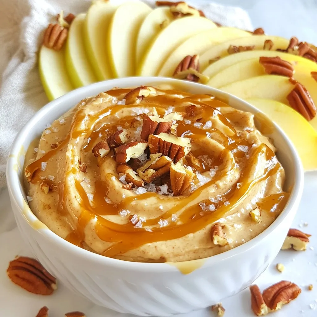 For the perfect salted caramel apple dip, gather these ingredients: - 2 large apples (like Granny Smith or Honeycrisp), cored and sliced - 1 cup caramel sauce (store-bought or homemade) - 1/2 teaspoon flaky sea salt, plus extra for garnish - 1/2 cup cream cheese, at room temperature - 1/4 cup powdered sugar - 1 teaspoon pure vanilla extract - 1/4 cup finely chopped pecans (optional for garnish) If you're looking for alternatives, consider these: - Use other apple types like Fuji or Gala for different tastes. - Swap caramel sauce for chocolate sauce for a sweet twist. - Replace pecans with walnuts or almonds for varied crunch. - For a dairy-free option, try a vegan cream cheese. Choosing the right apples makes a big difference. Here’s what to look for: - Pick apples that are firm and crisp for the best crunch. - Look for bright color and smooth skin; avoid bruises. - Taste a slice if possible; you want a mix of sweet and tart. - Choose apples that are in season for maximum flavor and freshness. {{ingredient_image_2}} Start by gathering your ingredients. You need cream cheese, powdered sugar, vanilla extract, caramel sauce, and flaky sea salt. First, take the cream cheese and let it sit at room temperature. This makes it easier to mix. In a medium bowl, combine the cream cheese, powdered sugar, and vanilla extract. Use an electric mixer on medium speed. Mix until it is smooth and creamy, with no lumps. Next, slowly drizzle in the caramel sauce. Keep mixing until it is fluffy and well combined. This adds a rich flavor to your dip. Now, gently fold in the flaky sea salt. Taste your dip. If you want a stronger salty flavor, add a little more salt. Mixing is key for a great dip. Use the electric mixer to blend the cream cheese, sugar, and vanilla first. This gives a nice base. When you add the caramel, pour it in slowly. This helps the flavors mix well. Avoid over-mixing after adding salt. Just fold it in gently to keep the dip fluffy. For a lovely look, scoop the dip into a nice serving bowl. Drizzle extra caramel sauce on top. This makes it look extra tempting. Scatter chopped pecans on the edge for crunch. Finally, sprinkle a bit of flaky sea salt on top. This enhances the flavors. Arrange apple slices neatly around the bowl. This makes it easy for dipping. Enjoy this sweet and salty treat! To get the dip just right, use room temperature cream cheese. It blends easier. Mix the cream cheese, powdered sugar, and vanilla first. Then add the caramel slowly. Keep mixing until it’s fluffy and smooth. If it's too thick, add a splash of milk. If it’s too thin, add more cream cheese. Store any leftover dip in an airtight container. It keeps well in the fridge for up to three days. If you notice the dip thickening, stir in a bit of milk to restore its texture. Always keep the apples separate to avoid browning. Serve this dip with sliced apples. Granny Smith adds a nice tartness. Honeycrisp brings sweetness. You can also try pears or pretzels for a salty crunch. For added flair, sprinkle chopped pecans on top. This dip pairs well with coffee or hot cider for a cozy treat. Pro Tips Choose the Right Apples: Opt for firm apples like Granny Smith or Honeycrisp for a perfect balance of tartness and crunch. Make Your Own Caramel Sauce: For a deeper flavor, consider making homemade caramel sauce. It's easier than you think and elevates the dip! Room Temperature Ingredients: Ensure your cream cheese is at room temperature for a smoother, creamier dip that mixes effortlessly. Customize Your Garnishes: Feel free to experiment with different nuts, like walnuts or almonds, or even add a sprinkle of cinnamon for extra flavor. {{image_4}} You can add fun twists to your salted caramel apple dip. Try mixing in chocolate! Use chocolate syrup or melted chocolate. This makes the dip rich and creamy. You can also add spices like cinnamon or nutmeg. Just a pinch will bring warmth to the dip. If you like a fruity flavor, try adding a splash of orange juice or zest. This will brighten the taste and balance the sweetness. Garnishes can make your dip more exciting. Instead of pecans, try using chopped walnuts or almonds. Both add crunch and flavor. You can also sprinkle mini chocolate chips on top for a sweet touch. Drizzle some extra caramel sauce for a stunning look. If you want a little kick, add a sprinkle of cayenne pepper. This contrast of heat and sweet will surprise your taste buds! This dip works for many events. For parties, serve it with a beautiful platter of apple slices. You can also add pretzels or graham crackers for variety. For a cozy movie night, pair it with popcorn. The sweet and salty mix is perfect for snacking. If you have kids, make it a fun activity! Let them dip their favorite snacks. This dip will surely be a hit at your next gathering! To keep your salted caramel apple dip fresh, store it in an airtight container. This prevents it from drying out and keeps the flavors intact. If you used a decorative bowl, cover it tightly with plastic wrap. Be sure to press the wrap down to remove air pockets. This dip will last about 3 to 5 days in the fridge. Over time, the flavors may change a bit, but it should still taste great. Always check for any signs of spoilage, like an off smell or unusual texture, before serving. You can freeze this dip, but its texture may change. To freeze, place the dip in a freezer-safe container, leaving some space for expansion. It will keep well for about 1 month. When you’re ready to enjoy it, thaw it overnight in the fridge. Stir it well before serving to help regain some of its creamy texture. Yes, you can make this dip ahead of time. Just prepare it and keep it in the fridge. It stays fresh for up to three days. When you're ready to serve, drizzle more caramel and add salt. This makes it look and taste fresh. You can serve this dip with many tasty options. Here are some ideas: - Apple slices (Granny Smith or Honeycrisp) - Pretzels for a salty crunch - Graham crackers for a sweet touch - Vanilla wafers for a classic pairing - Fresh berries for a fruity twist Each option adds a fun flavor and texture. Yes, you can make caramel sauce from scratch. It is simple and only needs a few ingredients. You will need sugar, butter, and cream. Heat the sugar in a pot until it melts. Then, add butter and cream. Stir until smooth. Let it cool before using it in your dip. This blog post covered everything you need for a great caramel apple dip. We went through the best ingredients and how to choose them. You learned the steps for preparation, mixing, and garnishing. We also discussed tips for perfecting texture and storage. Finally, we shared fun variations and FAQs to help you. With these insights, you can impress your friends and family. Enjoy making your dip and savor every bite!