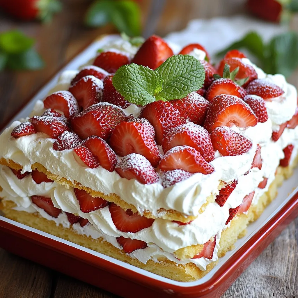 - 2 pounds fresh strawberries, hulled and sliced - 3 tablespoons granulated sugar - 1 cup heavy whipping cream - 1 cup mascarpone cheese - 1 teaspoon pure vanilla extract - 12 to 15 store-bought shortcake biscuits or sponge cakes - Fresh mint leaves for garnish Gathering the right ingredients is key to making your Strawberry Shortcake Icebox Cake shine. Start with fresh strawberries, as they bring a sweet burst of flavor. You’ll need granulated sugar to help draw out the strawberry juices, making a lovely syrup. Next, get heavy whipping cream. It will give you that light, fluffy texture. You also need mascarpone cheese, which adds a rich creaminess to the cake. A splash of pure vanilla extract will enhance the overall flavor. As for the base, use store-bought shortcake biscuits or sponge cakes. They save time and still taste amazing. Finally, pick some fresh mint leaves to add a pop of color and a hint of freshness. Each ingredient plays its part to create a delightful treat that is as pleasing to the eyes as it is to the taste buds. Enjoy the process of gathering these fresh ingredients, and let the fun begin! {{ingredient_image_2}} First, take the fresh strawberries and hull them. Slice them into thin pieces. Place the sliced strawberries in a mixing bowl. Now, add the granulated sugar. Toss the strawberries gently. Make sure they are fully coated in sugar. Let them sit for about 20 minutes. This helps release their juices. You will see a nice syrup form at the bottom. In a separate bowl, pour the heavy whipping cream. Use a hand mixer or a stand mixer. Start whipping the cream until soft peaks form. This usually takes a few minutes. Next, add the mascarpone cheese and the pure vanilla extract. Continue to whip until the mixture is smooth and thick. You want to see stiff peaks here. Begin by layering the shortcake biscuits. Place a single layer at the bottom of your dish. Make sure they cover the base completely. Now, spread a layer of the whipped cream over the biscuits. Use a spatula to smooth it out. Next, add a layer of the sugared strawberries. Don’t forget to drizzle some of the strawberry juice on top. This adds great flavor! Repeat this layering process. Keep adding biscuits, whipped cream, and strawberries. Finish with a final layer of whipped cream and arrange the strawberries on top. Now, cover your dish with plastic wrap. Refrigeration is key here! Chill the cake for at least 4 hours. If you can, let it sit overnight. This helps the layers set perfectly and the flavors to mingle. The longer it chills, the better it tastes! To make your whipped cream perfect, start by using cold cream. This helps it whip faster. When you whip, watch for stiff peaks. You want the cream to hold its shape. This means, stop mixing when you reach that point. If you mix too long, the cream can turn into butter. So, keep a close eye on it! Layering is key for flavor in your icebox cake. Start with a layer of biscuits. Spread whipped cream evenly on top. Then add your sugared strawberries. Repeat this until you use all your ingredients. The last layer should be whipped cream topped with strawberries. For a great look, try to make it neat. Presentation matters! Slice the cake into squares before serving, and arrange each slice on a plate. Drizzle some leftover strawberry juice around for an extra pop. Want to boost the flavor? Try adding nuts or chocolate shavings on top. They add a nice crunch and richness. You can also use other fruits. Try blueberries or raspberries for a twist. These fruits mix well with strawberries. They can change the taste, making it even more interesting! Pro Tips Choose Ripe Strawberries: Select strawberries that are bright red and firm for the best flavor and sweetness. Avoid any that are overly soft or have blemishes. Whip Cream to Stiff Peaks: Ensure you whip the cream until it reaches stiff peaks. This will help the whipped cream hold its shape when layered in the cake. Let it Chill Longer: For optimal flavor and texture, refrigerate the cake overnight. This allows the layers to meld together beautifully. Garnish Just Before Serving: Add fresh mint leaves just before serving to keep them vibrant and fresh, enhancing both the presentation and flavor. {{image_4}} You can switch up the strawberries for other fruits. Think about using peaches or raspberries. Seasonal fruits add great flavor and freshness. For a berry mix, combine blueberries, blackberries, and strawberries. This gives your cake a colorful and tasty twist. Each fruit brings its own unique taste. Try different fruits to find your favorite mix! If you need a gluten-free cake, use gluten-free biscuits or sponge cakes. Many brands offer tasty gluten-free options. You can also make your own with almond or coconut flour. Be sure to check the texture; it should still be light and airy. A good mix of gluten-free flour can help keep the cake fluffy. You can enhance the flavor with extracts like almond or lemon. Just a few drops can change the whole taste. For the cream, try infusing it with spices like cinnamon or nutmeg. This adds a warm touch to your cake. Get creative and experiment with different flavors that you love! To keep your Strawberry Shortcake Icebox Cake fresh, cover it tightly with plastic wrap. You want to avoid any air getting in, which can dry out your cake. Store the cake in the fridge for up to three days. The flavors will blend nicely as it sits, making each bite even better. If you want to freeze your cake, it's best to do so before adding fresh strawberries. Wrap the cake tightly in plastic wrap and then in foil. This helps prevent freezer burn. You can freeze it for up to a month. When you're ready to eat, thaw it in the fridge overnight. The texture might change a bit, but it will still taste great. This cake is a treat on its own, but you can add more fun! Serve it with a scoop of vanilla ice cream or a drizzle of chocolate sauce. It pairs well with a glass of sweet tea or lemonade, too. For a touch of elegance, garnish with fresh mint leaves or extra strawberries. These additions make your dessert even more delightful! You can make this cake up to two days ahead. It tastes even better after chilling overnight. The longer it sits, the more the flavors blend. Just remember to cover it well with plastic wrap to keep it fresh. Yes, you can use frozen strawberries. Just thaw them first and drain the excess liquid. This will help keep your cake from getting too soggy. Fresh strawberries taste best, but frozen can work in a pinch. If you skip chilling, the layers won’t set properly. The cake will be messy and hard to cut. Chilling helps the flavors meld and the cream to firm up. So, I highly recommend not skipping this step. Yes, you can make a dairy-free version. Use coconut cream instead of heavy cream and a dairy-free cream cheese for the mascarpone. This option is tasty and keeps the dessert light and fresh. Absolutely! Homemade shortcake can add a personal touch. Just ensure it is firm enough to hold the layers together. If you bake them, let them cool completely before using. Add a splash of color with some blueberries or raspberries. You can also drizzle a bit of chocolate sauce on top for a fun twist. These small changes can make your dessert stand out for special occasions. Yes, you can easily adjust the recipe. Just halve the ingredients and use a smaller dish. It’s a great way to make a treat for fewer people without wasting any ingredients. This cake pairs well with a scoop of vanilla ice cream or a dollop of whipped cream. A light fruit salad would also complement the flavors nicely. Enjoy it with a cup of herbal tea for a delightful treat. This article guides you through making a delicious Strawberry Shortcake Icebox Cake. You learned about the key ingredients, step-by-step instructions, and helpful tips. We explored fun variations and storage options too. Remember, the chilling step is vital for the best flavor. Use fresh fruits and experiment with flavors to make it your own. Enjoy creating this tasty treat, and share it with friends and family! Your homemade delight will surely impress.