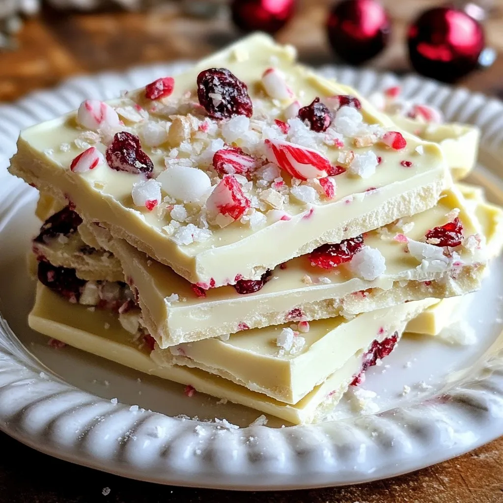 To make a tasty peppermint cranberry bark, you need these key ingredients: - 2 cups white chocolate chips - 1 cup dark chocolate chips - 1/2 cup dried cranberries, chopped - 1/4 cup crushed peppermint candies or candy canes - Pinch of sea salt These ingredients combine to give a sweet and festive flavor. The dark chocolate adds depth, while the white chocolate brings sweetness. Cranberries add a chewy texture, and the peppermint adds a refreshing crunch. You can enhance your bark with one simple addition: - 1 tablespoon coconut oil (for a creamier melt) Adding coconut oil makes the chocolate even smoother and creamier. It helps the chocolate melt better and gives a nice sheen. If you have dietary needs, try these swaps: - Use dairy-free chocolate chips for a vegan version. - Substitute dried cherries or raisins if cranberries are not available. - For a nut-free option, ensure the chocolate is nut-free certified. These substitutions keep the bark delicious while catering to different diets. {{ingredient_image_2}} To start, take a microwave-safe bowl. Add 1 cup of dark chocolate chips. If you want a creamier melt, add 1 tablespoon of coconut oil. Heat the chocolate in 30-second bursts. Stir after each burst until it's smooth. This usually takes about 1 to 2 minutes. Make sure it doesn't burn. Next, grab a baking sheet. Line it with parchment paper. Make sure the paper covers the whole bottom. Smooth out any wrinkles. This helps your bark come off easily later. Now, pour the melted dark chocolate onto the baking sheet. Use a spatula to spread it evenly. Aim for a thickness of about 0.6 cm. Then, put it in the fridge for about 20 minutes. This allows the chocolate to harden. While it cools, melt the white chocolate in another bowl, just like the dark chocolate. Once it's smooth, mix in the chopped dried cranberries and half of the crushed peppermint candies. Carefully pour this white chocolate mixture over the dark layer. Spread it out evenly. Then, sprinkle the rest of the crushed peppermint on top. Add a pinch of sea salt for extra flavor. Place the baking sheet back in the fridge. Let it chill for about 30 minutes. Once the bark is firm, take it out. Break it into random pieces using your hands. For a festive touch, arrange the bark pieces on a nice plate. You can add whole cranberries and extra peppermint candies on top. This makes it look even more special! To melt chocolate well, use a microwave-safe bowl. Combine the chocolate chips or chunks in the bowl. Heat them in short bursts of 30 seconds. Stir the chocolate after each interval. This keeps the chocolate smooth and prevents burning. If you want a creamier texture, add a bit of coconut oil. This trick makes your bark look and taste better. One common mistake is overheating the chocolate. Keep a close eye while melting. If you see small lumps, don’t worry. Just keep stirring until they disappear. Another error is not using parchment paper. This paper makes it easy to lift the bark off the tray later. Make sure the chocolate layers are even. This helps them set properly and look nice. To impress your guests, arrange the bark on a festive platter. You can add whole cranberries and peppermint candies for decoration. This makes the bark pop with color and festivity. Serve it alongside cups of hot cocoa or tea. Guests will love the pairing! You can also wrap pieces as gifts in clear bags. Tie them with a ribbon for a personal touch. Pro Tips Use Quality Chocolate: Choose high-quality chocolate chips for the best flavor and texture. This will enhance the overall taste of your bark. Chill Between Layers: Make sure to chill the dark chocolate layer completely before adding the white chocolate. This prevents the layers from mixing and ensures a clean separation. Customize Your Toppings: Feel free to add other toppings like nuts or dried fruits for variety. This can make your peppermint cranberry bark uniquely yours. Store Properly: Keep your bark in an airtight container at room temperature or in the fridge to maintain its freshness and prevent it from becoming too soft. {{image_4}} You can swap out the chocolate types for fun flavors. Use milk chocolate for a sweeter bark. It works well with cranberries and peppermint. You can also try dark chocolate with a hint of sea salt for a rich taste. Mixing both chocolates can add depth. This gives your bark a gourmet twist. Spices can change the flavor of your bark. Try adding a dash of cinnamon for warmth. A drop of peppermint extract enhances the minty taste. If you want a little heat, add a pinch of cayenne pepper. This can create a sweet and spicy contrast that’s exciting. Make your bark extra festive with fun toppings. Use colorful sprinkles to make it bright. Add nuts like pecans or almonds for crunch. Dried fruits like cherries or orange zest can add a new layer of flavor. You can even drizzle some chocolate on top for a fancy touch. This makes your treat perfect for any holiday gathering. To keep your peppermint cranberry bark fresh, store it in an airtight container. This will protect it from air and moisture. Avoid direct sunlight, as heat can cause the chocolate to melt or bloom. Place parchment paper between layers of bark to prevent sticking. For longer shelf life, refrigerate the bark. It can stay fresh for up to three weeks in the fridge. If you want to store it longer, consider freezing it. Wrap the bark tightly in plastic wrap, then place it in a freezer-safe bag. This way, it can last for up to three months. Peppermint cranberry bark makes a perfect gift. Cut the bark into pretty pieces and place them in a festive tin or box. Add a ribbon for a nice touch. You can also include a note with the recipe for a personal touch. Friends and family will love this sweet and tasty gift! Yes, you can use milk chocolate. It will give a sweeter taste. Dark chocolate adds a rich flavor that balances the sweetness of white chocolate. If you love milk chocolate, go for it! Just melt it the same way as dark chocolate. Peppermint cranberry bark lasts about two weeks. Keep it in an airtight container. Store it in a cool, dry place. The chocolate may soften in heat, so avoid warm areas. If you want it to last longer, you can freeze it for up to three months. Absolutely! Making peppermint cranberry bark ahead of time is a great idea. It saves you time during busy holiday prep. Just store it safely, and it will stay fresh and tasty. Plus, it makes a lovely treat for guests or gifts! This blog post covered how to make peppermint cranberry bark. We explored main and optional ingredients, plus substitutions for special diets. I shared clear, step-by-step instructions, tips for perfecting your bark, and fun variations to try. Finally, we discussed the best ways to store your treats. You now have all the tools to create a delicious treat that impresses! Enjoy making this bark with your favorite twists. It’s perfect for any occasion.