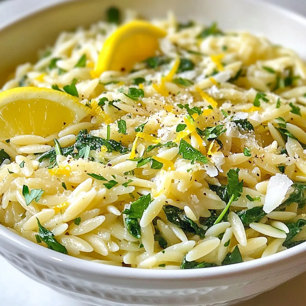 To make Lemon Garlic Parmesan Orzo, you will need a few simple ingredients. Here’s the list: - Orzo pasta - Olive oil - Garlic - Lemon (zest and juice) - Vegetable broth - Spinach - Parmesan cheese - Seasoning (salt and pepper) - Garnishes (parsley and lemon wedges) Each ingredient plays a key role in making this dish shine. The orzo pasta serves as the main base, giving the dish its hearty texture. Olive oil adds a rich flavor and helps with cooking. Garlic brings an aromatic touch, while lemon offers a bright, zesty kick. Vegetable broth enhances the overall taste without overpowering the orzo. Fresh spinach adds color and nutrition. Parmesan cheese provides creaminess and a savory depth. Seasoning with salt and pepper allows you to adjust flavors to your liking. Finally, garnishes like parsley and lemon wedges enhance presentation and add freshness to each bite. These ingredients make this dish not only quick to prepare but also full of flavor. Each bite offers a delightful combination of tangy lemon, savory garlic, and creamy cheese. It’s a meal that feels gourmet, yet comes together in just about 22 minutes! {{ingredient_image_2}} 1. First, I warm the olive oil in a medium saucepan over medium heat. I wait until it shimmers. 2. Next, I add the finely minced garlic. I sauté it for about one minute. I stir it to keep it from burning. The goal is to make it aromatic, not brown. 3. After that, I add the orzo pasta to the pan. I toast it for about two minutes. I stir often to get a nice golden color. This step brings out the nutty flavor of the orzo. 1. Now, I carefully pour in the vegetable broth. You can also use water if needed. I bring the mixture to a gentle boil. 2. Once it boils, I lower the heat to let it simmer. I cover the pan with a lid and let it cook for 10-12 minutes. I check the orzo for tenderness. It should be soft but still have a slight bite, known as al dente. 1. After cooking, I take the saucepan off the heat. I stir in the lemon zest and fresh lemon juice. I let the heat from the orzo wilt the spinach gently. 2. Next, I mix in the grated Parmesan cheese. I let it melt into the dish, creating a creamy texture. I season with sea salt and freshly ground black pepper to taste. 3. To serve, I spoon the warm orzo into bowls. I garnish each bowl with chopped parsley. I also add lemon wedges on the side for an extra zesty touch. To make your orzo shine, ensure even toasting. Toast the orzo in olive oil for about two minutes. Stir it often to get a nice golden color. This step brings out a nutty flavor that makes the dish special. Preventing the garlic from burning is key. Sauté the minced garlic for just one minute. Keep stirring while you cook. This helps the garlic turn fragrant without browning. If it burns, it can taste bitter, and we don’t want that! Adjust the lemon juice for the right tanginess. Start with two tablespoons, but taste it! If you like it tangier, add more lemon juice. The balance of flavors is what makes this dish pop. Choosing the right cheese helps with texture. Freshly grated Parmesan is perfect here. It melts nicely and gives a creamy feel. If you want a twist, try Pecorino Romano. It adds a saltier bite. Serving styles can make a dish look great. Use shallow bowls to present the orzo. This lets the colors show and looks elegant. A drizzle of olive oil on top adds shine. Garnishes can elevate your dish. Finely chopped parsley adds a bright touch. Lemon wedges on the side give a fresh look and extra zest. These little details make your meal inviting! Pro Tips Use Fresh Ingredients: Always opt for fresh garlic and spinach to enhance the flavors of your dish. Fresh ingredients make a significant difference in taste and nutrition. Don't Overcook the Orzo: Keep an eye on the orzo as it cooks; you want it to be al dente. This ensures a perfect texture and prevents it from becoming mushy. Adjust the Creaminess: If you prefer a creamier dish, feel free to add a splash more vegetable broth or an extra tablespoon of olive oil when mixing in the cheese. Garnish for Presentation: Adding fresh parsley not only enhances the look but also gives a fresh flavor boost. Consider adding a sprinkle of lemon zest on top for an eye-catching finish. {{image_4}} You can add protein to lemon garlic parmesan orzo for a heartier meal. - Grilled Chicken or Shrimp: These options bring a nice flavor and texture. Simply grill and slice the chicken or shrimp. Mix them in just before serving to warm them up. - Chickpeas: If you want a vegetarian choice, add chickpeas. They provide protein and a nice bite. Drain and rinse canned chickpeas, then stir them in with the spinach. Switching up vegetables can keep your dish fresh and fun. - Kale or Arugula: You can swap spinach for either of these greens. They add a different flavor and texture. Just chop them roughly and stir them in as you would spinach. - Seasonal Vegetables: Think about what’s in season. Adding fresh veggies like zucchini, asparagus, or bell peppers can enhance the taste. Sauté them briefly before adding the orzo for a colorful twist. Getting creative with flavors can elevate your dish. - Herbs: Experiment with fresh herbs like basil or thyme. Chop them finely and mix them in at the end for a burst of freshness. - Cheese Variations: Try using different types of cheese. Feta or goat cheese can give a tangy kick. Just crumble or grate it into the warm orzo before serving. These variations will help you make lemon garlic parmesan orzo just how you like it! To keep your Lemon Garlic Parmesan Orzo fresh, store leftovers in an airtight container. This helps keep the flavors intact. You can place it in the fridge for up to three days. After that, the taste may change. Always check for any signs of spoilage before eating. If you want to save some for later, you can freeze portions of the orzo. Use freezer-safe bags or containers. Make sure to label them with the date. When you’re ready to enjoy it again, thaw in the fridge overnight. For reheating, warm it in a pan over low heat. You can add a splash of broth or water to keep it moist. Stir frequently until heated through. This way, you keep the creamy texture and great taste! Cooking orzo takes about 10 to 12 minutes. Start by boiling water or broth. Once it’s bubbling, add the orzo. Stir it often to keep it from sticking. After 10 minutes, check if it’s tender. You want it to be soft but still firm. Yes, you can use whole grain orzo. It has more fiber and nutrients. The cooking time may be a bit longer. Keep an eye on it and taste for doneness. Whole grain adds a nice, nutty flavor to your dish. If you need a substitute for Parmesan, try Pecorino Romano. It has a similar flavor and texture. Nutritional yeast is another great option for a cheesy taste without dairy. Grated cashews can also work if you want a nutty touch. No, this recipe is not gluten-free. Orzo is made from wheat. If you want a gluten-free version, look for gluten-free orzo made from rice or corn. Just follow the same cooking steps as regular orzo for best results. To make this dish vegan, skip the Parmesan cheese. You can use nutritional yeast for a cheesy flavor. Add more fresh herbs or spices to boost the taste. You can also use vegetable broth for a rich flavor base. This blog post covered a tasty Lemon Garlic Parmesan Orzo recipe. You learned about essential ingredients like orzo, garlic, and Parmesan cheese. I shared step-by-step instructions to cook the dish perfectly. Tips helped avoid mistakes, while variations inspired creative spins. Lastly, I provided storage info and answered common questions. You can enjoy this dish in many ways, so feel free to experiment. Happy cooking!