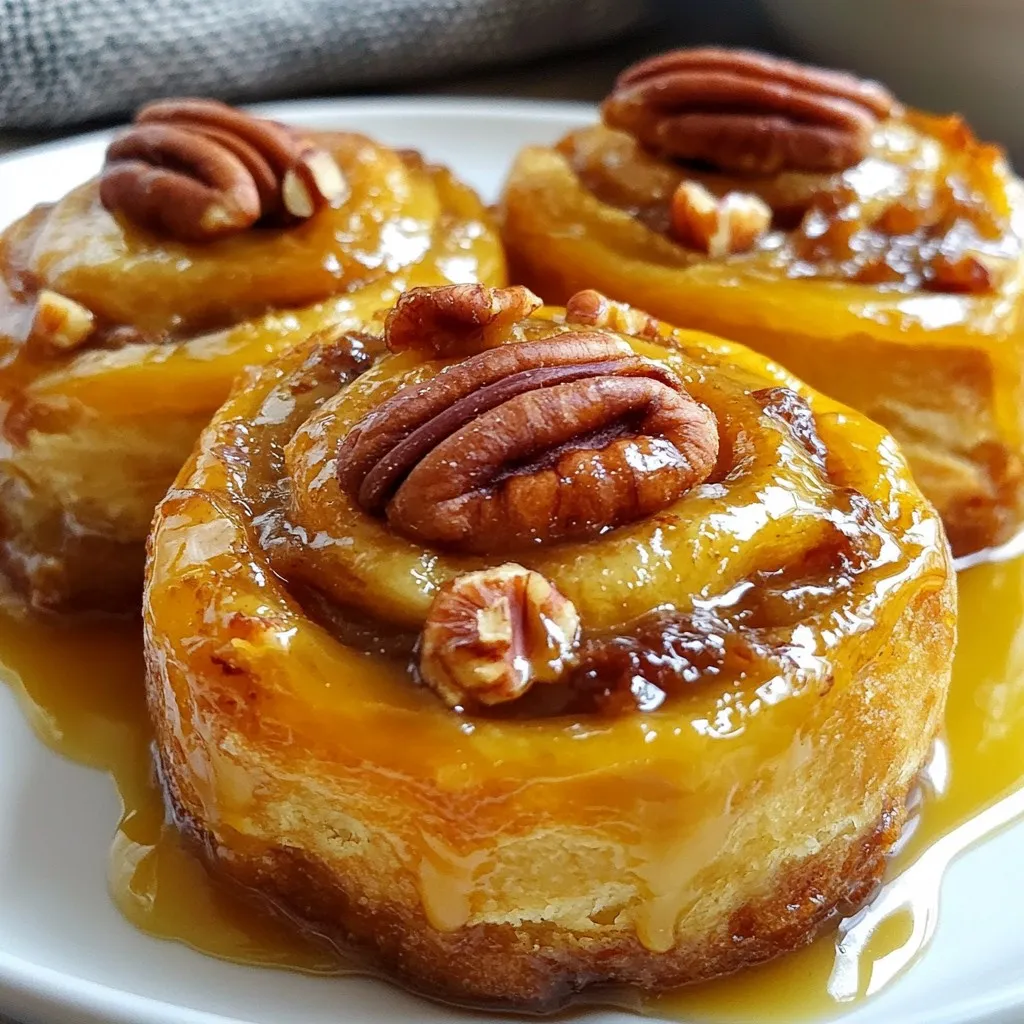 To make delicious caramel pecan sticky buns, gather these ingredients: - 4 cups all-purpose flour - 1/4 cup granulated sugar - 2 teaspoons instant yeast - 1 teaspoon salt - 1 cup whole milk, warmed to about 110°F (43°C) - 1/4 cup unsalted butter, melted - 2 large eggs, at room temperature - 1 teaspoon vanilla extract - 1 cup pecans, chopped - 1/2 cup brown sugar, packed firmly - 1/2 cup unsalted butter, softened - 1/4 cup corn syrup - 1 teaspoon ground cinnamon You can swap some ingredients if needed: - Use almond milk instead of whole milk for a dairy-free option. - Replace unsalted butter with coconut oil for a vegan version. - Instead of pecans, try walnuts or almonds for different flavors. - Brown sugar can be replaced with coconut sugar for a rich taste. A few tools will help you create these sticky buns: - Large mixing bowl for dough and filling. - Whisk to mix dry ingredients. - Rolling pin for shaping the dough. - Sharp knife for slicing the dough log. - Baking dish to bake and serve the sticky buns. - Damp cloth to cover the dough while it rises. These ingredients and tools will guide you to make sticky buns that impress everyone. Enjoy the process and taste the results! {{ingredient_image_2}} Start by gathering your ingredients. You will need all-purpose flour, sugar, yeast, and salt. In a large bowl, whisk the flour, sugar, yeast, and salt together. This mix helps the dough rise well. In another bowl, mix the warmed milk, melted butter, eggs, and vanilla. Stir these until blended. Slowly pour the wet mix into the dry ingredients. Use a spoon to mix until a shaggy dough forms. Next, place the dough on a floured surface. Knead it for about 8 to 10 minutes. You want it smooth and elastic. Once done, shape it into a ball and place it in a greased bowl. Cover the bowl with a damp cloth. Let it rise in a warm spot for 1 to 1.5 hours. It should double in size. While the dough rises, prepare the filling. In a medium bowl, mix softened butter, brown sugar, corn syrup, and cinnamon. Blend until the mixture is smooth and creamy. This filling adds a rich flavor to the buns. Once the dough has risen, gently punch it down. Roll it out on a floured surface into a rectangle about 16x12 inches. Spread the caramel pecan filling over the dough evenly. Then, sprinkle the chopped pecans on top. Now, roll the dough tightly from one long edge. Pinch the seams to seal the log. Use a sharp knife to slice the log into 12 equal pieces. Place the slices cut side up in a greased baking dish. Cover the dish and let the buns rise for another 30-45 minutes. Preheat your oven to 375°F (190°C). After the buns have risen, bake them for 25-30 minutes. They should turn a golden brown on top. Once baked, let them cool for about 5 minutes in the dish. Carefully invert them onto a serving platter. Enjoy the lovely caramel topping! To make the best dough, start with warm milk. It helps the yeast grow. Knead the dough for 8 to 10 minutes. This builds strength and makes it smooth. When the dough rises, it should double in size. Use a warm spot, like an oven with the light on. Always cover it with a damp cloth to keep it moist. For a great caramel texture, mix brown sugar, softened butter, and corn syrup well. It should be smooth and creamy before spreading. Use a medium bowl for mixing. If it feels too thick, add a touch more corn syrup. This will help it spread easily on the dough. Make sure to sprinkle pecans evenly, so each bite has crunch. Serve sticky buns warm for the best taste. Drizzle extra caramel on top for a sweet touch. Add whole pecans for a nice look. You can also pair them with coffee or tea. They make a great breakfast or special treat. Enjoy them fresh out of the oven. Pro Tips Perfect Dough Temperature: Make sure your milk is warmed to about 110°F (43°C) to activate the yeast properly. Too hot can kill the yeast, while too cold can slow down the rising process. Let It Rise: Ensure you allow the dough to rise in a warm, draft-free area. This will help it double in size effectively, resulting in light and fluffy sticky buns. Even Filling Distribution: When spreading the caramel pecan mixture, be sure to cover the dough evenly. This ensures that each bun has a delicious amount of filling. Serving Suggestions: Drizzle warm caramel sauce over the buns just before serving for an extra touch of sweetness. Pair with a cup of coffee for a delightful brunch treat! {{image_4}} You can easily change the flavor of your caramel pecan sticky buns. Here are some fun ideas: - Chocolate Chips: Add a half cup of chocolate chips to the filling. This adds a rich taste. - Dried Fruit: Raisins or cranberries work great. Mix in a half cup for a fruity twist. - Nutmeg or Allspice: Swap out cinnamon for nutmeg or allspice. This adds warmth and depth. These additions make the buns unique and fun. You can mix and match to find your favorite. If you need a gluten-free option, don’t worry! You can use a gluten-free flour blend. Look for one that works well for baking. Here’s how: - Replace all-purpose flour with a gluten-free blend in a 1:1 ratio. - Add a little extra xanthan gum if your blend doesn't include it. This helps with texture. The sticky buns will still rise and taste amazing. Just follow the same steps in the recipe. Want to switch up the topping? Here are some tasty ideas: - Maple Syrup: Drizzle warm maple syrup over the buns for extra sweetness. - Cream Cheese Icing: Whip up a simple icing with cream cheese, powdered sugar, and a splash of vanilla. Drizzle it over the tops. - Chopped Nuts: Use walnuts or almonds instead of pecans. This gives a different crunch. Feel free to get creative with toppings. Each option adds a different flavor and texture. Get ready to impress your friends and family! To keep your caramel pecan sticky buns fresh, store them in an airtight container. This helps prevent them from drying out. Place a piece of parchment paper between layers if you stack them. Keep the container in a cool, dry place for up to three days. If you need to store them longer, the fridge is an option, but they may lose some moisture. When you're ready to enjoy your sticky buns again, you can easily reheat them. Preheat your oven to 350°F (175°C). Place the buns on a baking sheet and cover them with foil. Heat for about 10-15 minutes. This will warm them through without making them tough. You can also microwave individual buns for about 20-30 seconds if you're in a hurry. If you want to save some sticky buns for later, freezing works great. First, let them cool completely. Then, wrap each bun tightly in plastic wrap and place them in a freezer bag. They can stay in the freezer for up to three months. To enjoy them later, thaw in the fridge overnight and reheat as mentioned above. You can tell the sticky buns are done when they turn golden brown. The tops should feel firm to the touch. If you poke a bun, the dough should spring back. An instant-read thermometer can help too. The inside should read 190°F (88°C). When they are done, the smell will fill your kitchen, making it hard to wait! Yes, you can make the dough ahead. After mixing, let it rise as directed. Then, cover it with plastic wrap and place it in the fridge. This will slow down the rising process. You can keep it in the fridge for up to 24 hours. When ready, let it warm up to room temp before rolling it out. You can swap pecans for other nuts easily. Walnuts are a great choice and add a nice crunch. Almonds can work too, giving a different flavor. You might even try hazelnuts for a unique twist. Just chop them up like you would with pecans for the filling. This blog post covered making delicious sticky buns. You learned about key ingredients and how to substitute them. I shared preparation steps for the dough and filling, plus baking tips. Helpful tricks and variations ensured you can customize your sticky buns. Storage tips let you enjoy them later. Use the FAQs to clear up your questions. With these tips, you can bake perfect sticky buns every time. Enjoy the process and share your results with friends and family!
