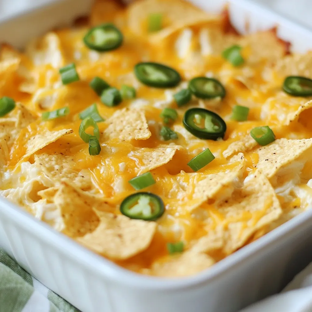 - 2 cups cooked chicken, shredded - 1 cup cream cheese, softened - 1 cup shredded cheddar cheese - 1 cup shredded mozzarella cheese - 1/2 cup diced jalapeños - 1 teaspoon garlic powder - 1 teaspoon onion powder - 1/2 teaspoon smoked paprika - 1/2 cup sour cream - 1/2 cup crumbled tortilla chips - Sliced green onions for garnish - Salt and black pepper to taste The main ingredients form the heart of the dish. I love using cooked chicken; it adds great protein. The cream cheese gives the casserole a smooth base, while the cheddar and mozzarella add richness and meltiness. The flavor enhancers bring everything together. Diced jalapeños can be fresh for heat or pickled for tang. Garlic and onion powder add depth, while smoked paprika gives a hint of smokiness. For extra creaminess, I include sour cream. Crumbled tortilla chips provide a nice crunch. I always use sliced green onions for garnish; they add color and a fresh taste. Don't forget salt and black pepper to suit your taste. {{ingredient_image_2}} Set your oven to 350°F (175°C). Preheating helps cook the dish evenly. In a large bowl, mix 1 cup of softened cream cheese, 1/2 cup of sour cream, and the spices. Add diced jalapeños. Blend until smooth and creamy. This mixture gives the casserole its rich base. Next, gently fold in 2 cups of shredded chicken. Add half of the cheddar and mozzarella cheeses. Stir well to combine. Season with salt and black pepper to taste. Grease a 9x13 inch baking dish. Spread half of the crumbled tortilla chips at the bottom. Pour your chicken mixture over the chips, spreading it evenly. Sprinkle the remaining tortilla chips on top of the chicken mixture. Then, add the rest of the cheddar and mozzarella cheeses. This creates a delicious, cheesy layer. Place the baking dish in the preheated oven. Bake for 25-30 minutes. Look for a bubbly and golden crust as a sign that it’s ready. Once done, take it out and let it cool for a few minutes. Garnish with sliced green onions for a fresh touch. Now, it's ready to enjoy! When picking jalapeños, think about the flavor you want. Fresh jalapeños bring heat and a crisp bite. They add warmth to dishes. If you want a tangy taste, use pickled jalapeños. They offer a different flavor that some love. Pickled jalapeños can also add a nice crunch. Choose based on your tastes or the dish you want. To make the casserole even crunchier, add extra crumbled tortilla chips. When you sprinkle them on top, they create a delightful crunch. This extra layer makes each bite interesting. The crunch pairs well with the creamy chicken and cheese. It’s a simple trick that boosts texture and flavor. For the best melted cheese topping, use a mix of cheddar and mozzarella. Shred the cheese yourself for better melting. Pre-shredded cheese often contains anti-caking agents, which can affect meltiness. Spread the cheese evenly across the top. Bake until bubbly and golden for a perfect finish. This gives you that gooey, cheesy goodness we all love! Pro Tips Use Fresh Jalapeños: Fresh jalapeños will add a more intense heat compared to pickled ones, enhancing the flavor of your casserole. Adjust the Cheese: Feel free to mix in your favorite cheeses like pepper jack or gouda for a unique twist on this classic dish. Make Ahead: Prepare the casserole a day in advance and refrigerate it before baking for an easy meal on a busy day. Serve with Sides: Pair the casserole with a fresh salad or guacamole to balance the rich flavors and add freshness to your meal. {{image_4}} If you love heat, you can spice up your casserole. Simply add more jalapeños to the mix. You can use fresh jalapeños for a fiery kick. If you prefer, choose spicy cheese like pepper jack for more flavor. This way, every bite brings a punch of spice. You can adjust the heat to suit your taste. For a veggie twist, swap out the chicken in the recipe. Use a mix of beans and veggies instead. Black beans and corn work great together. You can also add bell peppers and zucchini for color. This option keeps the flavors while making it meat-free. It’s a tasty way to enjoy the dish without chicken. If you want a low-carb version, you can ditch the tortilla chips. Replace them with cauliflower rice instead. It adds a nice texture and keeps it light. Cauliflower rice soaks up the flavors well. This swap helps you enjoy the dish while sticking to your diet. Plus, it’s still creamy and delicious! To store leftover casserole in the fridge, let it cool first. Place it in an airtight container. This keeps the dish fresh and prevents odors. Make sure to eat it within 3 to 4 days for the best taste. For freezing, cool the casserole completely. Wrap it tightly in plastic wrap or foil. Then, place it in a freezer-safe bag or container. It can stay frozen for up to 3 months. When ready to eat, thaw it overnight in the fridge. Reheat in the oven at 350°F until hot. When stored properly, the casserole lasts in the fridge for 3 to 4 days. If frozen, it can last up to 3 months. Always check for any signs of spoilage before enjoying your leftovers. Yes, you can! To make it easier, prepare the casserole a day ahead. Mix the cream cheese, sour cream, and spices. Add the chicken and cheese. Then, layer it in the baking dish but don’t bake yet. Cover and store it in the fridge. When you’re ready to eat, just bake it straight from the fridge. You may need to add a few extra minutes to the baking time. This casserole goes great with simple sides. Try serving a fresh garden salad for crunch. Corn on the cob adds sweetness. You can also serve rice or a nice warm bread. These sides will balance the flavors nicely. To reheat leftovers, use your oven for the best results. Preheat the oven to 350°F (175°C). Place the casserole in an oven-safe dish and cover it with foil. Heat for about 15-20 minutes. This method helps keep the texture and flavor just right. You can also use the microwave, but be careful not to overheat it. Of course! While cheddar and mozzarella work well, feel free to get creative. Try using pepper jack for more spice, or gouda for a smoky flavor. Mixing different cheeses can really enhance the taste of your casserole. Just make sure to keep the total amount the same. The spice level can be adjusted. Jalapeños add heat, but you can control it. Use fresh jalapeños for more heat or pickled ones for less. If you want it milder, remove the seeds. You can also serve it with sour cream to cool it down for those who prefer less spice. This article guides you through making a delicious Jalapeño Popper Chicken Casserole. We covered ingredients, cooking steps, and storage tips for easy meal prep. Remember, you can adjust spice levels and swap ingredients to suit your taste. Whether you prefer a spicy kick or a lighter version, this dish is versatile. Enjoy creating a flavorful casserole that your friends and family will love!