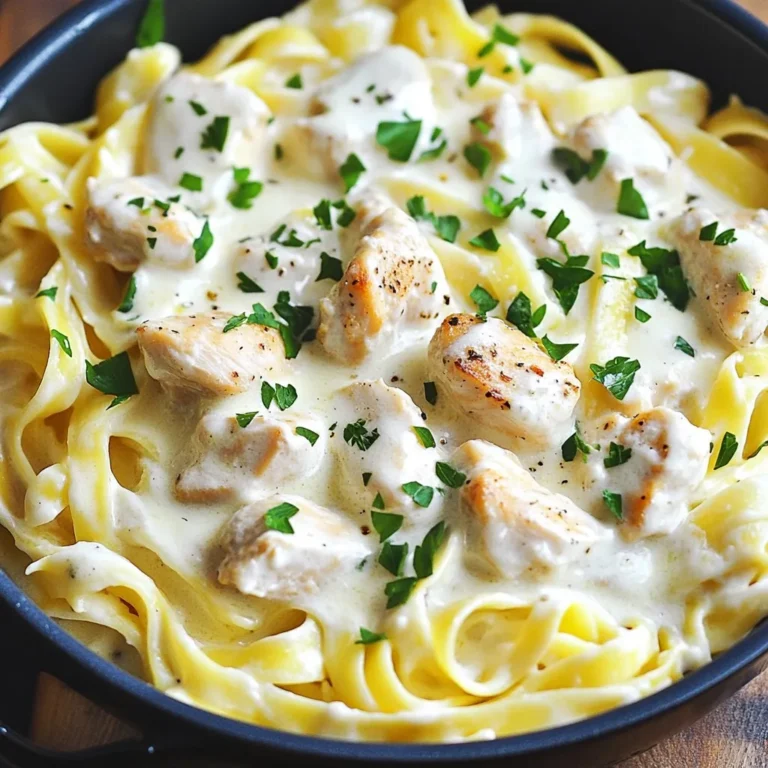 - Chicken and Cooking Essentials - 1 pound chicken breasts, diced into bite-sized pieces - 1 tablespoon extra virgin olive oil - 3 cloves garlic, finely minced - 2 cups low-sodium chicken broth - 8 ounces fettuccine pasta - Seasonings and Flavor Enhancers - 1 teaspoon Italian seasoning blend - 1/2 teaspoon salt (or to taste) - 1/4 teaspoon freshly cracked black pepper (or to taste) - Dairy Components - 1 cup heavy cream - 1 cup freshly grated Parmesan cheese - Fresh parsley, chopped (for garnish) To make this creamy Instant Pot chicken Alfredo, you need simple ingredients. First, gather your chicken and cooking essentials. The olive oil gives a nice base, while garlic adds flavor. The chicken broth helps cook the pasta perfectly. Next, grab your seasonings. The Italian blend adds warmth and depth. Salt and pepper bring out the flavors in your dish. Lastly, do not forget the dairy. The heavy cream creates a rich sauce. Adding freshly grated Parmesan cheese makes it taste gourmet. Garnish with fresh parsley for a colorful finish. With these ingredients, you set yourself up for a delicious meal. Enjoy cooking this easy and tasty dish! {{ingredient_image_2}} 1. Set your Instant Pot to 'Sauté.' When it gets hot, add 1 tablespoon of extra virgin olive oil. 2. Once the oil is warm, add 1 pound of diced chicken breasts. Spread them out evenly in the pot. 3. Sauté the chicken for about 5 to 7 minutes. Stir it occasionally until it turns golden brown. 4. Add 3 cloves of finely minced garlic. Then, sprinkle in 1 teaspoon of Italian seasoning blend. Stir for about 1 minute. This brings out the garlic's strong aroma. 1. Carefully pour in 2 cups of low-sodium chicken broth. Use a wooden spoon to scrape any bits stuck to the bottom. 2. Next, layer in 8 ounces of fettuccine pasta. Make sure it is fully submerged in the broth. Do not stir the pasta. 3. Secure the lid on the Instant Pot. Ensure the steam release valve is set to 'Sealing.' 4. Press the 'Manual' or 'Pressure Cook' button. Set the timer for 8 minutes. 1. After cooking, let the pot sit for 5 minutes. This is called natural pressure release. Then, switch the valve to 'Venting' to release any remaining steam. 2. Remove the lid and stir in 1 cup of heavy cream. Add 1 cup of freshly grated Parmesan cheese, 1/2 teaspoon of salt, and 1/4 teaspoon of black pepper. 3. Mix everything well until you achieve a creamy sauce. If the sauce is too thick, add more chicken broth a little at a time. 4. Serve the creamy chicken Alfredo hot. Garnish with freshly chopped parsley for a nice touch. Enhancing with Fresh Ingredients Using fresh herbs can make your dish shine. I love to add fresh parsley. It adds a nice color and flavor. Try basil or chives for a twist. You can also zest a lemon for a bright taste. Fresh ingredients elevate the dish and make it feel gourmet. Adjusting Seasoning to Taste Tasting as you cook is key. After adding salt and pepper, taste the sauce. If it needs more flavor, add more seasoning bit by bit. Remember, everyone's taste is different. Adjusting will make it your own. Safety Precautions Always be careful with the Instant Pot. Make sure the seal is tight before cooking. When releasing steam, keep your hands away from the valve. Use a long utensil to avoid burns. Safety first makes cooking fun and worry-free. Understanding Pressure Release Methods There are two ways to release pressure: natural and quick. Natural release lets the steam escape slowly. This method is great for delicate dishes. Quick release is fast but can splatter. For this recipe, use natural release for the best flavor blending. Pro Tips Use Fresh Ingredients: For the best flavor, use freshly grated Parmesan cheese and fresh garlic. Pre-packaged cheeses can lack the same depth of taste. Don't Overcook the Chicken: To ensure tender chicken, sauté until just browned. The chicken will continue cooking under pressure, so avoid overcooking initially. Adjust Sauce Consistency: If the sauce is too thick after adding the cream, gradually stir in more chicken broth until the desired creaminess is achieved. Add a Flavor Boost: Consider adding a splash of white wine after sautéing the garlic for an extra layer of flavor before adding the broth. {{image_4}} Protein Alternatives You can switch the chicken for other proteins. Try shrimp for a seafood twist. Tofu works well for a vegetarian option. You can even use turkey for a leaner choice. Each swap brings a new flavor that can surprise your taste buds. Gluten-Free Options If you need a gluten-free meal, use gluten-free pasta. Many brands offer varieties that cook well in the Instant Pot. You can also try spiralized veggies, like zucchini or squash, for a fresh, low-carb option. These alternatives keep the dish tasty without gluten. Adding Vegetables Want to boost nutrition? Add vegetables! Try spinach, broccoli, or peas. Just toss them in with the pasta before sealing the pot. They cook quickly and add color and taste to your dish. Different Cheese Choices While Parmesan is a classic, feel free to experiment. Add mozzarella for a gooey texture or Gouda for a smoky flavor. Mixing cheeses can create a richer sauce. Don’t be afraid to get creative! Refrigerating Leftovers After making Instant Pot Chicken Alfredo, let it cool down. Place leftovers in a sealed container. Store it in the fridge. It will stay fresh for about 3 to 4 days. Freezing for Future Meals You can freeze this dish too. Let it cool completely before packing. Use a freezer-safe container or bag. It will last up to 3 months in the freezer. When ready to eat, thaw it in the fridge overnight. Quick and Easy Reheating Methods To reheat, you can use the microwave or the stove. For the microwave, place it in a bowl. Heat in short bursts, stirring in between. For the stove, warm it in a pan over low heat. Stir often to prevent sticking. Adjusting Sauce Consistency for Reheating When reheating, the sauce may thicken up. If it does, add a splash of chicken broth or cream. Stir until you reach your desired sauce thickness. This keeps your Chicken Alfredo creamy and tasty. How to make Chicken Alfredo from scratch? To make Chicken Alfredo from scratch, you need a few simple steps. Start by cooking diced chicken in a pan. Add garlic and seasonings for flavor. Then, mix in cream and cheese to create the sauce. Finally, toss in cooked pasta and stir until well combined. Can I make this dish without an Instant Pot? Yes, you can make Chicken Alfredo without an Instant Pot. Use a large pot on the stovetop. Cook the chicken in the pot, then add garlic and cream. After that, mix in cooked pasta and cheese. Stir until the sauce is creamy and smooth. What to do if the sauce is too thick? If your sauce is too thick, add more chicken broth slowly. Stir well after each addition until you reach your desired consistency. This will help thin out the sauce and keep it creamy. How to prevent pasta from sticking together? To prevent pasta from sticking, stir it gently after adding it to the pot. Ensure the pasta is fully submerged in the liquid. Also, avoid overcooking the pasta, as it can become gummy. This post covered all you need for a tasty Chicken Alfredo. We explored the key ingredients and specific steps for easy cooking. You learned tips for flavor, Instant Pot use, and ingredient swaps. Storage methods help keep your meal fresh for later. Cooking should be fun, and now you can enjoy a delicious dish with ease. Experiment with flavors and adjustments to make it your own. Happy cooking!