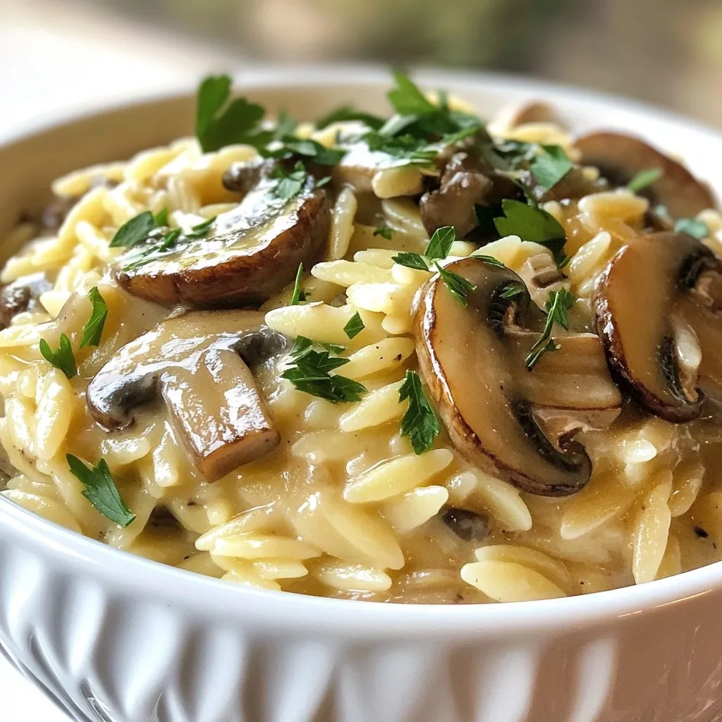 To make creamy mushroom orzo, gather these simple ingredients: - 1 cup orzo pasta - 2 tablespoons extra virgin olive oil - 1 small onion, finely chopped - 3 cloves garlic, minced - 8 ounces cremini mushrooms, sliced - 1 cup vegetable broth - 1 cup heavy cream (or substitute with half-and-half for a lighter option) - ½ cup freshly grated Parmesan cheese (plus more for serving) - 1 teaspoon fresh thyme leaves (or ½ teaspoon dried thyme) - Salt and freshly ground black pepper to taste - Fresh parsley, finely chopped, for garnish You can mix in a few extra items for more taste: - A splash of white wine for depth - Lemon zest for brightness - A pinch of red pepper flakes for heat - Spinach or peas for added color and nutrition Here are some easy swaps if you need them: - Use whole wheat orzo for a healthier choice - Replace heavy cream with coconut cream for a dairy-free option - Use nutritional yeast instead of Parmesan cheese for a vegan dish - Swap cremini mushrooms for button mushrooms or shiitake for a different flavor Feel free to experiment with these options to make the dish suit your taste! {{ingredient_image_2}} To make creamy mushroom orzo, start by gathering your ingredients. You need orzo, olive oil, onion, garlic, mushrooms, broth, cream, Parmesan cheese, thyme, salt, and pepper. 1. Heat 2 tablespoons of olive oil in a large pan over medium heat. 2. Once the oil is hot, add 1 small chopped onion. Cook for 4-5 minutes until the onion is soft and clear. 3. Next, add 3 minced garlic cloves and 8 ounces of sliced cremini mushrooms. Stir this mixture for about 6-7 minutes. You want the mushrooms to turn golden brown. 4. Now, add 1 cup of orzo pasta. Mix it in for 1-2 minutes to toast it a bit. 5. Slowly pour in 1 cup of vegetable broth while stirring. Bring this to a gentle boil. 6. Reduce the heat to low and cover the pan. Simmer for 10-12 minutes. The orzo should be tender and absorb most of the liquid. 7. Once cooked, lower the heat again. Stir in 1 cup of heavy cream, ½ cup of grated Parmesan, and 1 teaspoon of fresh thyme. Mix until creamy. 8. If it’s too thick, add a splash of broth or water. 9. Season with salt and pepper, then let it sit for a few minutes. 10. Serve in bowls, topped with more Parmesan and chopped parsley. - Always stir the orzo while it cooks. This helps it cook evenly. - Make sure to taste it often. This way, you can adjust the seasoning just right. - If you want a lighter dish, use half-and-half instead of cream. - If your orzo becomes too sticky, add a bit more broth or water to loosen it. - If the mushrooms are not browning, increase the heat slightly. - If the flavor is bland, add more salt or fresh herbs for a boost. This creamy mushroom orzo comes together easily. With these steps, you can enjoy a tasty meal at home! To boost the taste of your creamy mushroom orzo, think about using fresh herbs. Fresh thyme adds a nice touch. You can also try rosemary or parsley for added zest. Another tip is to sauté the onions until they are golden. This step gives a sweeter flavor to the dish. For a little kick, sprinkle some red pepper flakes. It gives a nice contrast to the creamy sauce. Using the right tools makes cooking easier. A large saucepan is key for this dish. It helps cook everything evenly. A wooden spoon is great for stirring. It allows you to scrape the bottom, avoiding any sticking. A sharp knife is also helpful for chopping. It makes cutting the onions and mushrooms quick and safe. You may want to use a measuring cup for your broth and cream. This ensures you add the right amounts. Timing is important in cooking. Always start by heating the oil before adding the onions. It helps them cook well. When adding the orzo, toast it a bit. This enhances its nutty flavor. For serving, warm bowls keep your dish hot longer. Pair the orzo with a fresh salad or crusty bread. This makes a complete meal. Enjoy your dish warm, topped with extra cheese and parsley for a nice finish. Pro Tips Use Fresh Herbs: Fresh thyme adds a vibrant flavor to the dish. If you have other herbs like parsley or chives, feel free to toss them in for an added layer of taste. Perfecting Orzo Cooking: Stir the orzo occasionally while it simmers to prevent sticking and ensure even cooking. This will help achieve the perfect al dente texture. Substitutions and Variations: For a vegan option, use coconut cream and nutritional yeast instead of heavy cream and Parmesan. This keeps the dish creamy without dairy. Make Ahead: This dish can be made ahead and reheated. If it thickens too much in the fridge, simply add a splash of broth or water when reheating to loosen it up. {{image_4}} You can easily boost the protein in creamy mushroom orzo. Chicken adds a nice flavor. Simply cook diced chicken breast in the pan before adding the mushrooms. If you prefer seafood, shrimp works great too. Just cook the shrimp until pink and tender. For a meat-free option, try adding chickpeas. They add texture and protein while keeping it plant-based. To make this dish vegetarian, just use vegetable broth. For a vegan version, swap heavy cream with coconut milk or cashew cream. Both options make it rich and creamy without dairy. Check if your Parmesan cheese is vegetarian, or skip it for a vegan dish. Use nutritional yeast instead for a cheesy flavor without dairy. Herbs and spices can change the whole dish. For a fresh taste, try basil or dill. They add a nice pop of flavor. You could also use rosemary for a woodsy note. Spice lovers can add a pinch of red pepper flakes for heat. If you like a stronger taste, consider adding a splash of soy sauce or balsamic vinegar. It gives depth and a savory kick. To store your creamy mushroom orzo, first let it cool down. Once cooled, place it in an airtight container. It will stay fresh in the fridge for up to three days. When you store it, try to keep it away from strong-smelling foods. This helps keep its taste. When you're ready to enjoy leftovers, heat them gently. Pour the orzo into a saucepan over low heat. Add a splash of vegetable broth or water to help it warm evenly. Stir often to prevent sticking. Heat until it's warm throughout. You can also use the microwave. Just cover the dish and heat in short bursts, stirring in between. You can freeze creamy mushroom orzo for later meals. First, let it cool completely. Then, place it in a freezer-safe bag or container. Make sure to remove as much air as possible. Label the bag with the date. It can last in the freezer for up to three months. When you're ready to eat it, thaw it in the fridge overnight before reheating. The best way to cook orzo is like cooking rice. Start by boiling water. Add salt to the water for flavor. Once the water boils, add the orzo. Stir it gently to keep it from sticking. Cook it for about 8-10 minutes. Taste it to see if it is al dente. Drain any extra water when it's ready. Always remember to save a little pasta water. This water can help if your orzo needs more moisture later. Yes, you can make creamy mushroom orzo ahead of time. Cook it as usual and let it cool. Store it in an airtight container in the fridge. It should last for 3-4 days. When you are ready to eat, reheat it in a pan. Add a splash of broth or water to keep it creamy. Stir often to warm it evenly. This way, you can enjoy a quick meal on busy days. You can make creamy mushroom orzo healthier in a few ways. First, use whole grain orzo instead of regular orzo. This adds more fiber. You can also swap heavy cream for a lighter option, like half-and-half or yogurt. Add more veggies, like spinach or peas, for extra nutrients. You can cut down on cheese too. Use less Parmesan or skip it altogether. These small changes keep the dish tasty but lighter. Creamy mushroom orzo pairs well with many dishes. A crisp side salad adds freshness and crunch. Try a simple green salad with lemon vinaigrette. Grilled chicken or fish also makes a great match. The light protein balances the creamy orzo. For a hearty meal, serve it with crusty bread. This adds a nice texture and helps soak up the sauce. These sides will make your meal more complete and satisfying. This post covered everything you need to know about making creamy mushroom orzo. We discussed ingredients, cooking steps, and great tips for flavor. I shared options for making the dish your own and how to store leftovers. You now have the tools to enjoy this meal anytime. Remember, a little creativity goes a long way. Enjoy your cooking and let your taste buds explore new flavors!