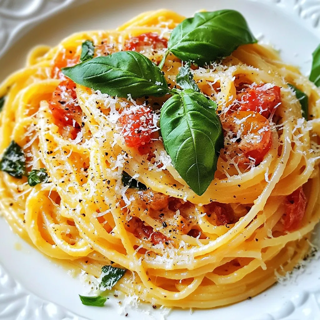 To make creamy garlic tomato pasta, you need key ingredients. Here’s what you’ll need: - 300g spaghetti or your favorite pasta - 2 tablespoons extra virgin olive oil - 4 cloves of garlic, finely minced - 1 can (400g) diced tomatoes with juices - 1 cup heavy cream or coconut cream - 1 teaspoon granulated sugar - 1 teaspoon Italian seasoning blend - Salt and freshly ground black pepper to taste Feel free to customize your dish using optional ingredients. Here are some ideas to consider: - Fresh spinach for added greens - Red pepper flakes for a spicy kick - Chopped onions for extra flavor - Mushrooms for an earthy taste Garnish your pasta to make it look and taste even better. Try these toppings: - Fresh basil leaves for a pop of color - Grated Parmesan cheese for rich flavor - Toasted pine nuts for crunch - A drizzle of balsamic glaze for sweetness These ingredients help you create a creamy, flavorful dish that feels special. You can mix and match to fit your taste. Enjoy making your version of creamy garlic tomato pasta! {{ingredient_image_2}} Start by boiling salted water in a large pot. Once it boils, add 300g of spaghetti or your favorite pasta. Cook it according to the package directions until it is al dente. This means it should still have a slight bite. After cooking, reserve 1 cup of starchy pasta water. Then, drain the pasta and set it aside. This water helps to thicken the sauce later. In the same pot, add 2 tablespoons of extra virgin olive oil over medium heat. Give it a minute to warm up. Next, add 4 cloves of finely minced garlic. Sauté the garlic for about 1 minute until it smells good and turns golden. Be careful not to let it burn. Burnt garlic can ruin the dish. Now, pour in 1 can of diced tomatoes, including their juices. Add 1 teaspoon of granulated sugar and 1 teaspoon of Italian seasoning. Stir everything well to mix. Let it simmer gently for 5 to 7 minutes. This helps the flavors blend nicely. After that, lower the heat and stir in 1 cup of heavy cream or coconut cream if you prefer. Mix it well and let it cook for another 5 minutes. If the sauce is too thick, add some of the reserved pasta water to make it creamier. Season it with salt and freshly ground black pepper to taste. Finally, toss the drained pasta into the sauce. Stir gently to coat each piece of pasta evenly with the creamy tomato sauce. To get that perfect creamy texture, use heavy cream or coconut cream. Both work well. If you want a lighter sauce, add some reserved pasta water little by little. This helps blend the sauce. Stir well to mix everything together. Taste as you go. Adjust the creaminess to your liking. One mistake is burning the garlic. Keep an eye on it while sautéing. If it turns brown, it may taste bitter. Another common error is not draining the pasta properly. If you leave too much water, it can make the sauce runny. Lastly, don’t skip the sugar! It balances the acidity of the tomatoes. For an elegant look, use fresh basil leaves as a garnish. They add color and flavor. A sprinkle of grated Parmesan cheese is a nice touch. Serve the pasta in shallow bowls for a fancy feel. You can also add a drizzle of olive oil on top. This makes it look even more delicious! Pro Tips Use Fresh Ingredients: Fresh garlic and high-quality tomatoes can elevate the flavor of your pasta dish significantly. Opt for fresh basil for garnishing to enhance the aroma and taste. Perfect Pasta Cooking: Remember to salt your pasta water generously; it should taste like the sea! This is your only chance to season the pasta itself, which enhances the entire dish's flavor. Customize Your Creaminess: Adjust the consistency of your sauce by adding the reserved pasta water gradually. This starchy water helps to bind the sauce to the pasta and creates a silky texture. Make It Your Own: Feel free to add other ingredients such as sautéed mushrooms, spinach, or grilled chicken for added flavor and nutrition. Experiment with different herbs to find your personal favorite blend! {{image_4}} You can easily make this dish vegetarian or vegan. For a vegetarian version, use heavy cream. To make it vegan, swap it for coconut cream. You can also add more veggies. Spinach, zucchini, or bell peppers work well. Just sauté them with the garlic. This adds color and nutrition. Adding protein can turn this dish into a full meal. Chicken or shrimp are great choices. For chicken, use bite-sized pieces. Cook them in the olive oil before adding garlic. For shrimp, add them after the garlic. Cook until they turn pink. This boosts flavor and gives a hearty touch. You can enhance the taste with more spices and herbs. Try red pepper flakes for a kick. Fresh herbs like parsley or oregano can add depth. A squeeze of lemon juice brightens the sauce. Experiment with flavors to find what you love best. This dish is flexible and fun to customize! Store any leftover creamy garlic tomato pasta in an airtight container. Make sure to cool it first. This helps keep the pasta fresh. It stays good in the fridge for up to three days. When you are ready to eat it, check for any signs of spoilage before reheating. If you want to keep the pasta longer, freezing works well. Place the cooled pasta in a freezer-safe container. Make sure to leave some space for expansion. You can freeze it for up to three months. Label the container with the date, so you remember when you made it. When you are ready to enjoy your pasta again, use gentle heat. You can reheat it on the stove or in the microwave. If it seems dry, add a splash of water or cream. This helps keep it creamy and delicious. Stir well to mix in the moisture. Enjoy your flavorful dish like it was freshly made! Yes, you can use any pasta shape you like. Options include penne, fusilli, or even gluten-free pasta. Each type will bring its own charm to the dish. Just make sure to adjust the cooking time according to the package instructions. You want it to be al dente, firm but cooked through. To make this dish dairy-free, simply swap heavy cream with coconut cream. It will add a nice richness without any dairy. You can also use almond milk or cashew cream, but coconut cream gives the best flavor. This change keeps the dish creamy and smooth. If you don’t have heavy cream, there are many options. Use half-and-half for a lighter cream. You can also use plain yogurt for tanginess. Silken tofu blended until smooth is a great vegan choice. Each substitute will change the flavor a bit, but they all work well in this recipe. This blog post covers all you need for creamy garlic tomato pasta. We explored key ingredients and easy instructions to make cooking simple. You learned helpful tips to avoid mistakes and make your dish shine. Plus, I shared fun variations to match your taste. In the end, this pasta is tasty and easy to customize. You'll impress everyone at dinner. Enjoy cooking and savor every bite of your creation!