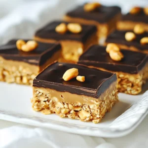 To make No Bake Peanut Butter Bars, gather these simple ingredients: - 1 cup natural peanut butter - 1/2 cup honey or maple syrup - 1 teaspoon pure vanilla extract - 2 cups rolled oats - 1/2 cup vanilla-flavored protein powder - 1/4 cup dark chocolate chips (optional) - 1/4 cup chopped nuts (like almonds or walnuts, optional) - A pinch of sea salt You can customize this recipe easily. For a nut-free option, use sunflower seed butter. If you want to cut sugar, try using mashed banana instead of honey. For a gluten-free version, pick certified gluten-free oats. If you prefer a different protein powder, use chocolate flavored for a richer taste. You can skip the chocolate chips if you want a lower-sugar treat. Instead, add dried fruit for a sweet twist. These bars are packed with nutrients. Each bar has around 180 calories. They contain healthy fats from peanut butter and fiber from oats. The protein powder adds a nice protein boost, about 5-7 grams per bar. If you add chopped nuts, you get even more healthy fats and protein. This treat is perfect for a quick snack or a post-workout boost. Remember, the exact numbers may change based on your specific ingredients. {{ingredient_image_2}} To start, gather your peanut butter, honey, and vanilla extract. Use natural peanut butter for the best flavor and texture. In a medium saucepan, combine these three ingredients. Heat over low heat while stirring. Once it is smooth and mixed well, take it off the heat. This mix will be the heart of your bars. Next, take a large mixing bowl. Add rolled oats, protein powder, and a pinch of sea salt. Whisk these dry ingredients together. Make sure they are mixed well. This step ensures every bite has the same great flavor. Uniformity is key for a tasty treat! Now, pour the warm peanut butter mix into your dry ingredients. Stir until everything is coated and blended well. If you want, fold in dark chocolate chips and chopped nuts for extra flavor. Prepare an 8x8 inch baking dish by lining it with parchment paper. Pour the mixture into the dish. Press down firmly with a spatula or your hands to create a flat layer. Chill in the fridge for 1-2 hours to set. Once firm, lift the bars out using the parchment. Cut them into squares or rectangles. Enjoy your tasty no-bake peanut butter bars! To get the best texture, use natural peanut butter. It gives a creamy base. Make sure to heat the peanut butter, honey, and vanilla until smooth. This helps blend everything well. When mixing in the oats, stir gently but firmly. You want everything coated without breaking the oats. If you want a firmer bar, chill them longer. For a beautiful look, serve your bars on a wooden platter. Drizzle melted chocolate on top for a fancy touch. You can also add whole peanuts on the bars. This adds a nice crunch and makes them pop. Cut them into squares or rectangles for easy grabbing. One mistake is not pressing the mixture firmly into the dish. This can lead to crumbly bars. Another issue is skipping the chilling time. If you don’t chill long enough, the bars won’t hold together. Also, avoid using low-quality peanut butter. It can change the taste and texture. Pro Tips Use Creamy Peanut Butter: For a smoother texture in your bars, opt for creamy peanut butter rather than crunchy. This ensures a uniform mix and easier slicing once set. Chill for Extra Firmness: Allowing the bars to chill for longer than 2 hours can provide an even firmer texture, making them easier to handle and cut. Customizable Add-ins: Feel free to customize the bars by adding your favorite mix-ins, like dried fruits or seeds, to enhance flavor and nutrition. Storage Tips: Store the bars in an airtight container in the refrigerator for up to a week, or freeze them for longer-term storage. Just thaw before serving! {{image_4}} You can make these no-bake peanut butter bars even tastier. Try adding mix-ins for flavor and fun. Some great options include: - Cocoa powder: For a rich chocolate taste, mix in 1/4 cup. - Coconut flakes: Add 1/4 cup of shredded coconut for a tropical twist. - Dried fruits: Mix in 1/2 cup of raisins or cranberries for sweetness and texture. - Spices: A pinch of cinnamon or nutmeg can boost the flavor profile. These add-ins let you customize your bars to suit your taste! I love how easy it is to adapt these bars for different diets. To make them vegan, simply swap honey for maple syrup. For gluten-free bars, just ensure your oats are certified gluten-free. You can also use dairy-free chocolate chips if you want a vegan option. These changes keep the flavor while meeting dietary needs. These bars are easy to store. You can make a big batch and enjoy them later. Here are some tips: - Single servings: Cut the bars into squares, wrap each piece in parchment paper, and place them in a container. - Layering: If you stack the bars, separate each layer with parchment paper to avoid sticking. - Fridge vs. freezer: Keep them in the fridge for up to one week. For longer storage, freeze them for up to three months. These simple steps help you enjoy your no-bake peanut butter bars whenever you want a tasty treat! To keep your no-bake peanut butter bars fresh, store them in an airtight container. Use parchment paper to separate layers. This prevents sticking and keeps bars intact. When stored properly, these bars last up to one week in the fridge. If you notice any change in smell or texture, it’s best to discard them. You can freeze these bars for up to three months. Cut the bars into squares first. Wrap each square in plastic wrap. Place them in a freezer-safe bag. When ready to eat, thaw them in the fridge overnight. Enjoy the same great taste! Yes, you can use crunchy peanut butter. It adds a nice texture. The bars will still taste great! If you like bits of peanut in your treat, crunchy is a fun choice. To make these bars vegan, use maple syrup instead of honey. Also, choose dairy-free chocolate chips. This way, you keep the bars plant-based and yummy. If you want a substitute for honey or maple syrup, try agave syrup or brown rice syrup. Both options will keep the bars sweet. You can also use date syrup for a rich taste. This blog post covered everything you need for making tasty bars. We started with key ingredients and helpful substitutions. Then, we walked through each simple step to make the bars. I shared tips for the best texture and ideas for good looks. We explored flavor options and dietary changes. Lastly, I outlined storage methods for freshness. Now, you can create delicious, healthy bars with ease. Enjoy your baking and share your tasty results with others!