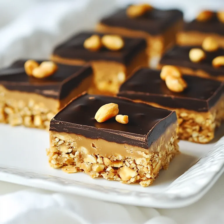 To make No Bake Peanut Butter Bars, gather these simple ingredients: - 1 cup natural peanut butter - 1/2 cup honey or maple syrup - 1 teaspoon pure vanilla extract - 2 cups rolled oats - 1/2 cup vanilla-flavored protein powder - 1/4 cup dark chocolate chips (optional) - 1/4 cup chopped nuts (like almonds or walnuts, optional) - A pinch of sea salt You can customize this recipe easily. For a nut-free option, use sunflower seed butter. If you want to cut sugar, try using mashed banana instead of honey. For a gluten-free version, pick certified gluten-free oats. If you prefer a different protein powder, use chocolate flavored for a richer taste. You can skip the chocolate chips if you want a lower-sugar treat. Instead, add dried fruit for a sweet twist. These bars are packed with nutrients. Each bar has around 180 calories. They contain healthy fats from peanut butter and fiber from oats. The protein powder adds a nice protein boost, about 5-7 grams per bar. If you add chopped nuts, you get even more healthy fats and protein. This treat is perfect for a quick snack or a post-workout boost. Remember, the exact numbers may change based on your specific ingredients. {{ingredient_image_2}} To start, gather your peanut butter, honey, and vanilla extract. Use natural peanut butter for the best flavor and texture. In a medium saucepan, combine these three ingredients. Heat over low heat while stirring. Once it is smooth and mixed well, take it off the heat. This mix will be the heart of your bars. Next, take a large mixing bowl. Add rolled oats, protein powder, and a pinch of sea salt. Whisk these dry ingredients together. Make sure they are mixed well. This step ensures every bite has the same great flavor. Uniformity is key for a tasty treat! Now, pour the warm peanut butter mix into your dry ingredients. Stir until everything is coated and blended well. If you want, fold in dark chocolate chips and chopped nuts for extra flavor. Prepare an 8x8 inch baking dish by lining it with parchment paper. Pour the mixture into the dish. Press down firmly with a spatula or your hands to create a flat layer. Chill in the fridge for 1-2 hours to set. Once firm, lift the bars out using the parchment. Cut them into squares or rectangles. Enjoy your tasty no-bake peanut butter bars! To get the best texture, use natural peanut butter. It gives a creamy base. Make sure to heat the peanut butter, honey, and vanilla until smooth. This helps blend everything well. When mixing in the oats, stir gently but firmly. You want everything coated without breaking the oats. If you want a firmer bar, chill them longer. For a beautiful look, serve your bars on a wooden platter. Drizzle melted chocolate on top for a fancy touch. You can also add whole peanuts on the bars. This adds a nice crunch and makes them pop. Cut them into squares or rectangles for easy grabbing. One mistake is not pressing the mixture firmly into the dish. This can lead to crumbly bars. Another issue is skipping the chilling time. If you don’t chill long enough, the bars won’t hold together. Also, avoid using low-quality peanut butter. It can change the taste and texture. Pro Tips Use Creamy Peanut Butter: For a smoother texture in your bars, opt for creamy peanut butter rather than crunchy. This ensures a uniform mix and easier slicing once set. Chill for Extra Firmness: Allowing the bars to chill for longer than 2 hours can provide an even firmer texture, making them easier to handle and cut. Customizable Add-ins: Feel free to customize the bars by adding your favorite mix-ins, like dried fruits or seeds, to enhance flavor and nutrition. Storage Tips: Store the bars in an airtight container in the refrigerator for up to a week, or freeze them for longer-term storage. Just thaw before serving! {{image_4}} You can make these no-bake peanut butter bars even tastier. Try adding mix-ins for flavor and fun. Some great options include: - Cocoa powder: For a rich chocolate taste, mix in 1/4 cup. - Coconut flakes: Add 1/4 cup of shredded coconut for a tropical twist. - Dried fruits: Mix in 1/2 cup of raisins or cranberries for sweetness and texture. - Spices: A pinch of cinnamon or nutmeg can boost the flavor profile. These add-ins let you customize your bars to suit your taste! I love how easy it is to adapt these bars for different diets. To make them vegan, simply swap honey for maple syrup. For gluten-free bars, just ensure your oats are certified gluten-free. You can also use dairy-free chocolate chips if you want a vegan option. These changes keep the flavor while meeting dietary needs. These bars are easy to store. You can make a big batch and enjoy them later. Here are some tips: - Single servings: Cut the bars into squares, wrap each piece in parchment paper, and place them in a container. - Layering: If you stack the bars, separate each layer with parchment paper to avoid sticking. - Fridge vs. freezer: Keep them in the fridge for up to one week. For longer storage, freeze them for up to three months. These simple steps help you enjoy your no-bake peanut butter bars whenever you want a tasty treat! To keep your no-bake peanut butter bars fresh, store them in an airtight container. Use parchment paper to separate layers. This prevents sticking and keeps bars intact. When stored properly, these bars last up to one week in the fridge. If you notice any change in smell or texture, it’s best to discard them. You can freeze these bars for up to three months. Cut the bars into squares first. Wrap each square in plastic wrap. Place them in a freezer-safe bag. When ready to eat, thaw them in the fridge overnight. Enjoy the same great taste! Yes, you can use crunchy peanut butter. It adds a nice texture. The bars will still taste great! If you like bits of peanut in your treat, crunchy is a fun choice. To make these bars vegan, use maple syrup instead of honey. Also, choose dairy-free chocolate chips. This way, you keep the bars plant-based and yummy. If you want a substitute for honey or maple syrup, try agave syrup or brown rice syrup. Both options will keep the bars sweet. You can also use date syrup for a rich taste. This blog post covered everything you need for making tasty bars. We started with key ingredients and helpful substitutions. Then, we walked through each simple step to make the bars. I shared tips for the best texture and ideas for good looks. We explored flavor options and dietary changes. Lastly, I outlined storage methods for freshness. Now, you can create delicious, healthy bars with ease. Enjoy your baking and share your tasty results with others!