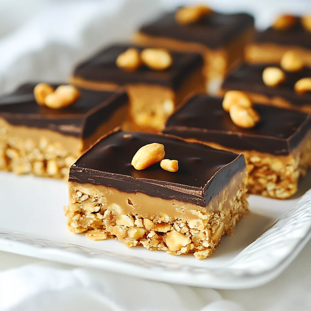 To make No Bake Peanut Butter Bars, gather these simple ingredients: - 1 cup natural peanut butter - 1/2 cup honey or maple syrup - 1 teaspoon pure vanilla extract - 2 cups rolled oats - 1/2 cup vanilla-flavored protein powder - 1/4 cup dark chocolate chips (optional) - 1/4 cup chopped nuts (like almonds or walnuts, optional) - A pinch of sea salt You can customize this recipe easily. For a nut-free option, use sunflower seed butter. If you want to cut sugar, try using mashed banana instead of honey. For a gluten-free version, pick certified gluten-free oats. If you prefer a different protein powder, use chocolate flavored for a richer taste. You can skip the chocolate chips if you want a lower-sugar treat. Instead, add dried fruit for a sweet twist. These bars are packed with nutrients. Each bar has around 180 calories. They contain healthy fats from peanut butter and fiber from oats. The protein powder adds a nice protein boost, about 5-7 grams per bar. If you add chopped nuts, you get even more healthy fats and protein. This treat is perfect for a quick snack or a post-workout boost. Remember, the exact numbers may change based on your specific ingredients. {{ingredient_image_2}} To start, gather your peanut butter, honey, and vanilla extract. Use natural peanut butter for the best flavor and texture. In a medium saucepan, combine these three ingredients. Heat over low heat while stirring. Once it is smooth and mixed well, take it off the heat. This mix will be the heart of your bars. Next, take a large mixing bowl. Add rolled oats, protein powder, and a pinch of sea salt. Whisk these dry ingredients together. Make sure they are mixed well. This step ensures every bite has the same great flavor. Uniformity is key for a tasty treat! Now, pour the warm peanut butter mix into your dry ingredients. Stir until everything is coated and blended well. If you want, fold in dark chocolate chips and chopped nuts for extra flavor. Prepare an 8x8 inch baking dish by lining it with parchment paper. Pour the mixture into the dish. Press down firmly with a spatula or your hands to create a flat layer. Chill in the fridge for 1-2 hours to set. Once firm, lift the bars out using the parchment. Cut them into squares or rectangles. Enjoy your tasty no-bake peanut butter bars! To get the best texture, use natural peanut butter. It gives a creamy base. Make sure to heat the peanut butter, honey, and vanilla until smooth. This helps blend everything well. When mixing in the oats, stir gently but firmly. You want everything coated without breaking the oats. If you want a firmer bar, chill them longer. For a beautiful look, serve your bars on a wooden platter. Drizzle melted chocolate on top for a fancy touch. You can also add whole peanuts on the bars. This adds a nice crunch and makes them pop. Cut them into squares or rectangles for easy grabbing. One mistake is not pressing the mixture firmly into the dish. This can lead to crumbly bars. Another issue is skipping the chilling time. If you don’t chill long enough, the bars won’t hold together. Also, avoid using low-quality peanut butter. It can change the taste and texture. Pro Tips Use Creamy Peanut Butter: For a smoother texture in your bars, opt for creamy peanut butter rather than crunchy. This ensures a uniform mix and easier slicing once set. Chill for Extra Firmness: Allowing the bars to chill for longer than 2 hours can provide an even firmer texture, making them easier to handle and cut. Customizable Add-ins: Feel free to customize the bars by adding your favorite mix-ins, like dried fruits or seeds, to enhance flavor and nutrition. Storage Tips: Store the bars in an airtight container in the refrigerator for up to a week, or freeze them for longer-term storage. Just thaw before serving! {{image_4}} You can make these no-bake peanut butter bars even tastier. Try adding mix-ins for flavor and fun. Some great options include: - Cocoa powder: For a rich chocolate taste, mix in 1/4 cup. - Coconut flakes: Add 1/4 cup of shredded coconut for a tropical twist. - Dried fruits: Mix in 1/2 cup of raisins or cranberries for sweetness and texture. - Spices: A pinch of cinnamon or nutmeg can boost the flavor profile. These add-ins let you customize your bars to suit your taste! I love how easy it is to adapt these bars for different diets. To make them vegan, simply swap honey for maple syrup. For gluten-free bars, just ensure your oats are certified gluten-free. You can also use dairy-free chocolate chips if you want a vegan option. These changes keep the flavor while meeting dietary needs. These bars are easy to store. You can make a big batch and enjoy them later. Here are some tips: - Single servings: Cut the bars into squares, wrap each piece in parchment paper, and place them in a container. - Layering: If you stack the bars, separate each layer with parchment paper to avoid sticking. - Fridge vs. freezer: Keep them in the fridge for up to one week. For longer storage, freeze them for up to three months. These simple steps help you enjoy your no-bake peanut butter bars whenever you want a tasty treat! To keep your no-bake peanut butter bars fresh, store them in an airtight container. Use parchment paper to separate layers. This prevents sticking and keeps bars intact. When stored properly, these bars last up to one week in the fridge. If you notice any change in smell or texture, it’s best to discard them. You can freeze these bars for up to three months. Cut the bars into squares first. Wrap each square in plastic wrap. Place them in a freezer-safe bag. When ready to eat, thaw them in the fridge overnight. Enjoy the same great taste! Yes, you can use crunchy peanut butter. It adds a nice texture. The bars will still taste great! If you like bits of peanut in your treat, crunchy is a fun choice. To make these bars vegan, use maple syrup instead of honey. Also, choose dairy-free chocolate chips. This way, you keep the bars plant-based and yummy. If you want a substitute for honey or maple syrup, try agave syrup or brown rice syrup. Both options will keep the bars sweet. You can also use date syrup for a rich taste. This blog post covered everything you need for making tasty bars. We started with key ingredients and helpful substitutions. Then, we walked through each simple step to make the bars. I shared tips for the best texture and ideas for good looks. We explored flavor options and dietary changes. Lastly, I outlined storage methods for freshness. Now, you can create delicious, healthy bars with ease. Enjoy your baking and share your tasty results with others!