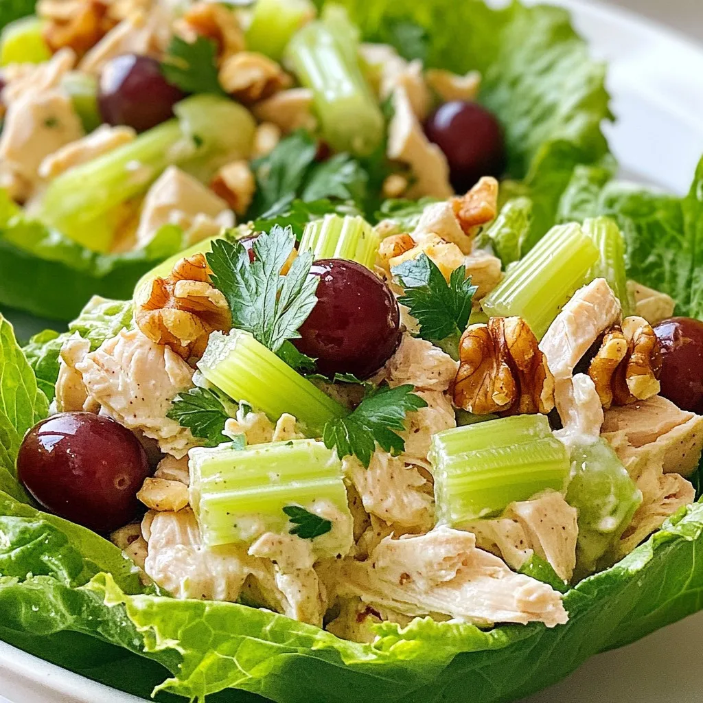 - 2 cups cooked chicken breast, shredded - 1 cup plain Greek yogurt - 1/2 cup celery, finely diced - 1/2 cup red grapes, quartered - 1/4 cup chopped walnuts (or pecans) - 1 tablespoon Dijon mustard - 1 tablespoon fresh lemon juice - 1/2 teaspoon garlic powder - Salt and pepper to taste - 1 head of romaine or butter lettuce, leaves separated When making Greek yogurt chicken salad lettuce wraps, the quality of your ingredients matters. I always choose fresh chicken and ripe grapes for the best flavor. The Greek yogurt offers a creamy base that's both tasty and healthy. It replaces mayo, which keeps your dish lighter. For crunch, I finely dice fresh celery and fold in quartered grapes. They add sweetness and texture. I enjoy using walnuts for a nutty twist, but pecans work well too. The dressing is simple yet vibrant. I mix Dijon mustard, fresh lemon juice, and garlic powder to create a zesty flavor. Salt and pepper enhance all the tastes. When it comes to the lettuce, I prefer romaine or butter lettuce. These varieties hold the filling well and add a nice crunch. Enjoy creating your wraps with these fresh ingredients! {{ingredient_image_2}} - Step 1: Combine shredded chicken with Greek yogurt. In a large bowl, mix two cups of cooked chicken with one cup of Greek yogurt. Make sure the chicken is fully coated in the creamy yogurt. This keeps the chicken moist and adds a tangy flavor. - Step 2: Add celery, grapes, and walnuts. Next, finely dice half a cup of celery and quarter half a cup of red grapes. Then, chop one-fourth cup of walnuts or pecans. Gently fold these into the chicken and yogurt mixture. Be careful not to break the grapes or nuts while mixing. - Step 3: Whisk together mustard, lemon juice, garlic powder, salt, and pepper. In a small bowl, combine one tablespoon of Dijon mustard, one tablespoon of fresh lemon juice, half a teaspoon of garlic powder, and salt and pepper to taste. Whisk until smooth. This dressing adds zing to the chicken salad. - Step 4: Mix dressing with chicken salad. Pour the dressing over the chicken salad mixture. Toss gently to ensure everything is coated evenly. Taste and adjust seasoning to your liking. - Step 5: Spoon filling into lettuce leaves. Take a head of romaine or butter lettuce. Carefully separate the leaves. Spoon a generous portion of the chicken salad into each leaf. - Step 6: Serve as wraps or open-faced. You can fold the lettuce over the filling for a neat wrap. Alternatively, serve them open-faced for easy bites. Enjoy these fresh and healthy wraps! To make your Greek yogurt chicken salad even better, adjust the seasoning to your taste. You might want to add more salt or pepper. Fresh herbs like dill or parsley can bring bright notes. Spices like paprika or cumin can add warmth and depth. When serving, arrange the wraps nicely on a large platter. This makes the dish more inviting. Garnish with extra chopped walnuts or some grapes for a pop of color. You could also add lemon wedges on the side. They let guests squeeze fresh juice over their wraps. For a fast meal, use pre-cooked chicken. This saves time and effort. Chop your ingredients in advance. Keeping diced celery and quartered grapes ready helps speed up assembly. You can mix everything together in no time! Pro Tips Use Leftover Chicken: This recipe is a great way to use up any leftover rotisserie or grilled chicken, making it even quicker to prepare. Customize Your Nuts: Feel free to swap walnuts for almonds or sunflower seeds for a different crunch and flavor profile. Chill Before Serving: Allow the chicken salad to chill in the fridge for 30 minutes before serving to enhance the flavors and make it more refreshing. Experiment with Herbs: Add fresh herbs like dill, parsley, or chives for an extra layer of flavor to your chicken salad. {{image_4}} You can easily change some ingredients in this dish. Try using different nuts like pecans or almonds instead of walnuts. Both add a nice crunch and flavor. You can also switch out the grapes for other fruits. Apples or raisins work great. They add sweetness and texture to your salad. If you want a dairy-free option, use yogurt alternatives made from almonds or coconuts. These substitutes keep the salad creamy. For a plant-based twist, swap the chicken with chickpeas or tofu. Both options are tasty and provide protein. These wraps go well with healthy sides. Vegetable sticks, like carrots and cucumbers, add a nice crunch. You might also serve a light dipping sauce on the side. A simple yogurt or vinaigrette works well. This makes your meal fun and interactive! Store your Greek yogurt chicken salad in an airtight container. This helps keep it fresh and tasty. It will stay good for about three to four days in the fridge. Always check for any changes in smell or texture before eating. You can freeze this chicken salad, but it may change in texture. To freeze it properly, place the salad in a freezer-safe container. Leave some space at the top, as it may expand. It can last for about two months in the freezer. To thaw, move it to the fridge overnight. Reheat the chicken salad gently. Use the microwave or a stovetop. If using a microwave, heat it in short bursts to avoid drying it out. For stovetop, stir it occasionally on low heat. This helps maintain its creamy texture and flavor. Never reheat it multiple times; serve only what you need. This recipe makes four servings. Each serving is a generous amount of chicken salad. You can easily adjust the recipe to fit your needs. If you have a larger group, just double the ingredients. This way, everyone gets to enjoy a delicious wrap. Yes, you can make this chicken salad ahead of time. Prepare it a day in advance for the best flavor. Store it in an airtight container in the fridge. The flavors will blend nicely overnight. Just remember to add the lettuce wraps right before serving to keep them crisp. If you want to change things up, you can use tortillas or pita bread instead of lettuce. Whole grain wraps add a nice touch. You can even try using collard greens for a heartier wrap. Each option gives you a new twist on the dish. Greek yogurt is packed with protein and probiotics. It helps with digestion and keeps you feeling full. It also has less sugar than regular yogurt. Using Greek yogurt in this recipe makes it creamy and healthy at the same time. You get great taste without the extra calories. This chicken salad wrap is simple and fun to make. We combined tasty ingredients like chicken, grapes, and Greek yogurt. Following the steps, you create a fresh dressing and assemble it into wraps. You can also swap in your favorite nuts or fruits. Don’t forget to store any leftovers properly for later. Enjoy making this dish your own, and experiment with different flavors. Your creativity can lead to a whole new favorite meal. Keep this recipe handy for easy lunches or gatherings!