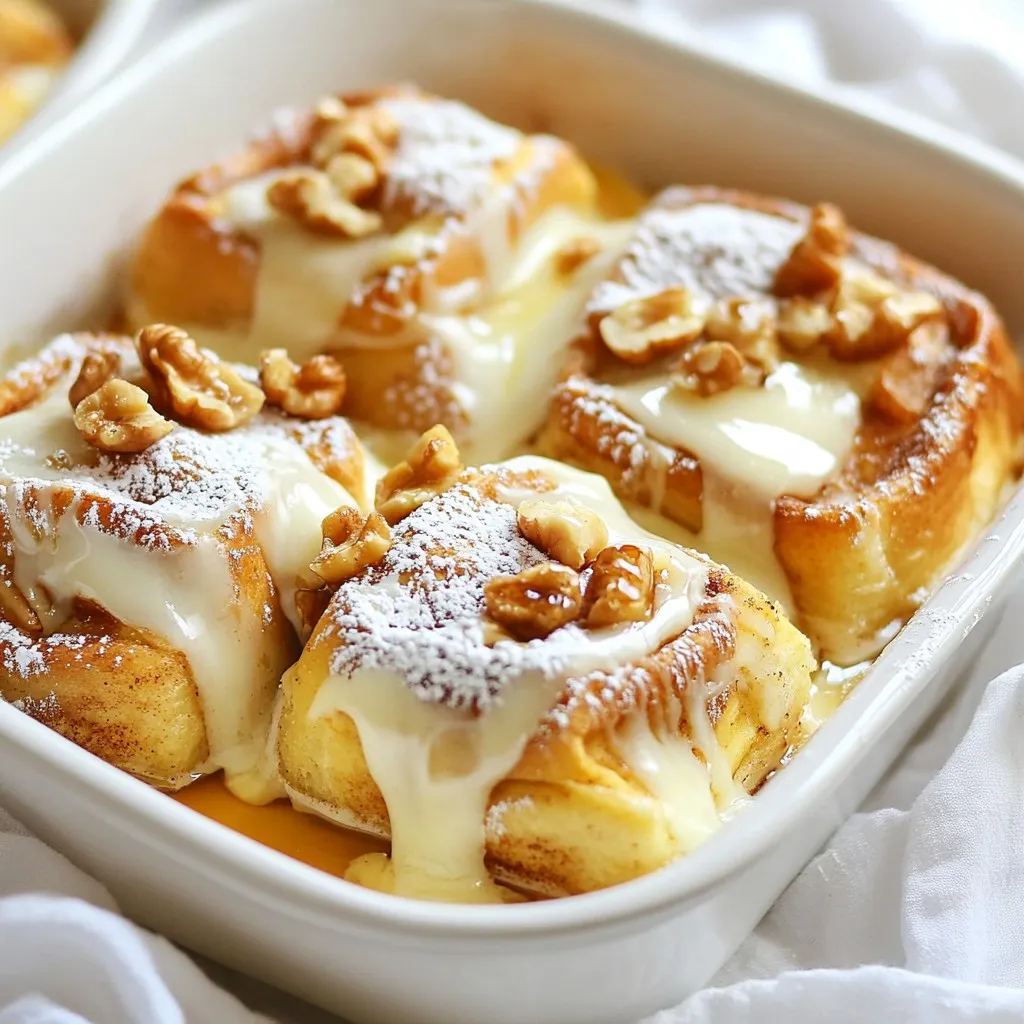 For this delightful dish, you will need the following: - 2 cans of refrigerated cinnamon rolls (8 rolls each) - 6 large eggs - 1 cup whole milk - 1/2 cup heavy cream - 1/2 cup brown sugar - 1 tablespoon vanilla extract - 1 teaspoon ground cinnamon - 1/4 teaspoon salt - 1 cup chopped walnuts (optional) - 1/2 cup maple syrup (for serving) You can add some fun toppings to your casserole. Here are some ideas: - Chopped walnuts for crunch - Fresh berries for color - A dusting of powdered sugar for sweetness To make this tasty casserole, gather these tools: - 9x13-inch baking dish - Large mixing bowl - Whisk for mixing - Spatula for spreading - Oven for baking These ingredients and tools will set you up for success. By using simple items, you can create a dish that your family will love. Enjoy the process and savor the flavors! {{ingredient_image_2}} First, set your oven to 350°F (175°C). This temperature helps the casserole bake evenly. Next, take a 9x13-inch baking dish and lightly grease it with cooking spray or butter. This step prevents the casserole from sticking to the dish. Open both cans of refrigerated cinnamon rolls. Each can has eight rolls. Cut each roll into quarters. This makes bite-sized pieces. Spread the quartered rolls evenly across the greased baking dish. Place them close together for a nice, even bake. In a large bowl, whisk together six large eggs. Add in one cup of whole milk, half a cup of heavy cream, and half a cup of brown sugar. Then, mix in one tablespoon of vanilla extract, one teaspoon of ground cinnamon, and a quarter teaspoon of salt. Make sure everything blends well and is smooth. Pour the egg mixture over the cinnamon roll pieces in the baking dish. Use a spatula to press down gently on the rolls. This helps them soak up the custard. Let the casserole sit for 10 to 15 minutes. This soaking time is important for flavor and texture. Place the baking dish in your preheated oven. Bake for 30 to 35 minutes. Look for the casserole to rise, set, and turn golden brown on top. This golden color means it’s ready to come out. While the casserole bakes, prepare the icing. You can use the packets that come with the cinnamon rolls. If you want to make your own, mix powdered sugar with a small amount of milk until smooth. This icing adds sweetness to the dish. Once baked, take the casserole out of the oven. Drizzle the icing over the warm top. Let it cool for a few minutes before slicing into squares. Serve warm, and offer maple syrup on the side. This adds a sweet touch that everyone will love. You can also garnish with fresh berries for color. To get the best texture, use fresh cinnamon rolls. Check the date on the package. Cut the rolls into bite-sized pieces. This helps them soak up the egg mixture well. Let the casserole sit for 10-15 minutes after pouring the egg mix. This soaking time is key for a soft, custardy center. Bake until golden brown. It should puff up nicely, which adds to the texture. Serve the casserole warm for the best taste. Cut it into squares and place them on a big platter. Drizzle maple syrup on top for sweetness. You can also add fresh berries for color. These add a fresh touch and balance the sweetness. For a fun twist, serve with whipped cream on the side. This makes each bite even more special. While the icing from the cinnamon rolls is tasty, you can make your own. Mix powdered sugar with a bit of milk for a smooth glaze. For extra flavor, add a splash of vanilla extract. This can elevate the taste. You can also try cream cheese icing for a rich twist. Just blend cream cheese, sugar, and a little milk until smooth. It’s a delightful change! Pro Tips Choose Fresh Cinnamon Rolls: For the best flavor and texture, opt for fresh refrigerated cinnamon rolls rather than frozen or day-old ones. Let It Soak: Allowing the casserole to soak for a full 15 minutes ensures that the egg custard is fully absorbed, resulting in a richer texture. Experiment with Add-Ins: Feel free to customize your casserole by adding other ingredients like raisins, chocolate chips, or different nuts for varied flavors. Serve Warm: This dish is best enjoyed warm, so consider serving it straight from the oven for an irresistible treat. {{image_4}} You can change the flavor of your Cinnamon Roll French Toast Casserole easily. Try using different types of cinnamon rolls, like caramel or pumpkin spice. Adding fresh fruit, like apples or blueberries, brings a new twist. You can mix in chocolate chips for a sweet touch, too. Each variation adds its own charm. Want to make this dish healthier? Use egg whites instead of whole eggs. You can swap whole milk and heavy cream for almond milk or low-fat milk. Instead of brown sugar, consider using honey or maple syrup. These changes can help lower calories while keeping great taste. You can switch out some ingredients to fit your needs. If you don't have walnuts, try pecans or leave them out altogether. If you want a gluten-free version, use gluten-free cinnamon rolls. You can also make your own rolls with simple ingredients. Each substitution allows your casserole to be uniquely yours. To keep your Cinnamon Roll French Toast Casserole fresh, store it in an airtight container. Place it in the fridge for up to three days. If you have a large batch, cut it into squares for easy serving. Reheat leftovers in the oven. Preheat to 350°F (175°C). Place the casserole in an oven-safe dish. Cover it with foil to keep it moist. Heat for about 15-20 minutes. You can also use a microwave. Warm individual pieces for about 30-60 seconds, checking to avoid overheating. You can freeze this casserole for later. First, let it cool completely. Wrap it tightly in plastic wrap, then in aluminum foil. This will prevent freezer burn. It can last up to two months in the freezer. When ready to eat, thaw it in the fridge overnight before reheating. Yes, you can prepare this casserole ahead of time. Just follow the first six steps. After you pour the egg mixture over the rolls, cover the dish with plastic wrap. Place it in the fridge overnight. When you are ready, bake it straight from the fridge. You may need to add a few extra minutes to the baking time. The casserole is done when it is puffed and golden brown. The center should feel firm, not jiggly. Insert a toothpick into the middle. If it comes out clean, your casserole is ready to enjoy. Absolutely! Homemade cinnamon rolls work great in this recipe. Just cut them into bite-sized pieces. The baking time may vary a bit, so keep an eye on it as it cooks. This casserole pairs well with a drizzle of maple syrup. You can also add fresh berries or whipped cream. For a fun twist, serve it with a side of crispy bacon or sausage. Each bite is better with a delicious side! This blog post covered everything you need for a delicious Cinnamon Roll French Toast Casserole. You learned about the key ingredients, cooking steps, and tips to enhance your dish. I shared variations for flavor and dietary needs, plus storage info to keep leftovers fresh. With these easy steps and ideas, you can create a tasty breakfast that everyone will love. Happy cooking!