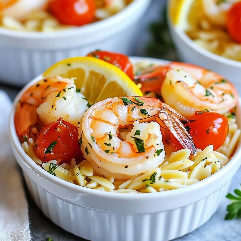 To make this dish, you'll need: - 1 pound shrimp, peeled and deveined - 1 cup orzo pasta - 4 cups low-sodium chicken broth - 4 cloves garlic, minced - 1 medium onion, finely chopped - 1 cup cherry tomatoes, halved - 1 lemon (zested and juiced) - 2 tablespoons olive oil - 1 teaspoon dried oregano - Salt and black pepper to taste - Fresh parsley, chopped (for garnish) These ingredients blend together to create a tasty meal. The shrimp adds protein, while orzo gives a nice base. The lemon and garlic bring bright flavors that make this dish special. Fresh shrimp tastes great, but frozen shrimp can work well too. Fresh shrimp has a firm texture and a sweet taste. It is best when you can find it. Frozen shrimp is often just as good. It is easy to keep on hand and cooks up quickly. If you choose frozen, thaw it first. This step helps it cook evenly. The key to this dish is the seasonings. Garlic adds depth and richness. Lemon zest gives a bright, fresh flavor. Dried oregano adds a warm, earthy note. You can also add crushed red pepper for heat. For a twist, try fresh herbs like basil or dill. These choices can change the dish while keeping it tasty. {{ingredient_image_2}} To make One-Pan Lemon Garlic Shrimp Orzo, gather your ingredients first. You need shrimp, orzo pasta, chicken broth, garlic, onion, cherry tomatoes, lemon, olive oil, oregano, salt, and pepper. This dish takes about 30 minutes from start to finish. It serves four people, making it perfect for a family meal. 1. Heat the olive oil: Start by heating 2 tablespoons of olive oil in a large skillet over medium heat. 2. Cook the onion: Add the finely chopped onion. Sauté it for about 3-4 minutes until it is soft and clear. 3. Add garlic: Toss in 4 minced garlic cloves. Cook for another minute while stirring to avoid burning. 4. Incorporate tomatoes: Add 1 cup of halved cherry tomatoes. Let them cook for 2-3 minutes until soft and juicy. 5. Combine broth and orzo: Pour in 4 cups of chicken broth, and add 1 cup of orzo, lemon zest, 1 teaspoon of oregano, and a pinch of salt and pepper. Stir well to mix everything. 6. Boil and simmer: Raise the heat to bring it to a gentle boil. When it boils, lower the heat, cover the skillet, and let it simmer for 10-12 minutes. Stir it occasionally to keep the orzo from sticking. 7. Cook the shrimp: While the orzo cooks, season 1 pound of shrimp with salt, pepper, and a splash of olive oil. Cook them in a separate pan for about 2-3 minutes on each side until they turn pink and opaque. 8. Mix shrimp with orzo: Once the orzo is ready, gently fold the cooked shrimp into the orzo mixture. 9. Add lemon juice: Squeeze the juice from the lemon over the dish and stir everything again. Taste and adjust seasoning if needed. 10. Let it rest: Take the skillet off the heat. Let the dish sit for a couple of minutes so the flavors blend nicely. The key to perfect orzo is to watch the cooking time. You want it al dente, meaning it should be firm to the bite. If you prefer softer orzo, you can simmer it for an extra minute or two. Just be careful not to overcook it, as it can become mushy. Stirring often helps to get even cooking. For the best flavor in your One-Pan Lemon Garlic Shrimp Orzo, use fresh ingredients. Fresh shrimp add a sweet taste. Also, fresh lemon juice brightens the dish. Make sure to zest the lemon before juicing it. This adds a strong lemon flavor. Don't skip the garlic. It gives depth and richness. A pinch of salt and black pepper rounds out the taste. Avoid overcooking the shrimp. Cook them just until they turn pink and opaque. If you cook them too long, they can become rubbery. Also, don’t rush the orzo. It needs time to absorb the broth. Stir it occasionally for even cooking. Lastly, don’t forget to taste and adjust seasonings. A little extra salt or lemon can make a big difference. Serve your One-Pan Lemon Garlic Shrimp Orzo with a fresh salad. A simple green salad with vinaigrette pairs well. You can also add crusty bread for dipping. If you want a drink, a crisp white wine works nicely. For a fun twist, serve it with lemon wedges on the side. This adds extra zing and makes it look pretty! Pro Tips Fresh Shrimp: Always choose fresh shrimp, preferably wild-caught, for the best flavor and texture. Cook Orzo Al Dente: Ensure you cook the orzo just until al dente, as it will continue to absorb liquid and soften after being mixed with the shrimp. Adjust Lemon Juice: Start with half the amount of lemon juice and add more to taste for a perfectly balanced flavor. Add Greens: For an extra nutritional boost, consider adding spinach or kale during the last few minutes of cooking. {{image_4}} You can boost the flavor of One-Pan Lemon Garlic Shrimp Orzo by adding seasonal vegetables. Fresh veggies make the dish colorful and tasty. Think about adding zucchini, bell peppers, or asparagus. These vegetables cook quickly and mix well with the shrimp and orzo. For example, chop zucchini into small pieces and add them in the last few minutes of cooking. This keeps them crisp and bright. You can also toss in spinach or kale right before serving for added nutrition. If you like heat, you can spice up this dish easily. Adding chili flakes gives a nice kick without overpowering the meal. Start with a pinch and taste as you go. You can also use fresh sliced jalapeños or a dash of hot sauce. This way, you can customize the heat level to your liking. Pairing the spice with lemon will enhance the flavors and make every bite exciting. Not a fan of shrimp? No problem! You can make this dish vegetarian by swapping shrimp with plant-based options. Try using chickpeas for protein. They add a nice texture and soak up flavors well. You can also use roasted mushrooms for a meaty feel. Just sauté them until golden before adding to the orzo. Another option is to use tofu. Cube it and sauté with garlic and onion for a tasty twist. This way, you can still enjoy the bright flavors of lemon and garlic without the seafood. Store leftover One-Pan Lemon Garlic Shrimp Orzo in an airtight container. Let the dish cool down first. Place it in the fridge for up to three days. Remember to label the container with the date. This way, you keep track of its freshness. When you’re ready to enjoy your leftovers, reheat them gently. Use a skillet over low heat. Add a splash of chicken broth to keep it moist. Stir it often to avoid burning. You can also use the microwave. Heat in short bursts, stirring in between. This will help warm it evenly. Freezing One-Pan Lemon Garlic Shrimp Orzo is easy. Start by letting it cool completely. Then, portion it into freezer-safe bags or containers. This helps save space. Remove as much air as possible to prevent freezer burn. It can last up to three months in the freezer. When you're ready to eat, thaw it in the fridge overnight before reheating. Yes, you can use other pastas like penne or fusilli. Just remember that cooking times may change. Check the package for exact details. The key is to adjust the liquid and cooking time. Shrimp is done when it turns pink and opaque. This usually takes about 2-3 minutes on each side. If the shrimp curls up, that's a good sign too. Overcooked shrimp can get tough, so watch close. Serve the orzo and shrimp in shallow bowls. Add a sprinkle of chopped parsley on top for color. A lemon wedge on the side adds extra zing. This dish looks great and tastes even better! You’ve learned how to make One-Pan Lemon Garlic Shrimp Orzo. We covered key ingredients, cooking steps, and tips for great flavor. Remember to avoid common mistakes and adjust cooking time for perfect orzo. Feel free to add seasonal veggies or make it spicy for variety. Properly storing and reheating leftovers keeps your dish tasty. With these insights, you can impress family and friends with this easy meal. Enjoy your cooking journey!