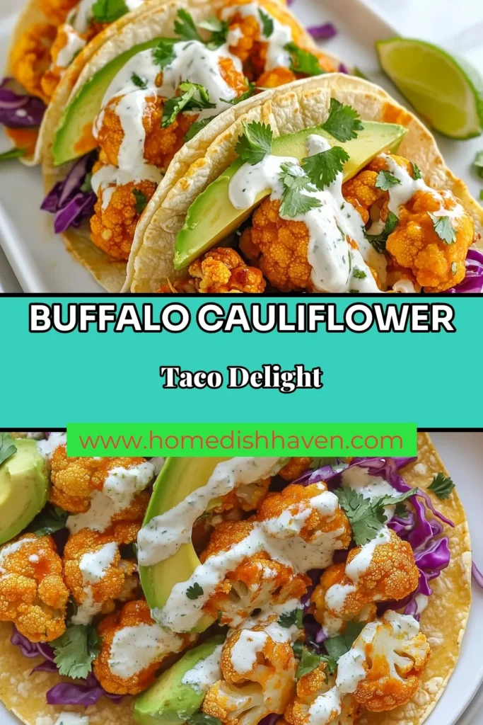 Savor the spicy goodness of Buffalo cauliflower tacos with this easy vegetarian taco recipe! Perfectly baked cauliflower florets tossed in zesty Buffalo sauce create a delicious filling for your tacos. These spicy cauliflower tacos are not only tasty but also vegan-friendly. Enjoy the crunch of purple cabbage and creamy avocado wrapped in warm corn tortillas. Try this baked cauliflower tacos recipe today and spice up your meal! #BuffaloCauliflowerTacos #VeganBuffaloTacos #VegetarianTacoRecipe #SpicyCauliflowerTacos