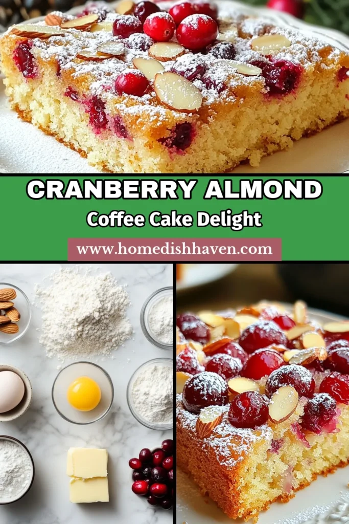 Discover the delicious Cranberry Almond Coffee Cake, the best coffee cake recipe that combines tart cranberries and crunchy almonds for a perfect treat. This easy cranberry dessert is made with sour cream for added moisture, creating a delightful almond cake with cranberries that's perfect for any occasion. Bake this crowd-pleaser today and elevate your coffee break! Save this recipe for later! #CoffeeCake #CranberryDessert #BakingJoy #SweetTreats