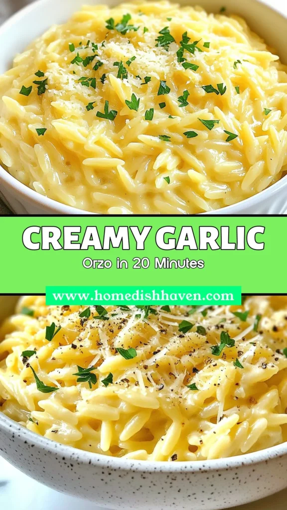 Discover the ultimate creamy garlic orzo recipe that’s perfect for any occasion! This easy orzo dish features rich Parmesan orzo pasta combined with garlic and heavy cream, making it a delicious vegetarian garlic orzo that everyone will love. In just 20 minutes, you can whip up this comforting meal that's sure to impress. Save this recipe for your next cooking adventure! #GarlicOrzo #VegetarianRecipes #EasyDinner #OrzoPasta