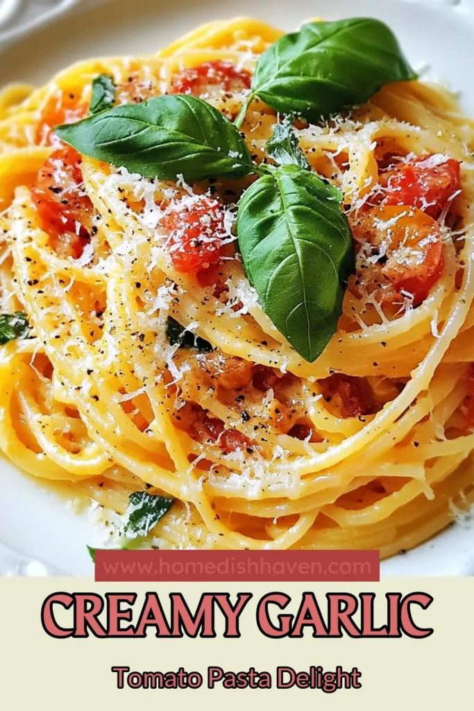 Discover how to make a delicious creamy garlic tomato pasta that’s perfect for any occasion! This easy pasta recipe features a rich dairy-free pasta sauce, making it an excellent choice for everyone. With luscious spaghetti smothered in creamy sauce and a hint of Italian seasoning, this Italian tomato pasta recipe is a must-try. Ready in just 25 minutes, it’s perfect for busy weeknights. Save this recipe for your next meal! #PastaRecipe #DairyFree #EasyDinner #ItalianFood