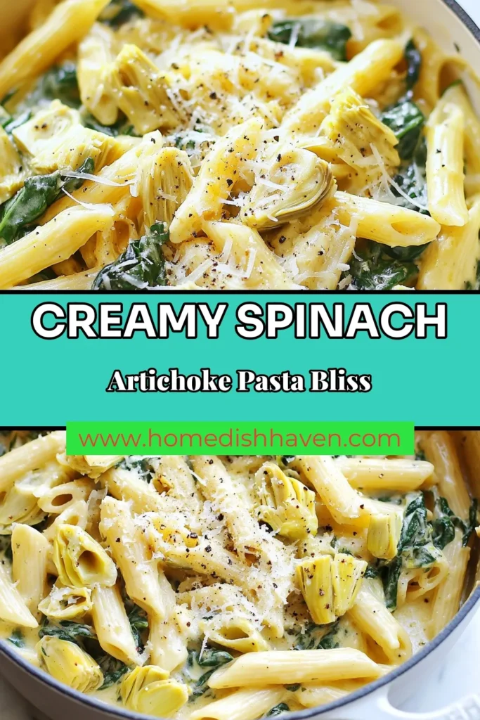 Indulge in the deliciousness of One-Pot Spinach Artichoke Pasta, a perfect blend of creamy pasta recipes that’s quick and easy to make. This easy vegetarian pasta dish combines penne, artichokes, and fresh spinach for a delightful meal in just 30 minutes. Ideal for busy weeknights, this quick dinner recipe will impress your family and friends. Try this flavorful spinach artichoke dish today! Save for later! #OnePotPasta #VegetarianRecipes #EasyDinner #PastaLovers