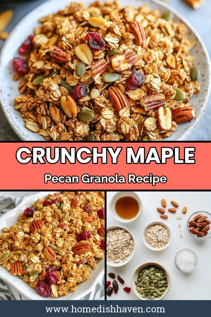Indulge in this delicious maple pecan granola that's perfect for a healthy breakfast or snack! This homemade granola recipe combines crunchy granola with nuts, rolled oats, and pure maple syrup for a delightful taste. It’s an easy way to enjoy healthy granola snacks at home. Make your mornings better with this simple recipe. Try it, save it for later, and satisfy your cravings! #MaplePecanGranola #HealthySnacks #GranolaRecipe #CrunchyGranola