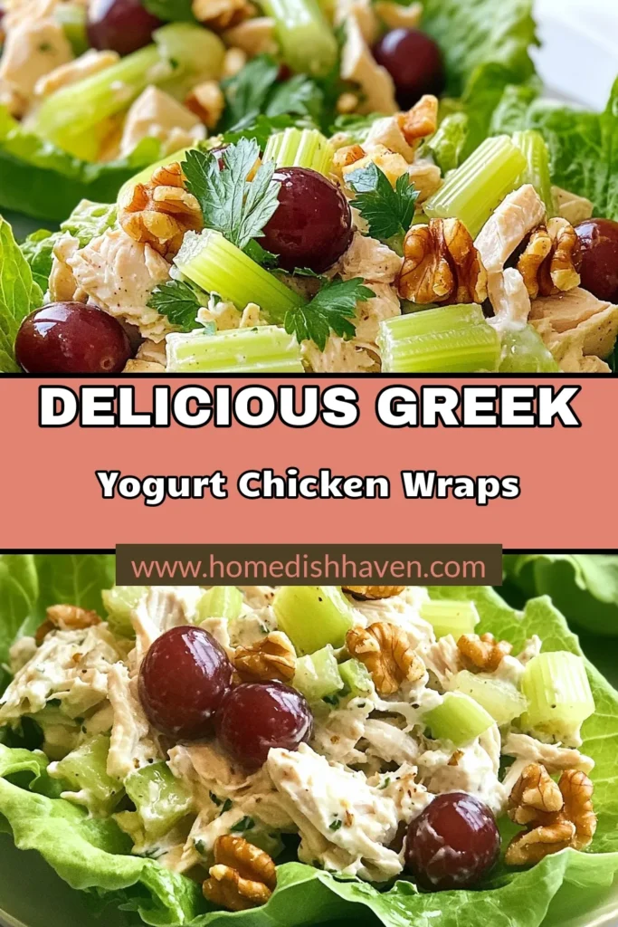 Create a delicious meal with these Greek Yogurt Chicken Salad Lettuce Wraps! Perfect as a healthy chicken salad option, these low-carb chicken salad wraps are packed with flavor. Using simple ingredients like Greek yogurt and fresh vegetables, this Mediterranean chicken wrap recipe is both satisfying and nutritious. Save this recipe for a quick, easy lunch or snack! Enjoy guilt-free eating! #GreekYogurtChickenSalad #LettuceWrapsRecipes #HealthyChickenSalad #LowCarbChickenSalad