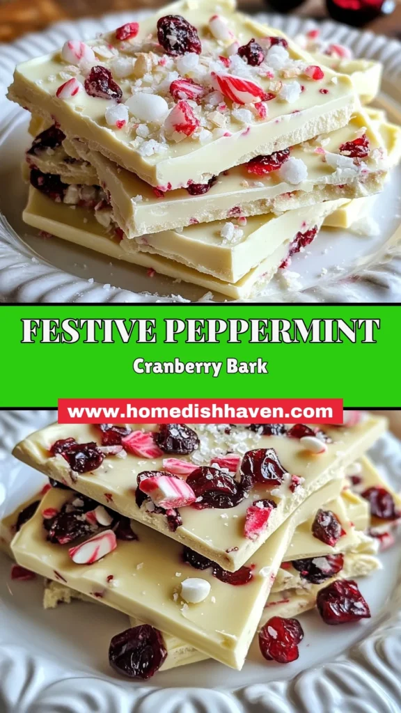 Indulge in the festive spirit with this Peppermint Cranberry Bark! This holiday chocolate bark recipe layers rich white and dark chocolate, dotted with sweet cranberries and crunchy peppermint. Perfect as a Christmas dessert or a delightful treat for any occasion. Easily make this festive candy recipe in under an hour and impress your guests! Try it now and elevate your holiday celebrations. #PeppermintCranberryBark #HolidayRecipes #ChristmasDesserts #CandyRecipes