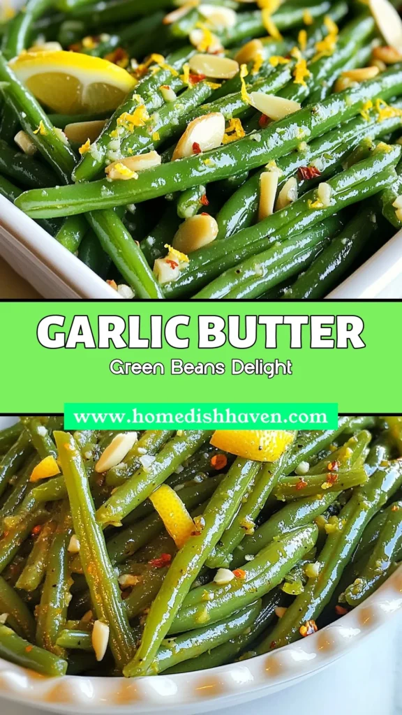 Discover the deliciousness of Garlic Butter Green Beans with this easy sautéed green beans recipe that transforms your meals! Bursting with flavor from garlic and fresh lemon, these Garlic Green Beans with Almonds make the perfect easy green bean side dish. Whether for a weeknight or special occasion, this recipe is sure to impress. Try it now and elevate your dining experience! Save this for your next meal inspiration! #GarlicButterGreenBeans #GreenBeanRecipe #EasySideDish #LemonGarlicGreenBeans