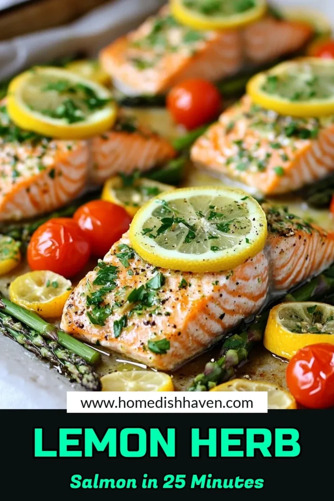 Looking for a zesty salmon recipe that's quick and healthy? Try this Sheet Pan Lemon Herb Salmon! This easy salmon recipe features fresh salmon fillets, vibrant cherry tomatoes, and tender asparagus all baked to perfection in just 25 minutes. Bursting with flavor, this healthy salmon dinner is ideal for weeknights. Don’t forget to save for your dinner inspiration! #LemonHerbSalmon #SheetPanSalmon #HealthyDinner #EasySalmonRecipe