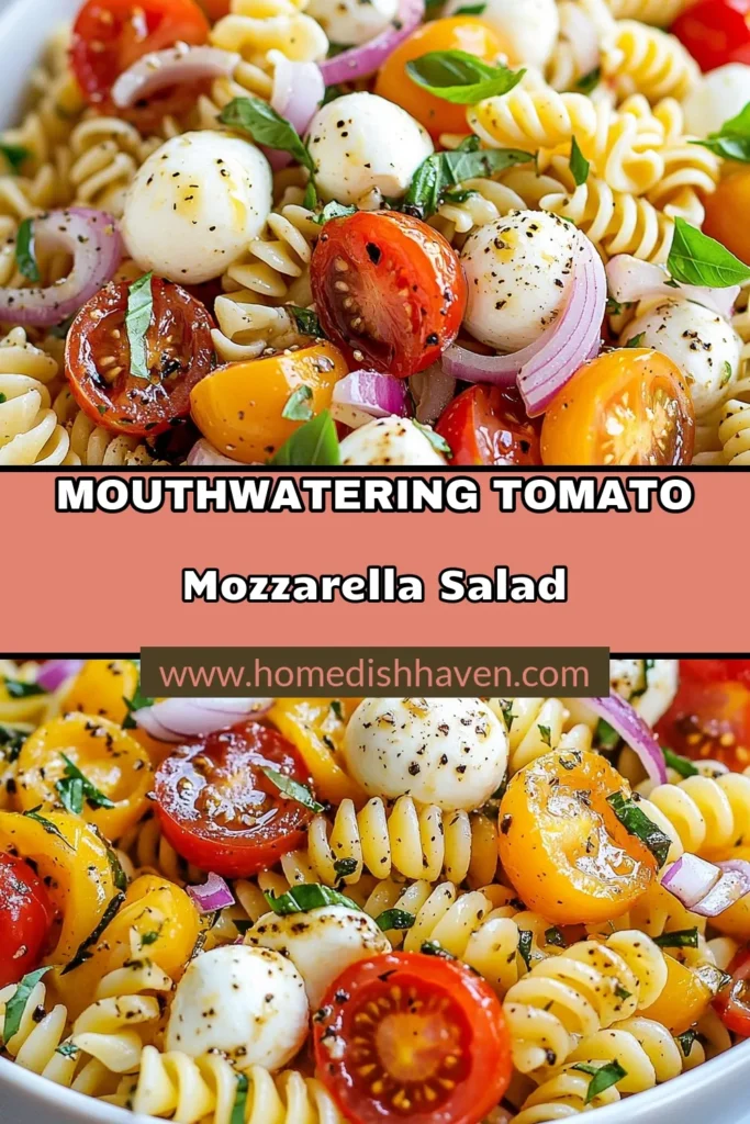 Looking for a refreshing and flavorful dish? Try this easy Tomato Mozzarella Pasta Salad! Made with fusilli pasta, cherry tomatoes, and fresh mozzarella, this Italian pasta salad with basil is perfect for summer gatherings. Enjoy this Cold Pasta Salad Recipe that's quick to prepare and bursting with Mediterranean flavors. Perfect for picnics or potlucks! Save this delicious Fusilli Pasta Salad Recipe for later! #TomatoMozzarellaPastaSalad #ItalianPastaSalad #PastaSaladRecipes #CherryTomatoSalad