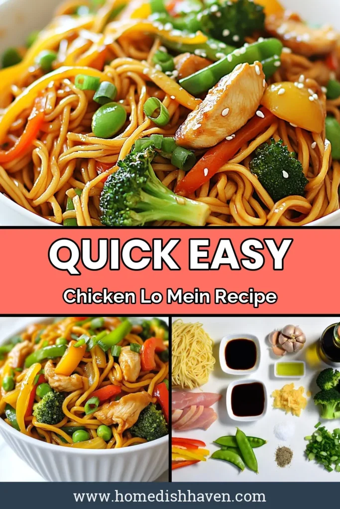 Craving a quick and delicious meal? Try this easy chicken lo mein recipe that's perfect for a busy weeknight! With just a few chicken lo mein ingredients like lo mein noodles, vibrant veggies, and tender chicken, you'll have a tasty homemade lo mein in no time. This quick stir fry noodles dish is not only easy to make but also bursting with flavor. Save this recipe for your next dinner! #EasyChickenLoMein #HomemadeLoMeinRecipe #QuickStirFryNoodles #ChineseChickenNoodleDish